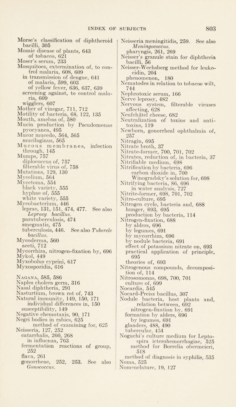 Morse’s classification of diphtheroid bacilli, 305 Mosaic disease of plants, 643 of tobacco, 621 Moser’s serum, 233 Mosquitoes, extermination of, to con¬ trol malaria, 608, 609 in transmission of dengue, 641 of malaria, 599, 603 of yellow fever, 636, 637, 639 screening against, to control mala¬ ria, 609 wigglers, 607 Mother of vinegar, 711, 712 Motility of bacteria, 68, 122, 135 Mouth, amebas of, 580 Mucin production by Pseudomonas pyocyanea, 495 Mucor mucedo, 564, 565 mucilaginus, 565 Mucous membranes, infection through, 145 Mumps, 757 diplococcus of, 757 filterable virus of, 758 Mutations, 129, 130 Mycelium, 564 Mycetoma, 554 black variety, 555 hvphae of, 555 white variety, 555 Mvcobacterium, 446 leprae, 131, 151, 474, 477. See also Leprosy bacillus. paratuberculosis, 474 smegmatis, 475 tuberculosis, 446. See also Tubercle bacillus. Mycoderma, 560 aceti, 712 Mycorrhiza, nitrogen-fixation by, 696 Mykol, 449 Myxobolus cyprini, 617 Myxosporidia, 616 Nagana, 585, 586 Naples cholera germ, 316 Nasal diphtheria, 291 Nasturtium, brown rot of, 743 Natural immunity, 149, 150, 171 individual differences in, 150 susceptibility, 149 Negative chemotaxis, 90, 171 Negri bodies in rabies, 625 method of examining for, 625 Neisseria, 127, 252 catarrhalis, 260, 268 in influenza, 763 fermentation reactions of group, 252 flava, 261 gonorrheae, 252, 253. See also Gonococcus. Neisseria meningitidis, 259. See also M eningococcus. pharyngis, 261, 269 Neisser’s granule stain for diphtheria bacilli, 56 Neisser-Wechsberg method for leuko- cidin, 204 phenomenon, 180 Nematodes in relation to tobacco wilt, 744 Nephrotoxic serum, 166 Nerve leprosy, 482 Nervous system, filterable viruses affecting, 628 Neufchatel cheese, 682 Neutralization of toxins and anti¬ toxins, 119 Newborn, gonorrheal ophthalmia of, 257 # Nitragin, 695 Nitrate broth, 37 Nitrate-former, 700, 701, 702 Nitrates, reduction of, in bacteria, 37 Nitrifiable medium, 698 Nitrification by bacteria, 696 carbon dioxide in, 700 Winogradsky’s solution for, 698 Nitrifying bacteria, 86, 696 in water analysis, 727 Nitrite-former, 698, 701, 702 Nitro-culture, 695 Nitrogen cycle, bacteria and, 688 hunger, 693, 695 production by bacteria, 114 Nitrogen-fixation, 688 by alders, 696 by legumes, 691 by mycorrhiza, 696 by nodule bacteria, 691 effect of potassium nitrate on, 693 practical application of principle, 695 theories of, 693 Nitrogenous compounds, decomposi¬ tion of, 114 Nitrosomonas, 698, 700, 701 culture of, 699 Nocardia, 545 Nocard-Preisz bacillus, 307 Nodule bacteria, host plants and, relation between, 692 nitrogen-fixation by, 691 formation by alders, 696 by legumes, 691 glanders, 488, 490 tubercular, 454 Noguchi’s culture medium for Lepto¬ spira icterohemorrhagiae, 525 method for Borrelia obermeieri, 518 method of diagnosis in syphilis, 535 Noma, 525 Nomenclature, 19, 127