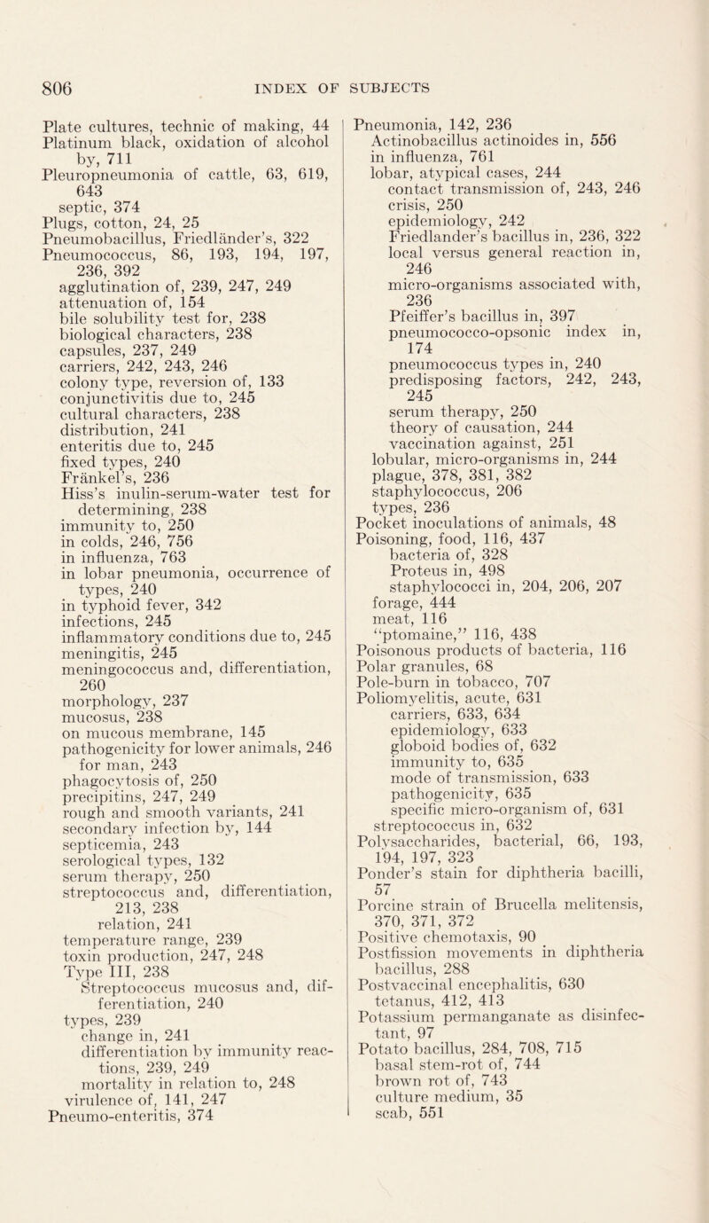 Plate cultures, technic of making, 44 Platinum black, oxidation of alcohol by, 711 Pleuropneumonia of cattle, 63, 619, 643 septic, 374 Plugs, cotton, 24, 25 Pneumobacillus, Friedlander’s, 322 Pneumococcus, 86, 193, 194, 197, 236 392 agglutination of, 239, 247, 249 attenuation of, 154 bile solubility test for, 238 biological characters, 238 capsules, 237, 249 carriers, 242, 243, 246 colony type, reversion of, 133 conjunctivitis due to, 245 cultural characters, 238 distribution, 241 enteritis due to, 245 fixed types, 240 Frankel’s, 236 Hiss’s inulin-serum-water test for determining, 238 immunity to, 250 in colds, 246, 756 in influenza, 763 in lobar pneumonia, occurrence of types, 240 in typhoid fever, 342 infections, 245 inflammatory conditions due to, 245 meningitis, 245 meningococcus and, differentiation, 260 morphology, 237 mucosus, 238 on mucous membrane, 145 pathogenicity for lower animals, 246 for man, 243 phagocytosis of, 250 precipitins, 247, 249 rough and smooth variants, 241 secondary infection by, 144 septicemia, 243 serological types, 132 serum therapy, 250 streptococcus and, differentiation, 213, 238 relation, 241 temperature range, 239 toxin production, 247, 248 Type III, 238 Streptococcus mucosus and, dif¬ ferentiation, 240 types, 239 change in, 241 differentiation by immunity reac¬ tions, 239, 249 mortality in relation to, 248 virulence of, 141, 247 Pneumo-enteritis, 374 Pneumonia, 142, 236 Actinobacillus actinoides in, 556 in influenza, 761 lobar, atypical cases, 244 contact transmission of, 243, 246 crisis, 250 epidemiology, 242 Friedlander’s bacillus in, 236, 322 local versus general reaction in, 246 micro-organisms associated with, 236 Pfeiffer’s bacillus in, 397 pneumococco-opsonic index in, 174 pneumococcus types in, 240 predisposing factors, 242, 243, 245 serum therapy, 250 theory of causation, 244 vaccination against, 251 lobular, micro-organisms in, 244 plague, 378, 381, 382 staphylococcus, 206 types, 236 Pocket inoculations of animals, 48 Poisoning, food, 116, 437 bacteria of, 328 Proteus in, 498 staphylococci in, 204, 206, 207 forage, 444 meat, 116 “ptomaine,” 116, 438 Poisonous products of bacteria, 116 Polar granules, 68 Pole-burn in tobacco, 707 Poliomyelitis, acute, 631 carriers, 633, 634 epidemiology, 633 globoid bodies of, 632 immunity to, 635 mode of transmission, 633 pathogenicity, 635 specific micro-organism of, 631 streptococcus in, 632 Polvsaccharides, bacterial, 66, 193, 194, 197, 323 Ponder’s stain for diphtheria bacilli, 57 Porcine strain of Brucella melitensis, 370, 371, 372 Positive chemotaxis, 90 Postfission movements in diphtheria bacillus, 288 Postvaccinal encephalitis, 630 tetanus, 412, 413 Potassium permanganate as disinfec¬ tant, 97 Potato bacillus, 284, 708, 715 basal stem-rot of, 744 brown rot of, 743 culture medium, 35 scab, 551
