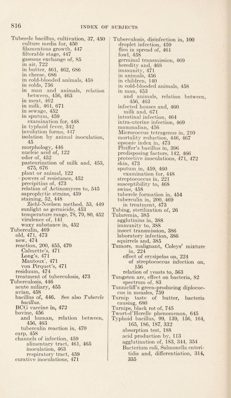 Tubercle bacillus, cultivation, 37, 450 culture media for, 450 filamentous growth, 447 filterable stage, 447 gaseous exchange of, 85 in air, 722 in butter, 461, 462, 686 in cheese, 686 in cold-blooded animals, 458 in colds, 756 in man and animals, relation between, 456, 463 in meat, 462 in milk, 461, 671 in sewage, 452 in sputum, 459 examination for, 448 in typhoid fever, 342 involution forms, 447 isolation by animal inoculation, 45 morphology, 446 nucleic acid of, 122 odor of, 452 pasteurization of milk and, 453, 675, 676 _ plant or animal, 122 * powers of resistance, 452 precipitins of, 473 relation of Actinomyces to, 545 saprophytic strains, 459 staining, 52, 448 Ziehl-Neelsen method, 53, 449 sunlight as germicide, 453 temperature range, 78, 79, 80, 452 virulence of, 141 waxy substance in, 452 Tuberculin, 469 old, 471, 473 new, 474 reaction, 200, 455, 470 Calmette’s, 471 Long’s, 471 Mautoux’, 471 von Pirquet’s, 471 residuum, 474 treatment of tuberculosis, 473 Tuberculosis, 446 acute miliary, 455 avian, 458 bacillus of, 446. See also Tubercle bacillus. BCG vaccine in, 472 bovine, 456 and human, relation between, 456, 463 tuberculin reaction in, 470 carp, 458 channels of infection, 459 alimentary tract, 461, 465 inoculation, 463 respiratory tract, 459 curative inoculations, 471 Tuberculosis, disinfection in, 100 droplet infection, 459 flies in spread of, 461 fowl, 458 germinal transmission, 469 heredity and, 468 immunity, 471 in animals, 456 in children, 140 in cold-blooded animals, 458 in man, 453 and animals, relation between, 456, 463 infected houses and, 460 milk and, 671 intestinal infection, 464 intra-uterine infection, 469 mammalian, 456 Micrococcus tetragenus in, 210 mortality reduction, 446, 467 opsonic index in, 473 Pfeiffer’s bacillus in, 396 predisposing factors, 142, 466 protective inoculations, 471, 472 skin, 473 sputum in, 459, 460 examination for, 448 streptococcus in, 221 susceptibility to, 468 swine, 458 tubercle formation in, 454 tuberculin in, 200, 469 in treatment, 473 Tubing, sterilization of, 26 Tularemia, 385 agglutinins in, 388 immunity to, 388 insect transmission, 386 laboratory infection, 386 squirrels and, 385 Tumors, malignant, Coleys’ mixture in, 224 effect of erysipelas on, 224 of streptococcus infection on, 156 relation of yeasts to, 563 Tungsten arc, effect on bacteria, 82 spectrum of, 83 Tunnicliff’s green-producing diplococ- cus in measles, 759 Turnip taste of butter, bacteria causing, 680 Turnips, black rot of, 745 Twort-d’Herelle phenomenon, 645 Typhoid bacillus, 99, 139, 156, 164, 165, 186, 187, 332 absorption test, 188 acid production by, 113 agglutination of, i.83, 344, 354 Bacterium coli, Salmonella enteri- tidis and, differentiation, 314, 335