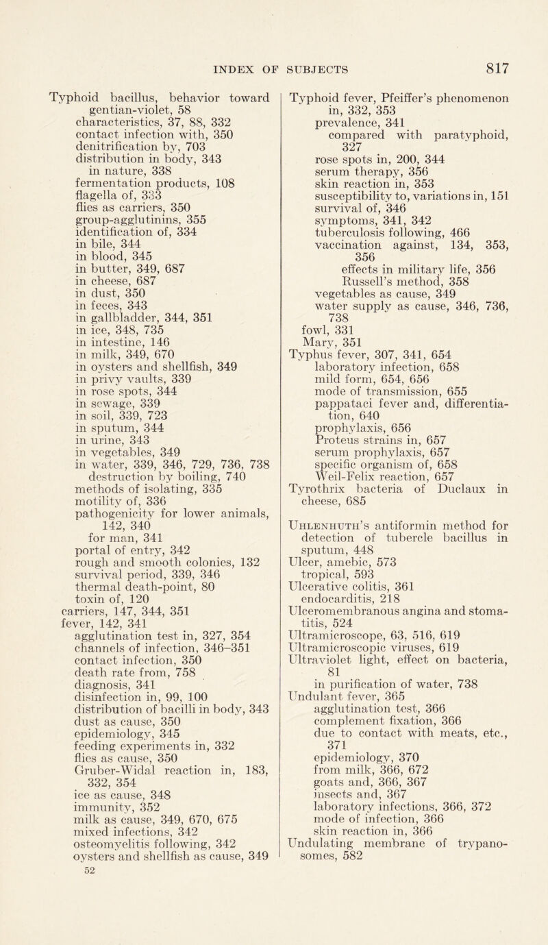 Typhoid bacillus, behavior toward gentian-violet, 58 characteristics, 37, 88, 332 contact infection with, 350 denitrification by, 703 distribution in body, 343 in nature, 338 fermentation products, 108 flagella of, 333 flies as carriers, 350 group-agglutinins, 355 identification of, 334 in bile, 344 in blood, 345 in butter, 349, 687 in cheese, 687 in dust, 350 in feces, 343 in gallbladder, 344, 351 in ice, 348, 735 in intestine, 146 in milk, 349, 670 in oysters and shellfish, 349 in privy vaults, 339 in rose spots, 344 in sewage, 339 in soil, 339, 723 in sputum, 344 in urine, 343 in vegetables, 349 in water, 339, 346, 729, 736, 738 destruction by boiling, 740 methods of isolating, 335 motility of, 336 pathogenicity for lower animals, 142, 340 for man, 341 portal of entry, 342 rough and smooth colonies, 132 survival period, 339, 346 thermal death-point, 80 toxin of, 120 carriers, 147, 344, 351 fever, 142, 341 agglutination test in, 327, 354 channels of infection, 346-351 contact infection, 350 death rate from, 758 diagnosis, 341 disinfection in, 99, 100 distribution of bacilli in body, 343 dust as cause, 350 epidemiology, 345 feeding experiments in, 332 flies as cause, 350 Gruber-Widal reaction in, 183, 332, 354 ice as cause, 348 immunity, 352 milk as cause, 349, 670, 675 mixed infections, 342 osteomyelitis following, 342 oysters and shellfish as cause, 349 52 Typhoid fever, Pfeiffer’s phenomenon in, 332, 353 prevalence, 341 compared with paratvphoid, 327 rose spots in, 200, 344 serum therapy, 356 skin reaction in, 353 susceptibility to, variations in, 151 survival of, 346 symptoms, 341, 342 tuberculosis following, 466 vaccination against, 134, 353, 356 effects in military life, 356 Russell’s method, 358 vegetables as cause, 349 water supply as cause, 346, 736, 738 fowl, 331 Mary, 351 Typhus fever, 307, 341, 654 laboratory infection, 658 mild form, 654, 656 mode of transmission, 655 pappataci fever and, differentia¬ tion, 640 prophylaxis, 656 Proteus strains in, 657 serum prophylaxis, 657 specific organism of, 658 Weil-Felix reaction, 657 Tyrothrix bacteria of Duclaux in cheese, 685 Uhlenhuth’s antiformin method for detection of tubercle bacillus in sputum, 448 Ulcer, amebic, 573 tropical, 593 Ulcerative colitis, 361 endocarditis, 218 Ulceromembranous angina and stoma¬ titis, 524 Ultramicroscope, 63, 516, 619 Ultramicroscopic viruses, 619 Ultraviolet light, effect on bacteria, 81 in purification of water, 738 Undulant fever, 365 agglutination test, 366 complement fixation, 366 due to contact with meats, etc., 371 epidemiology, 370 from milk, 366, 672 goats and, 366, 367 insects and, 367 laboratory infections, 366, 372 mode of infection, 366 skin reaction in, 366 Undulating membrane of trypano¬ somes, 582