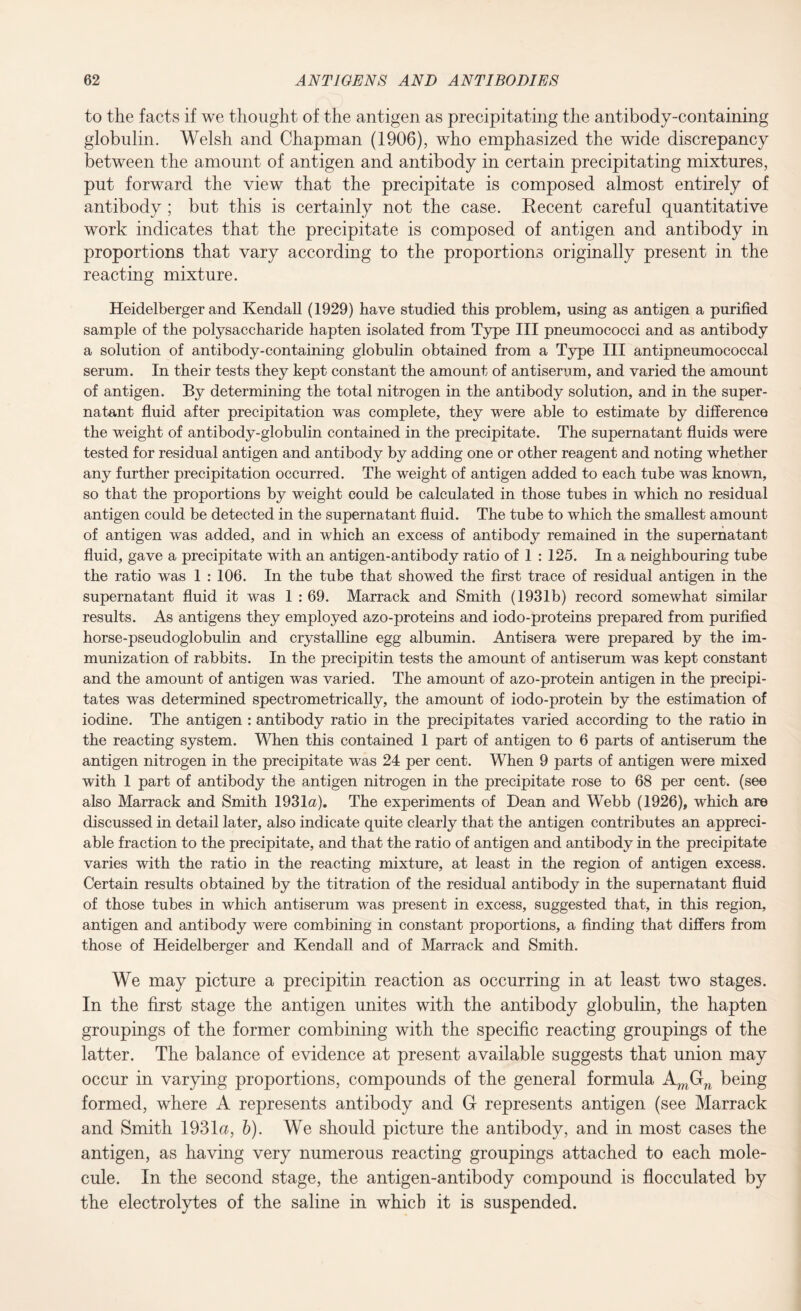 to the facts if we thought of the antigen as precipitating the antibody-containing globulin. Welsh and Chapman (1906), who emphasized the wide discrepancy between the amount of antigen and antibody in certain precipitating mixtures, put forward the view that the precipitate is composed almost entirely of antibody ; but this is certainly not the case. Recent careful quantitative work indicates that the precipitate is composed of antigen and antibody in proportions that vary according to the proportions originally present in the reacting mixture. Heidelberger and Kendall (1929) have studied this problem, using as antigen a purified sample of the polysaccharide hapten isolated from Type III pneumococci and as antibody a solution of antibody-containing globulin obtained from a Type III antipneumococcal serum. In their tests they kept constant the amount of antiserum, and varied the amount of antigen. By determining the total nitrogen in the antibody solution, and in the super¬ natant fluid after precipitation was complete, they were able to estimate by difference the weight of antibody-globulin contained in the precipitate. The supernatant fluids were tested for residual antigen and antibody by adding one or other reagent and noting whether any further precipitation occurred. The weight of antigen added to each tube was known, so that the proportions by weight could be calculated in those tubes in which no residual antigen could be detected in the supernatant fluid. The tube to which the smallest amount of antigen was added, and in which an excess of antibody remained in the supernatant fluid, gave a precipitate with an antigen-antibody ratio of 1 : 125. In a neighbouring tube the ratio was 1 : 106. In the tube that showed the first trace of residual antigen in the supernatant fluid it was 1 : 69. Marrack and Smith (1931b) record somewhat similar results. As antigens they employed azo-proteins and iodo-proteins prepared from purified horse-pseudoglobulin and crystalline egg albumin. Antisera were prepared by the im¬ munization of rabbits. In the precipitin tests the amount of antiserum was kept constant and the amount of antigen was varied. The amount of azo-protein antigen in the precipi¬ tates was determined spectrometrically, the amount of iodo-protein by the estimation of iodine. The antigen : antibody ratio in the precipitates varied according to the ratio in the reacting system. When this contained 1 part of antigen to 6 parts of antiserum the antigen nitrogen in the precipitate was 24 per cent. When 9 parts of antigen were mixed with 1 part of antibody the antigen nitrogen in the precipitate rose to 68 per cent, (see also Marrack and Smith 1931a). The experiments of Dean and Webb (1926), which are discussed in detail later, also indicate quite clearly that the antigen contributes an appreci¬ able fraction to the precipitate, and that the ratio of antigen and antibody in the precipitate varies with the ratio in the reacting mixture, at least in the region of antigen excess. Certain results obtained by the titration of the residual antibody in the supernatant fluid of those tubes in which antiserum was present in excess, suggested that, in this region, antigen and antibody were combining in constant proportions, a finding that differs from those of Heidelberger and Kendall and of Marrack and Smith. We may picture a precipitin reaction as occurring in at least two stages. In the first stage the antigen unites with the antibody globulin, the hapten groupings of the former combining with the specific reacting groupings of the latter. The balance of evidence at present available suggests that union may occur in varying proportions, compounds of the general formula AmGu being formed, where A represents antibody and G- represents antigen (see Marrack and Smith 1931a, b). We should picture the antibody, and in most cases the antigen, as having very numerous reacting groupings attached to each mole¬ cule. In the second stage, the antigen-antibody compound is flocculated by the electrolytes of the saline in which it is suspended.