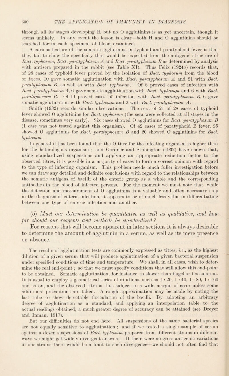 through all its stages developing H but no O agglutinins is as yet uncertain, though it seems unlikely. In any event the lesson is clear—both H and 0 agglutinins should be searched for in each specimen of blood examined. A curious feature of the somatic agglutinins in typhoid and paratyphoid fever is that they fail to show the specificity that would be expected from the antigenic structure of Bad. typhosum, Bad. paratyphosum A and Bad. paratyphosum B as determined by analysis with antisera prepared in the rabbit (see Table XI). Thus Felix (1924a) records that, of 28 cases of typhoid fever proved by the isolation of Bad. typhosum from the blood or fseces, 10 gave somatic agglutination with Bad. paratyphosum A and 21 with Bad. paratyphosum B, as well as with Bad. typhosum. Of 8 proved cases of infection with Bad. paratyphosum A, 6 gave somatic agglutination with Bad. typhosum and 6 with Bad. paratyphosum B. Of 11 proved cases of infection with Bad. paratyphosum B, 6 gave somatic agglutination with Bad. typhosum and 2 with Bad. paratyphosum A. Smith (1932) records similar observations. The sera of 21 of 28 cases of typhoid fever showed O agglutinins for Bad. typhosum (the sera were collected at all stages in the disease, sometimes very early). Six cases showed O agglutinins for Bad. paratyphosum B (1 case was not tested against this organism). Of 42 cases of paratyphoid B fever, 25 showed O agglutinins for Bad. paratyphosum B and 20 showed O agglutinins for Bad. typhosum. In general it has been found that the 0 titre for the infecting organism is higher than for the heterologous organism ; and Gardner and Stubington (1932) have shown that, using standardized suspensions and applying an appropriate reduction factor to the observed titres, it is possible in a majority of cases to form a correct opinion with regard to the type of infecting organism. This problem needs much fuller investigation before we can draw any detailed and definite conclusions with regard to the relationships between the somatic antigens of bacilli of the enteric group as a whole and the corresponding antibodies in the blood of infected persons. For the moment we must note that, while the detection and measurement of O agglutinins is a valuable and often necessary step in the diagnosis of enteric infection, it appears to be of much less value in differentiating between one type of enteric infection and another. (5) Must our determination be quantitative as well as qualitative, and how far should our reagents and methods be standardized ? For reasons that will become apparent in later sections it is always desirable to determine the amount of agglutinin in a serum, as well as its mere presence or absence. The results of agglutination tests are commonly expressed as titres, i.e., as the highest dilution of a given serum that will produce agglutination of a given bacterial suspension under specified conditions of time and temperature. We shall, in all cases, wish to deter¬ mine the real end-point ; so that we must specify conditions that will allow this end-point to be obtained. Somatic agglutination, for instance, is slower than flagellar flocculation. It is usual to employ a geometrical series of dilutions, such as 1 : 20, 1 : 40, 1 : 80, 1 : 160 and so on, and the observed titre is thus subject to a wide margin of error unless some additional precautions are taken. A rough approximation may be made by noting the last tube to show detectable flocculation of the bacilli. By adopting an arbitrary degree of agglutination as a standard, and applying an interpolation table to the actual readings obtained, a much greater degree of accuracy can be attained (see Dreyer and Inman, 1917). But our difficulties do not end here. All suspensions of the same bacterial species are not equally sensitive to agglutination ; and if we tested a single sample of serum against a dozen suspensions of Bad. typhosum prepared from different strains in different ways we might get widely divergent answers. If there were no gross antigenic variations in our strains there would be a limit to such divergence—we should not often find that