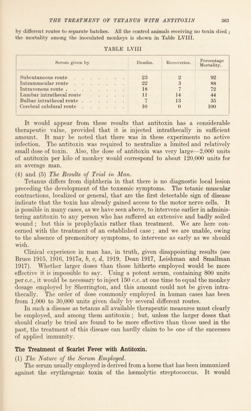 by different routes to separate batches. All the control animals receiving no toxin died ; the mortality among the inoculated monkeys is shown in Table LVIII. TABLE LVIII Serum given by Deaths. Recoveries. Percentage Mortality. Subcutaneous route. 23 2 92 Intramuscular route. 22 3 88 Intravenous route. 18 7 72 Lumbar intrathecal route. 11 14 44 Bulbar intrathecal route. 7 13 35 Cerebral subdural route. 10 0 100 It would appear from these results that antitoxin has a considerable therapeutic value, provided that it is injected intrathecally in sufficient amount. It may be noted that there was in these experiments no active infection. The antitoxin was required to neutralize a limited and relatively small dose of toxin. Also, the dose of antitoxin was very large—2,000 units of antitoxin per kilo of monkey would correspond to about 120,000 units for an average man. (4) and (5) The Results of Trial in Man. Tetanus differs from diphtheria in that there is no diagnostic local lesion preceding the development of the toxaemic symptoms. The tetanic muscular contractions, localized or general, that are the first detectable sign of disease indicate that the toxin has already gained access to the motor nerve cells. It is possible in many cases, as we have seen above, to intervene earlier in adminis¬ tering antitoxin to any person who has suffered an extensive and badly soiled wound ; but this is prophylaxis rather than treatment. We are here con¬ cerned with the treatment of an established case ; and we are unable, owing to the absence of premonitory symptoms, to intervene as early as we should wish. Clinical experience in man has, in truth, given disappointing results (see Bruce 1915, 1916, 1917a, b, c, d, 1919, Dean 1917, Leishman and Smallman 1917). Whether larger doses than those hitherto employed would be more effective it is impossible to say. Using a potent serum, containing 800 units per c.c., it would be necessary to inject 150 c.c. at one time to equal the monkey dosage employed by Sherrington, and this amount could not be given intra¬ thecally. The order of dose commonly employed in human cases has been from 1,000 to 30,000 units given daily by several different routes. In such a disease as tetanus all available therapeutic measures must clearly be employed, and among them antitoxin; but, unless the larger doses that should clearly be tried are found to be more effective than those used in the past, the treatment of this disease can hardly claim to be one of the successes of applied immunity. The Treatment of Scarlet Fever with Antitoxin. (1) The Nature of the Serum Employed. The serum usually employed is derived from a horse that has been immunized against the erythrogenic toxin of the haemolytic streptococcus. It would