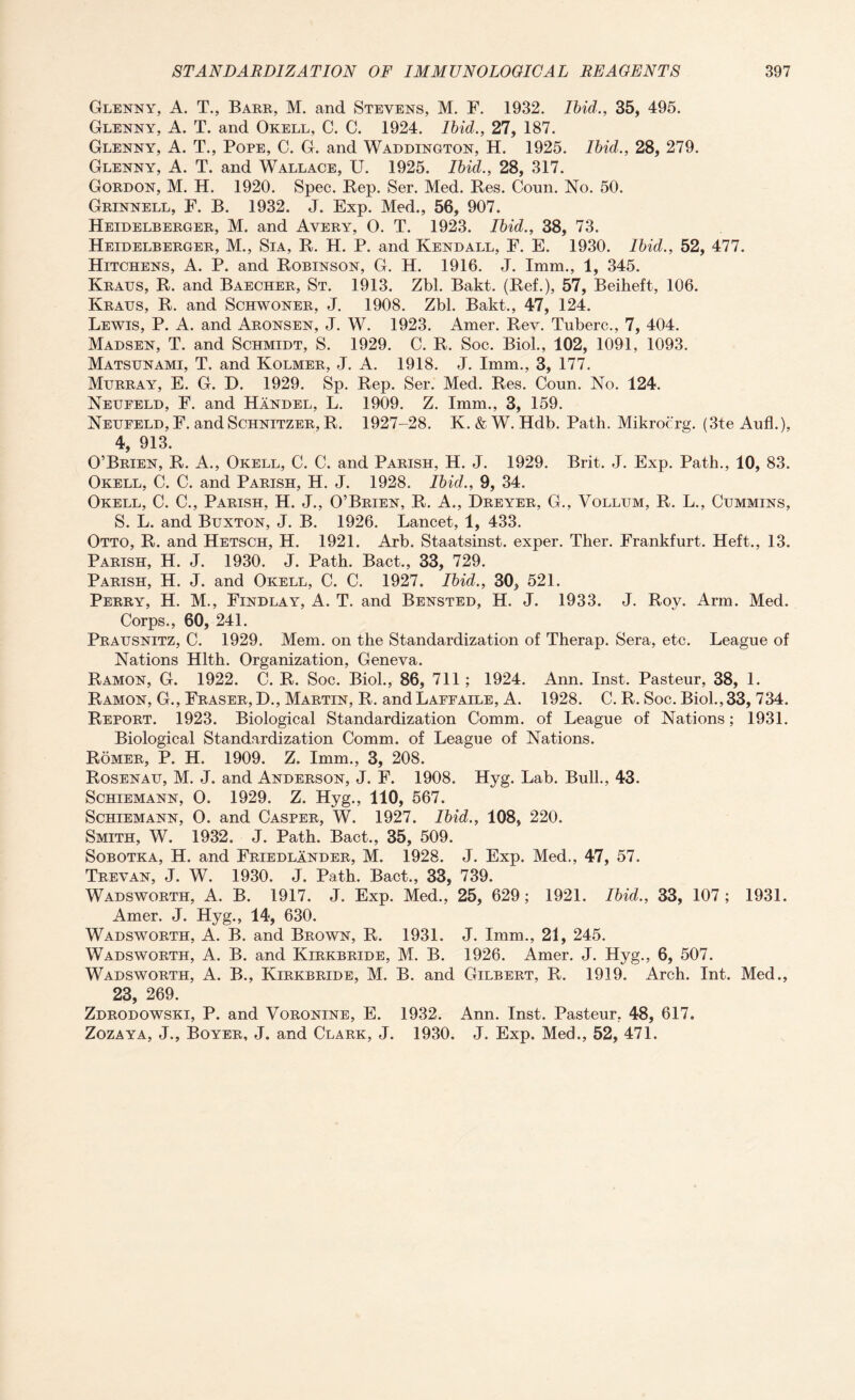 Glenny, A. T., Barr, M. and Stevens, M. F. 1932. Ibid., 35, 495. Glenny, A. T. and Okell, C. C. 1924. Ibid., 27, 187. Glenny, A. T., Pope, C. G. and Waddington, H. 1925. Ibid., 28, 279. Glenny, A. T. and Wallace, U. 1925. Ibid., 28, 317. Gordon, M. H. 1920. Spec. Rep. Ser. Med. Res. Coun. No. 50. Grinnell, F. B. 1932. J. Exp. Med., 56, 907. Heidelberger, M. and Avery, 0. T. 1923. Ibid., 38, 73. Heidelberger, M., Sia, R. H. P. and Kendall, F. E. 1930. Ibid., 52, 477. Hitchens, A. P. and Robinson, G. H. 1916. J. Imm., 1, 345. Kraus, R. and Baecher, St. 1913. Zbl. Bakt. (Ref.), 57, Beiheft, 106. Kraus, R. and Schwoner, J. 1908. Zbl. Bakt., 47, 124. Lewis, P. A. and Aronsen, J. W. 1923. Amer. Rev. Tuberc., 7, 404. Madsen, T. and Schmidt, S. 1929. C. R. Soc. Biol., 102, 1091, 1093. Matsunami, T. and Kolmer, J. A. 1918. J. Imm., 3, 177. Murray, E. G. D. 1929. Sp. Rep. Ser. Med. Res. Coun. No. 124. Neufeld, F. and Handel, L. 1909. Z. Imm., 3, 159. Neufeld, F. and Schnitzer, R. 1927-28. K. & W. Hdb. Path. Mikrocrg. (3te Aufh), 4, 913. O’Brien, R. A., Okell, C. C. and Parish, H. J. 1929. Brit. J. Exp. Path., 10, 83. Okell, C. C. and Parish, H. J. 1928. Ibid., 9, 34. Okell, C. C., Parish, H. J., O’Brien, R. A., Dreyer, G., Vollum, R. L., Cummins, 5. L. and Buxton, J. B. 1926. Lancet, 1, 433. Otto, R. and Hetsch, H. 1921. Arb. Staatsinst. exper. Ther. Frankfurt. Heft., 13. Parish, H. J. 1930. J. Path. Bact., 33, 729. Parish, H. J. and Okell, C. C. 1927. Ibid., 30, 521. Perry, H. M., Findlay, A. T. and Bensted, H. J. 1933. J. Rov. Arm. Med. Corps., 60, 241. Prausnitz, C. 1929. Mem. on the Standardization of Therap. Sera, etc. League of Nations Hlth. Organization, Geneva. Ramon, G. 1922. C. R. Soc. Biol., 86, 711; 1924. Ann. Inst. Pasteur, 38, 1. Ramon, G., Fraser, D., Martin, R. and Laffaile, A. 1928. C. R. Soc. Biol.,33, 734. Report. 1923. Biological Standardization Comm, of League of Nations; 1931. Biological Standardization Comm, of League of Nations. Romer, P. H. 1909. Z. Imm., 3, 208. Rosenau, M. J. and Anderson, J. F. 1908. Hyg. Lab. Bull., 43. Schiemann, 0. 1929. Z. Hyg., 110, 567. Schiemann, O. and Casper, W. 1927. Ibid., 108, 220. Smith, W. 1932. J. Path. Bact., 35, 509. Sobotka, H. and Friedlander, M. 1928. J. Exp. Med., 47, 57. Trevan, J. W. 1930. J. Path. Bact., 33, 739. Wadsworth, A. B. 1917. J. Exp. Med., 25, 629; 1921. Ibid., 33, 107; 1931. Amer. J. Hyg., 14, 630. Wadsworth, A. B. and Brown, R. 1931. J. Imm., 21, 245. Wadsworth, A. B. and Kirkbride, M. B. 1926. Amer. J. Hyg., 6, 507. Wadsworth, A. B., Kirkbride, M. B. and Gilbert, R. 1919. Arch. Int. Med., 23, 269. Zdrodowski, P. and Voronine, E. 1932. Ann. Inst. Pasteur, 48, 617. Zozaya, J., Boyer, J. and Clark, J. 1930. J. Exp. Med., 52, 471.