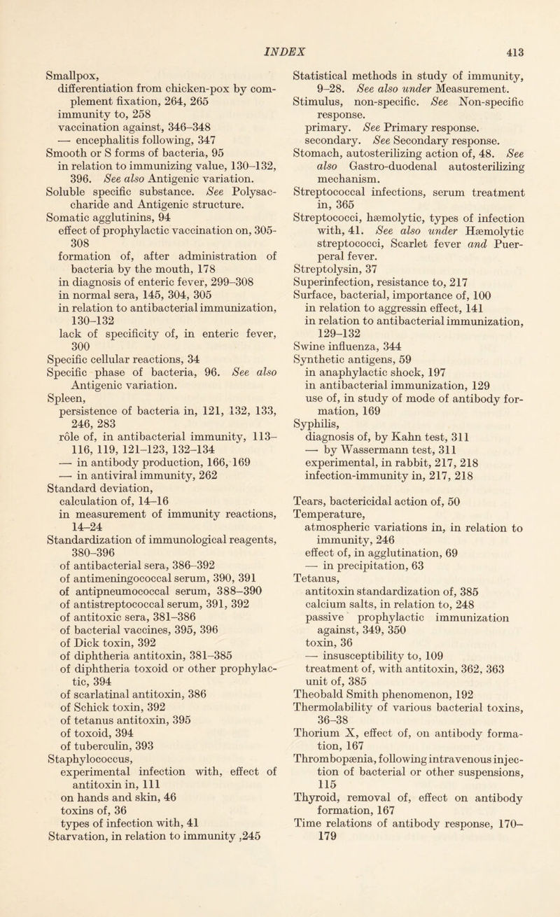 Smallpox, differentiation from chicken-pox by com¬ plement fixation, 264, 265 immunity to, 258 vaccination against, 346-348 —• encephalitis following, 347 Smooth or S forms of bacteria, 95 in relation to immunizing value, 130-132, 396. See also Antigenic variation. Soluble specific substance. See Polysac¬ charide and Antigenic structure. Somatic agglutinins, 94 effect of prophylactic vaccination on, 305- 308 formation of, after administration of bacteria by the mouth, 178 in diagnosis of enteric fever, 299-308 in normal sera, 145, 304, 305 in relation to antibacterial immunization, 130-132 lack of specificity of, in enteric fever, 300 Specific cellular reactions, 34 Specific phase of bacteria, 96. See also Antigenic variation. Spleen, persistence of bacteria in, 121, 132, 133, 246, 283 role of, in antibacterial immunity, 113— 116, 119, 121-123, 132-134 — in antibody production, 166, 169 — in antiviral immunity, 262 Standard deviation, calculation of, 14-16 in measurement of immunity reactions, 14-24 Standardization of immunological reagents, 380-396 of antibacterial sera, 386-392 of antimeningococcal serum, 390, 391 of antipneumococcal serum, 388-390 of antistreptococcal serum, 391, 392 of antitoxic sera, 381-386 of bacterial vaccines, 395, 396 of Dick toxin, 392 of diphtheria antitoxin, 381-385 of diphtheria toxoid or other prophylac¬ tic, 394 of scarlatinal antitoxin, 386 of Schick toxin, 392 of tetanus antitoxin, 395 of toxoid, 394 of tuberculin, 393 Staphylococcus, experimental infection with, effect of antitoxin in, 111 on hands and skin, 46 toxins of, 36 types of infection with, 41 Starvation, in relation to immunity ,245 Statistical methods in study of immunity, 9-28. See also under Measurement. Stimulus, non-specific. See Non-specific response. primary. See Primary response, secondary. See Secondary response. Stomach, autosterilizing action of, 48. See also Gastro-duodenal autosterilizing mechanism. Streptococcal infections, serum treatment in, 365 Streptococci, haemolytic, types of infection with, 41. See also under Haemolytic streptococci, Scarlet fever and Puer¬ peral fever. Streptolysin, 37 Superinfection, resistance to, 217 Surface, bacterial, importance of, 100 in relation to aggressin effect, 141 in relation to antibacterial immunization, 129-132 Swine influenza, 344 Synthetic antigens, 59 in anaphylactic shock, 197 in antibacterial immunization, 129 use of, in study of mode of antibody for¬ mation, 169 Syphilis, diagnosis of, by Kahn test, 311 — by Wassermann test, 311 experimental, in rabbit, 217, 218 infection-immunity in, 217, 218 Tears, bactericidal action of, 50 Temperature, atmospheric variations in, in relation to immunity, 246 effect of, in agglutination, 69 — in precipitation, 63 Tetanus, antitoxin standardization of, 385 calcium salts, in relation to, 248 passive prophylactic immunization against, 349, 350 toxin, 36 — insusceptibility to, 109 treatment of, with antitoxin, 362, 363 unit of, 385 Theobald Smith phenomenon, 192 Thermolability of various bacterial toxins, 36-38 Thorium X, effect of, on antibody forma¬ tion, 167 Thrombopaenia, following intravenous injec¬ tion of bacterial or other suspensions, 115 Thyroid, removal of, effect on antibody formation, 167 Time relations of antibody response, 170- 179