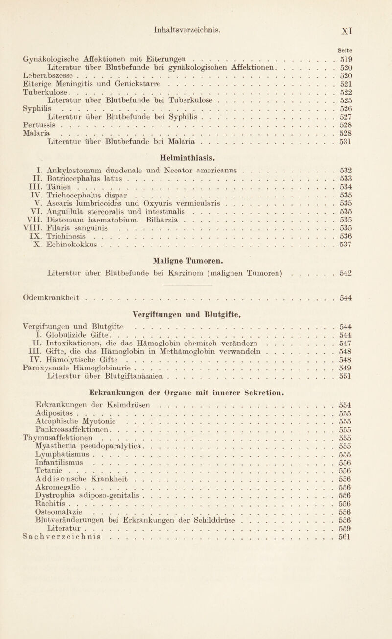 Seite Gynäkologische Affektionen mit Eiterungen.519 Literatur über Blutbefunde bei gynäkologischen Affektionen.520 Leberabszesse.520 Eiterige Meningitis und Genickstarre.521 Tuberkulose.522 Literatur über Blutbefunde bei Tuberkulose.525 Syphilis .526 Literatur über Blutbefunde bei Syphilis ..527 Pertussis.528 Malaria .528 Literatur über Blutbefunde bei Malaria.531 Helminthiasis. I. Ankylostomum duodenale und Necator americanus.532 II. Botriocephalus latus.533 III. Tänien.534 IV. Trichocephalus dispar.535 V. Ascaris lumbricoides und Oxyuris vermicularis.535 VI. Anguillula stercoralis und intestinalis.535 VII. Distomum haematobium. Bilharzia.535 VIII. Filaria sanguinis .535 IX. Trichinosis. 536 X. Echinokokkus.537 Maligne Tumoren. Literatur über Blutbefunde bei Karzinom (malignen Tumoren).542 Ödemkrankheit.544 Vergiftungen und Blutgifte. Vergiftungen und Blutgifte .544 I. Globulizide Gifte.544 II. Intoxikationen, die das Hämoglobin chemisch verändern.547 III. Gifte, die das Hämoglobin in Methämoglobin verwandeln.548 IV. Hämolytische Gifte.548 Paroxysmale Hämoglobinurie.549 Literatur über Blutgiftanämien.551 Erkrankungen der Organe mit innerer Sekretion. Erkrankungen der Keimdrüsen.. . 554 Adipositas.555 Atrophische Myotonie .555 Pankreasaffektionen.555 Thymusaffektionen.555 Myasthenia pseudoparalytica.555 Lymphatismus.555 Infantilismus.556 Tetanie.556 Addisonsche Krankheit.556 Akromegalie.556 Dystrophia adiposo-genitalis.556 Rachitis.556 Osteomalazie .556 Blutveränderungen bei Erkrankungen der Schilddrüse.556 Literatur.559 Sachverzeichnis.561