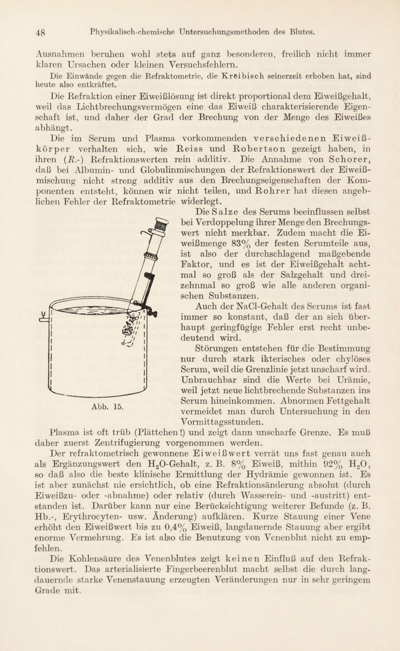 Ausnahmen beruhen wohl stets auf ganz besonderen, freilich nicht immer klaren Ursachen oder kleinen Versuchsfehlern. Die Einwände gegen die Refraktometrie, die Kreibisch seinerzeit erhoben hat, sind heute also entkräftet. Die Refraktion einer Eiweißlösung ist direkt proportional dem Eiweißgehalt, weil das Lichtbrechungsvermögen eine das Eiweiß charakterisierende Eigen¬ schaft ist, und daher der Grad der Brechung von der Menge des Eiweißes abhängt. Die im Serum und Plasma vorkommenden verschiedenen Eiweiß¬ körper verhalten sich, wie Reiss und Robertson gezeigt haben, in ihren (JR-) Refraktions werten rein additiv. Die Annahme von Sc hör er, daß bei Albumin- und Globulinmischungen der Refraktionswert der Eiweiß¬ mischung nicht streng additiv aus den Brechungseigenschaften der Kom¬ ponenten entsteht, können wir nicht teilen, und Rohr er hat diesen angeb¬ lichen Fehler der Refraktometrie widerlegt. Die Salze des Serums beeinflussen selbst bei Verdoppelung ihrer Menge den Brechungs¬ wert nicht merkbar. Zudem macht die Ei¬ weißmenge 83% der festen Serumteile aus, ist also der durchschlagend maßgebende Faktor, und es ist der Eiweißgehalt acht¬ mal so groß als der Salzgehalt und drei¬ zehnmal so groß wie alle anderen organi¬ schen Substanzen. Auch der Na CI-Gehalt des Serums ist fast immer so konstant, daß der an sich über¬ haupt geringfügige Fehler erst recht unbe¬ deutend wird. Störungen entstehen für die Bestimmung nur durch stark ikterisches oder chylöses Serum, weil die Grenzlinie jetzt unscharf wird. Unbrauchbar sind die Werte bei Urämie, weil jetzt neue licht brechende Substanzen ins Serum hineinkommen. Abnormen Fettgehalt vermeidet man durch Untersuchung in den Vormittagsstunden. Plasma ist oft trüb (Plättchen!) und zeigt dann unscharfe Grenze. Es muß daher zuerst Zentrifugierung vorgenommen werden. Der refraktometrisch gewonnene Eiweißwert verrät uns fast genau auch als Ergänzungswert den H20-Gehalt, z. B. 8% Eiweiß, mithin 92% H20, so daß also die beste klinische Ermittlung der Hydrämie gewonnen ist. Es ist aber zunächst nie ersichtlich, ob eine Refraktionsänderung absolut (durch Eiweißzu- oder -abnahme) oder relativ (durch Wasserein- und -austritt) ent¬ standen ist. Darüber kann nur eine Berücksichtigung weiterer Befunde (z. B. Hb.-, Erythrocyten- usw. Änderung) aufklären. Kurze Stauung einer Vene erhöht den Eiweißwert bis zu 0,4% Eiweiß, langdauernde Stauung aber ergibt enorme Vermehrung. Es ist also die Benutzung von Venenblut nicht zu emp¬ fehlen. Die Kohlensäure des Venenblutes zeigt keinen Einfluß auf den Refrak¬ tionswert. Das arterialisierte Fingerbeerenblut macht selbst die durch lang¬ dauernde starke Venenstauung erzeugten Veränderungen nur in sehr geringem Grade mit.