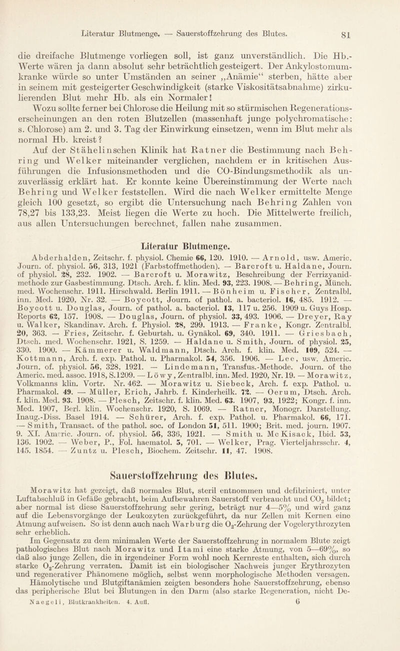 die dreifache Blutmenge vorliegen soll, ist ganz unverständlich. Die Hb.- Werte wären ja dann absolut sehr beträchtlich gesteigert. Der Ankylostomum- kranke würde so unter Umständen an seiner „Anämie“ sterben, hätte aber in seinem mit gesteigerter Geschwindigkeit (starke Viskositätsabnahme) zirku¬ lierenden Blut mehr Hb. als ein Normaler! Wozu sollte ferner bei Chlorose die Heilung mit so stürmischen Regenerations¬ erscheinungen an den roten Blutzellen (massenhaft junge polychromatische: s. Chlorose) am 2. und 3. Tag der Einwirkung einsetzen, wenn im Blut mehr als normal Hb. kreist? Auf der Stähelirischen Klinik hat Ratner die Bestimmung nach Beh¬ ring und Welker miteinander verglichen, nachdem er in kritischen Aus¬ führungen die Infusionsmethoden und die CO-Bindungsmethodik als un¬ zuverlässig erklärt hat. Er konnte keine Übereinstimmung der Werte nach Behring und Welker feststellen. Wird die nach Welker ermittelte Menge gleich 100 gesetzt, so ergibt die Untersuchung nach Behring Zahlen von 78,27 bis 133,23. Meist liegen die Werte zu hoch. Die Mittelwerte freilich, aus allen Untersuchungen berechnet, fallen nahe zusammen. Literatur Blutmenge. Abderhalden, Zeitschr. f. physiol, Chemie 66, 120. 1910. — Arnold, usw. Americ. Journ. of. physiol. 56, 313, 1921 (Farbstoffmethoden). — Barcroft u. Haldane, Journ. of physiol. 28, 232. 1902. — Barcroft u. Morawitz, Beschreibung der Ferrizyanid- methode zur Gasbestimmung. Dtsch. Arch. f. klin. Med. 93, 223. 1908. — Behring, Münch, med. Wochenschr. 1911. Hirschwald. Berlin 1911. — Bönheim u. Fischer, Zentralbl. inn. Med. 1920, Nr. 32. — Boycott, Journ. of pathol. a. bacteriol. 16, 485. 1912. — Boycott u. Douglas, Journ. of pathol. a. bacteriol. 13, 117 u. 256. 1909 u. Guys IIosp. Reports 62, 157. 1908. — Douglas, Journ. of physiol. 33,493. 1906. — Dreyer, Ray u. Walker, Skandinav. Arch. f. Physiol. 28, 299. 1913. — Franke, Kongr. Zentralbl. 20, 363. — Fries, Zeitschr. f. Geburtsh. u. Gynäkol. 69, 340. 1911. — Griesbach, Dtsch. med. Wochenschr. 1921, S. 1259. — Haldane u. Smith, Journ. of physiol. 25, 330. 1900. — Kämmerer u. Wald mann, Dtsch. Arch. f. klin. Med. 109, 524. — Kottmann, Arch. f. exp. Pathol. u. Pharmakol. 54, 356. 1906. — Lee, usw. Americ. Journ. of. physiol. 56, 328, 1921. — Lindemann, Transfus.-Methode. Journ. of the Americ. med. assoc. 1918, S.1209. — Lö wy, Zentralbl. inn. Med. 1920, Nr. 19. — Morawitz, Volkmanns klin. Vortr. Nr. 462. — Morawitz u. Siebeck, Arch. f. exp. Pathol. u. Pharmakol. 49. — Müller, Erich, Jahrb. f. Kinderheilk. 72. — Oer um, Dtsch. Arch. f. klin. Med. 93. 1908. — Pie sch, Zeitschr. f. klin. Med. 63. 1907, 93, 1922; Kongr. f. inn. Med. 1907, Berl. klin. Wochenschr. 1920, S. 1069. — Ratner, Monogr. Darstellung. Inaug.-Diss. Basel 1914. — Schürer, Arch. f. exp. Pathol. u. Pharmakol. 66, 171. — Smith, Transact. of the pathol. soc. of London 51, 511. 1900; Brit. med. journ. 1907. 9. XI. Americ. Journ. of. physiol. 56, 336, 1921. — Smith u. McKisack, Ibid. 53, 136. 1902. —- Weber, P., Fol. haematoi. 5, 701. — Welker, Prag. Vierteljahrsschr. 4, 145. 1854. — Zuntz u. Plesch, Biochem. Zeitschr. II, 47. 1908. Sauerstoffzehrung des Blutes. Morawitz hat gezeigt, daß normales Blut, steril entnommen und defibrilliert, unter Luftabschluß in Gefäße gebracht, beim Auf bewahren Sauerstoff verbraucht und C02 bildet; aber normal ist diese Sauerstoffzehrung sehr gering, beträgt nur 4—5% und wird ganz auf die Lebensvorgänge der Leukozyten zurückgeführt, da nur Zellen mit Kernen eine Atmung auf weisen. So ist denn auch nach War b urg die 02-Zehrung der Vogelerythrozyten sehr erheblich. Im Gegensatz zu dem minimalen Werte der Sauerstoffzehrung in normalem Blute zeigt pathologisches Blut nach Morawitz und Itami eine starke Atmung, von 5—69%, so daß also junge Zellen, die in irgendeiner Form wohl noch Kernreste enthalten, sich durch starke 02-Zehrung verraten. Damit ist ein biologischer Nachweis junger Erythrozyten und regenerativer Phänomene möglich, selbst wenn morphologische Methoden versagen. Hämolytische und Blutgiftanämien zeigten besonders hohe Sauerstoffzehrung, ebenso das peripherische Blut bei Blutungen in den Darm (also starke Regeneration, nicht De- Naegeli, Blutkrankheiten. 4. Aufl. 6