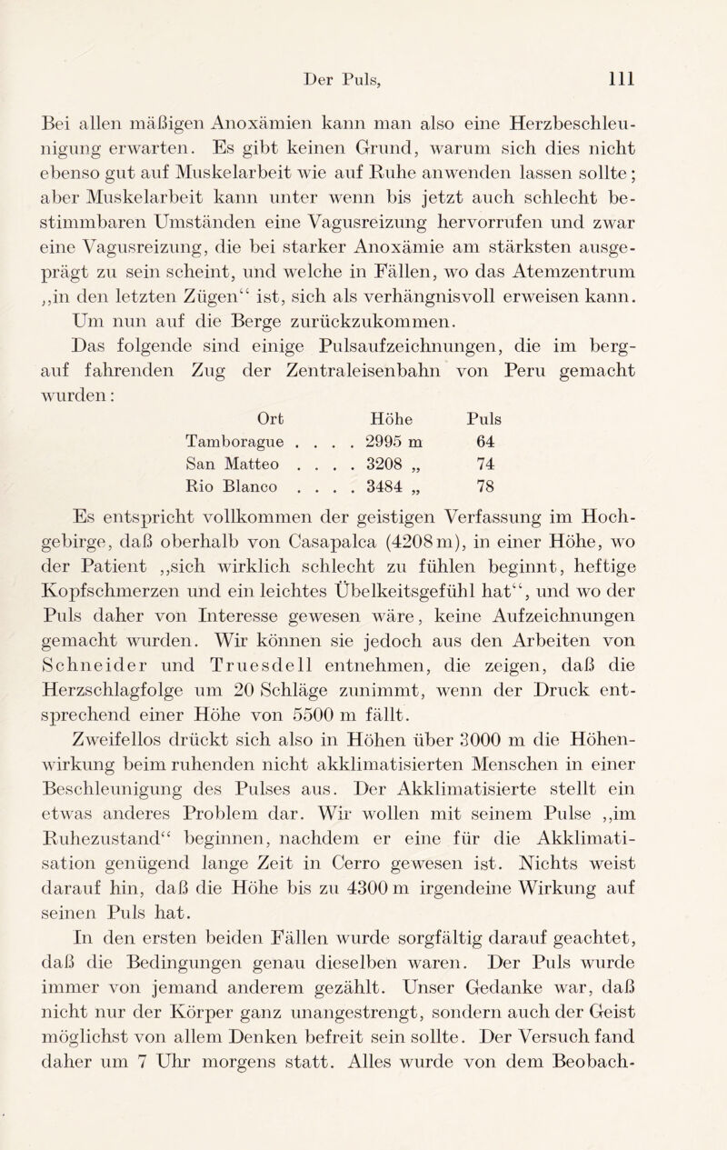 Bei allen mäßigen Anoxämien kann man also eine Herzbeschleu¬ nigung erwarten. Es gibt keinen Grund, warum sich dies nicht ebenso gut auf Muskelarbeit wie auf Buhe an wenden lassen sollte ; aber Muskelarbeit kann unter wenn bis jetzt auch schlecht be¬ stimmbaren Umständen eine Vagusreizung hervorrufen und zwar eine Vagusreizung, die bei starker Anoxämie am stärksten ausge¬ prägt zu sein scheint, und welche in Fällen, wo das Atemzentrum ,,in den letzten Zügen“ ist, sich als verhängnisvoll erweisen kann. Um nun auf die Berge zurückzukommen. Das folgende sind einige Pulsaufzeichnungen, die im berg¬ auf fahrenden Zug der Zentraleisenbahn von Peru gemacht wurden: Ort Höhe Puls Tamborague .... 2995 m 64 San Matteo .... 3208 „ 74 Rio Blanco .... 3484 „ 78 Es entspricht vollkommen der geistigen Verfassung im Hoch¬ gebirge, daß oberhalb von Casapalca (4208m), in einer Höhe, wo der Patient ,,sich wirklich schlecht zu fühlen beginnt, heftige Kopfschmerzen und ein leichtes Übelkeitsgefühl hat“, und wo der Puls daher von Interesse gewesen wäre, keine Aufzeichnungen gemacht wurden. Wir können sie jedoch aus den Arbeiten von Schneider und Truesdell entnehmen, die zeigen, daß die Herzschlagfolge um 20 Schläge zunimmt, wenn der Druck ent¬ sprechend einer Höhe von 5500 m fällt. Zweifellos drückt sich also in Höhen über 3000 m die Höhen¬ wirkung beim ruhenden nicht akklimatisierten Menschen in einer Beschleunigung des Pulses aus. Der Akklimatisierte stellt ein etwas anderes Problem dar. Wir wollen mit seinem Pulse ,,im Buhezustand“ beginnen, nachdem er eine für die Akklimati¬ sation genügend lange Zeit in Cerro gewesen ist. Nichts weist darauf hin, daß die Höhe bis zu 4300 m irgendeine Wirkung auf seinen Puls hat. In den ersten beiden Fällen wurde sorgfältig darauf geachtet, daß die Bedingungen genau dieselben waren. Der Pids wurde immer von jemand anderem gezählt. Unser Gedanke war, daß nicht nur der Körper ganz unangestrengt, sondern auch der Geist möglichst von allem Denken befreit sein sollte. Der Versuch fand daher um 7 Uhr morgens statt. Alles wurde von dem Beobach-
