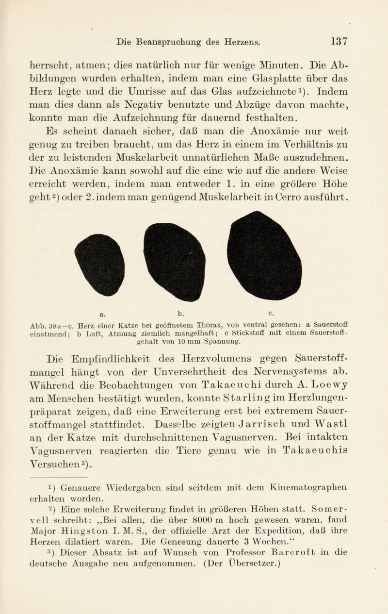 herrscht, atmen; dies natürlich nur für wenige Minuten. Die Ab¬ bildungen wurden erhalten, indem man eine Glasplatte über das Herz legte und die Umrisse auf das Glas aufzeichnete1). Indem man dies dann als Negativ benutzte und Abzüge davon machte, konnte man die Aufzeichnung für dauernd festhalten. Es scheint danach sicher, daß man die Anoxämie nur weit genug zu treiben braucht, um das Herz in einem im Verhältnis zu der zu leistenden Muskelarbeit unnatürlichen Maße auszudehnen. Die Anoxämie kann sowohl auf die eine wie auf die andere Weise erreicht werden, indem man entweder 1. in eine größere Höhe geht2) oder 2. indem man genügend Muskelarbeit inCerro ausführt. a. b. c. Abb. 39a—c. Herz einer Katze bei geöffnetem Thorax, von ventral gesehen: a Sauerstoff einatmend; b Luft, Atmung ziemlich mangelhaft; c Stickstoff mit einem Sauerstoff- gehalt von 10 mm Spannung. Die Empfindlichkeit des Herzvolumens gegen Sauerstoff¬ mangel hängt von der Unversehrtheit des Nervensystems ab. Während die Beobachtungen von Takaeuchi durch A. Loewy am Menschen bestätigt wurden, konnte Starling im Herzlungen¬ präparat zeigen, daß eine Erweiterung erst bei extremem Sauer¬ stoffmangel stattfindet. Dasselbe zeigten Jarrisch und Wastl an der Katzo mit durchschnittenen Vagusnerven. Bei intakten Vagusnerven reagierten die Tiere genau wie in Takaeuchis Versuchen.3). 1) Genauere Wiedergaben sind seitdem mit dem Kinematographen erhalten worden. 2) Eine solche Erweiterung findet in größeren Höhen statt. Somer¬ vell schreibt: „Bei allen, die über 8000 m hoch gewesen waren, fand Major Hing st on I. M. S., der offizielle Arzt der Expedition, daß ihre Herzen dilatiert waren. Die Genesung dauerte 3 Wochen.“ 3) Dieser Absatz ist auf Wunsch von Professor Barcroft in die deutsche Ausgabe neu auf genommen. (Der Übersetzer.)