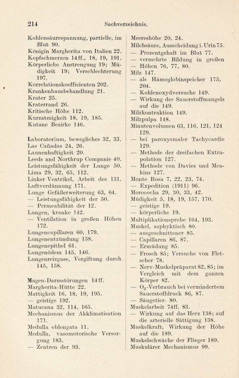 Kohlensäurespannung, partielle, im Blut 90. Königin Margherita von Italien 22. Kopfschmerzen 14 ff., 18, 19, 191. Körperliche Anstrengung 19; Mü¬ digkeit 19; Verschlechterung 197. Korrelationskoefficienten 202. Krankenhausbehandlung 21. Krater 25. Kraterrand 26. Kritische Höhe 112. Kurzatmigkeit 18, 19, 185. Kutane Bezirke 146. Laboratorium, bewegliches 32, 33. Las Canadas 24, 26. Launenhaftigkeit 20. Leeds and Northrup Companie 40. Leistungsfähigkeit der Lunge 50. Lima 29, 32, 65, 112. Linker Ventrikel, Arbeit des 131. Luftverdünnung 171. Lunge Gefäßerweiterung 63, 64. — Leistungsfähigkeit der 50. — Permeabilität der 12. Lungen, kranke 142. — Ventilation in großen Höhen 172. Lungencapillaren 60, 179. Lungenentzündung 158. Lungenepithel 61. Lungenödem 145, 146. Lungenreizgase, Vergiftung durch 145, 158. Magen-Darmstörungen 14 ff. Margherita-Hütte 22. Mattigkeit 16, 18, 19, 195. — geistige 192. Matucana 32, 114, 165. Mechanismus der Akklimatisation 171. Medulla oblongata 11. Medulla, vasomotorische Versor¬ gung 183. — Zentren der 93. Meereshöhe 20, 24. Milchsäure, Ausscheidung i. Urin 7 5. — Prozentgehalt im Blut 77. — vermehrte Bildung in großen — Höhen 76, 77, 80. Milz 147. — als Hämoglobinspeicher 175, 204. — Kohlenoxydversuche 149. — Wirkung des Sauerstoffmangels auf die 149. Milzkontraktion 149. Milzpulpa 148. Minutenvolumen 63, 116, 121, 124 129. — bei paroxysmaler Tachycardie 129. — Methode der dreifachen Extra¬ polation 127. — Methode von Davies und Mea- kins 127. Monte Rosa 7, 22, 23, 74. — Expedition (1911) 96. Morococha 29, 30, 33, 42. Müdigkeit 5, 18, 19, 157, 170. — geistige 19. — körperliche 19. Multiplikationsprobe 164, 193. Muskel, asphyktisch 80. — ausgeschnittener 85. — Capillaren 86, 87. — Ermüdung 85. — Frosch 85; Versuche von Flet- scher 78. — Nerv-Muskelpräparat 82, 85; im Vergleich mit dem ganzen Körper 82. — 02-Verbrauch bei vermindertem Sauerstoffdruck 86, 87. — Säugetier- 80. Muskelarbeit 74ff, 83. — Wirkung auf das Herz 138; auf die arterielle Sättigung 138. Muskelkraft, Wirkung der Höhe auf die 189. Muskelschwäche der Flieger 189. Muskulärer Mechanismus 99.