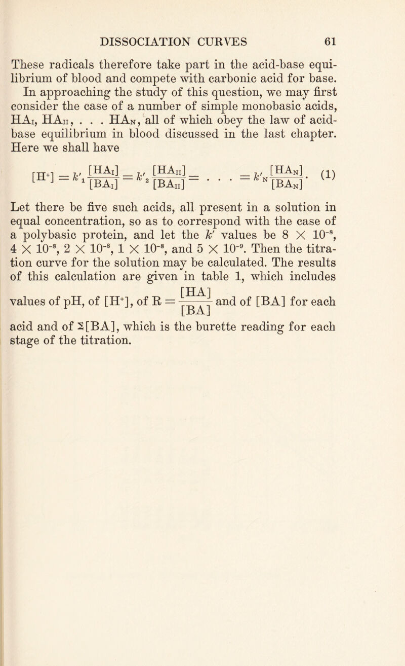 These radicals therefore take part in the acid-base equi¬ librium of blood and compete with carbonic acid for base. In approaching the study of this question, we may first consider the case of a number of simple monobasic acids, HAi, HAn, . . . HAn, all of which obey the law of acid- base equilibrium in blood discussed in the last chapter. Here we shall have [H+] = k\ [HA,] [BA:] [HAn]_ 2 [BAn] “ , [HAn] N [BAN] * Let there be five such acids, all present in a solution in equal concentration, so as to correspond with the case of a polybasic protein, and let the k' values be 8 X 10~8, 4 X 10~8, 2 X 10'8, 1 X 10-8, and 5 X 10-9. Then the titra¬ tion curve for the solution may be calculated. The results of this calculation are given in table 1, which includes values of pH, of [H+], of R = [HA] [BA] and of [BA] for each acid and of 2[BA], which is the burette reading for each stage of the titration.