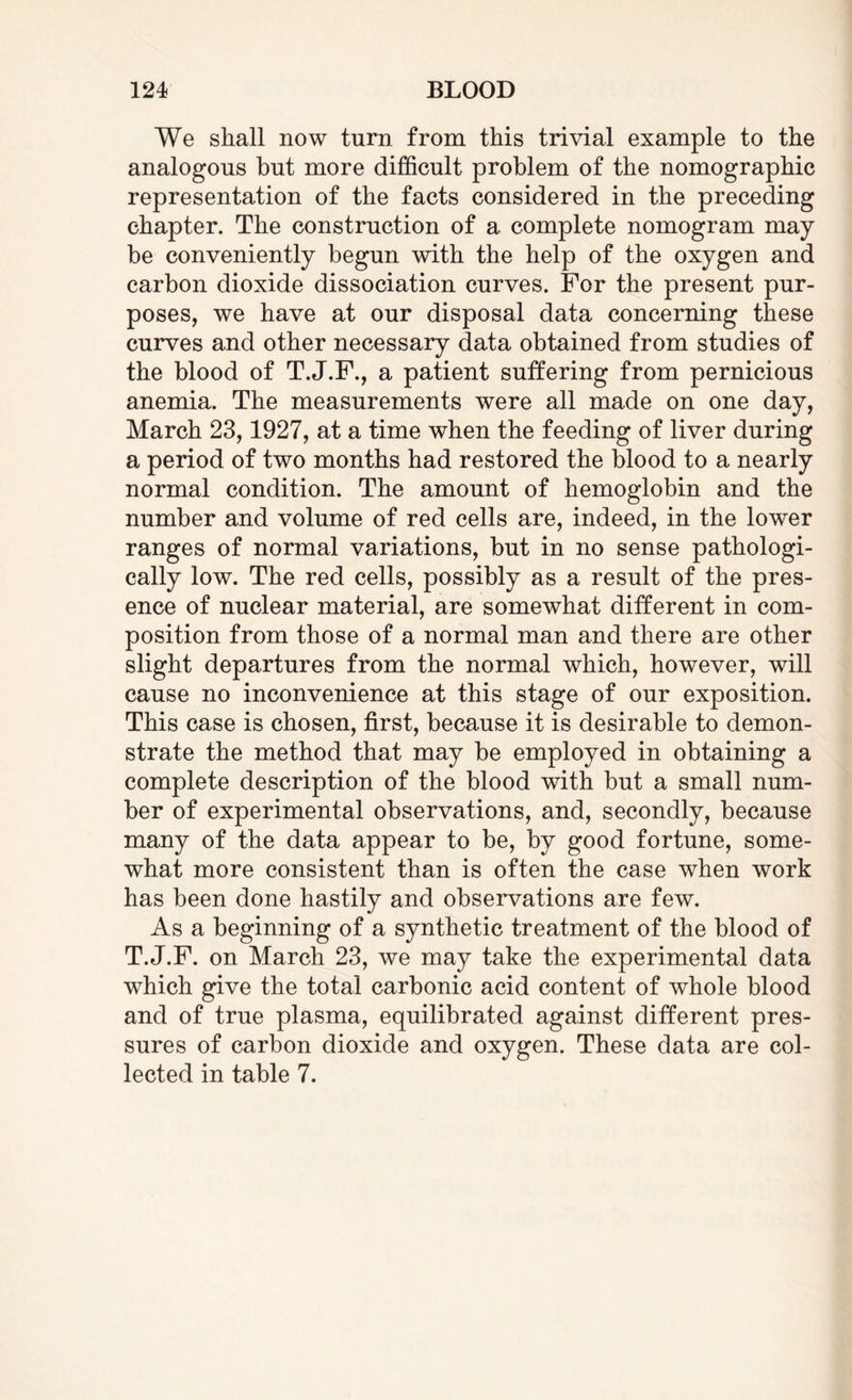 We shall now turn from this trivial example to the analogous but more difficult problem of the nomographic representation of the facts considered in the preceding chapter. The construction of a complete nomogram may be conveniently begun with the help of the oxygen and carbon dioxide dissociation curves. For the present pur¬ poses, we have at our disposal data concerning these curves and other necessary data obtained from studies of the blood of T.J.F., a patient suffering from pernicious anemia. The measurements were all made on one day, March 23,1927, at a time when the feeding of liver during a period of two months had restored the blood to a nearly normal condition. The amount of hemoglobin and the number and volume of red cells are, indeed, in the lower ranges of normal variations, but in no sense pathologi¬ cally low. The red cells, possibly as a result of the pres¬ ence of nuclear material, are somewhat different in com¬ position from those of a normal man and there are other slight departures from the normal which, however, will cause no inconvenience at this stage of our exposition. This case is chosen, first, because it is desirable to demon¬ strate the method that may be employed in obtaining a complete description of the blood with but a small num¬ ber of experimental observations, and, secondly, because many of the data appear to be, by good fortune, some¬ what more consistent than is often the case when work has been done hastily and observations are few. As a beginning of a synthetic treatment of the blood of T.J.F. on March 23, we may take the experimental data which give the total carbonic acid content of whole blood and of true plasma, equilibrated against different pres¬ sures of carbon dioxide and oxygen. These data are col¬ lected in table 7.