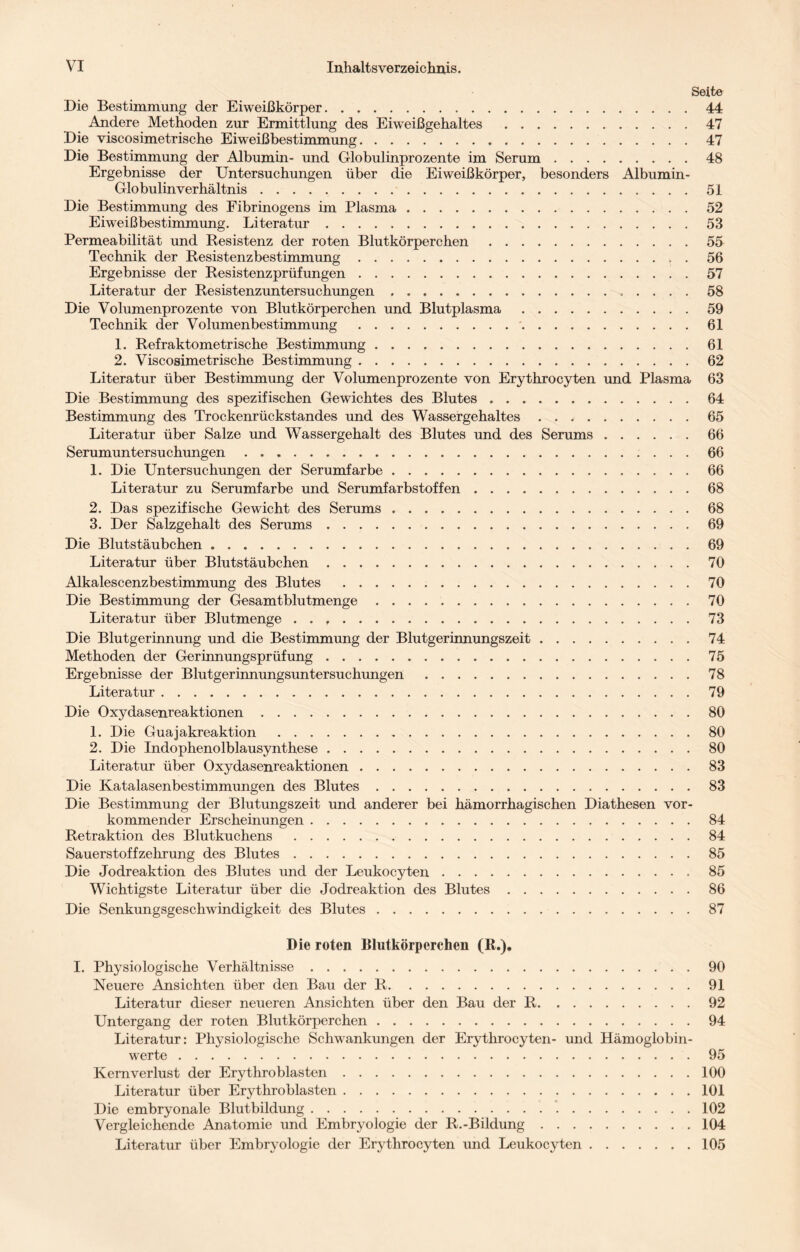 Seite Die Bestimmung der Eiweißkörper.44 Andere Methoden zur Ermittlung des Eiweißgehaltes .47 Die viscosimetrische Eiweißbestimmung.47 Die Bestimmung der Albumin- und Globulinprozente im Serum.48 Ergebnisse der Untersuchungen über die Eiweißkörper, besonders Albumin- Globulin Verhältnis ..51 Die Bestimmung des Fibrinogens im Plasma.52 Eiweißbestimmung. Literatur.53 Permeabilität und Resistenz der roten Blutkörperchen.55 Technik der Resistenzbestimmung.56 Ergebnisse der Resistenzprüfungen.57 Literatur der Resistenzuntersuchungen. 58 Die Volumenprozente von Blutkörperchen und Blutplasma.59 Technik der Volumenbestimmung .'.61 1. Refraktometrische Bestimmung.61 2. Viscosimetrische Bestimmung.62 Literatur über Bestimmung der Volumenprozente von Erythrocyten und Plasma 63 Die Bestimmung des spezifischen Gewichtes des Blutes.64 Bestimmung des Trockenrückstandes und des Wassergehaltes.65 Literatur über Salze und Wassergehalt des Blutes und des Serums.66 Serumuntersuchungen.66 1. Die Untersuchungen der Serumfarbe.66 Literatur zu Serumfarbe und Serumfarbstoffen.68 2. Das spezifische Gewicht des Serums.68 3. Der Salzgehalt des Serums.69 Die Blutstäubchen.69 Literatur über Blutstäubchen.70 Alkalescenzbestimmung des Blutes .70 Die Bestimmung der Gesamtblutmenge.70 Literatur über Blutmenge.73 Die Blutgerinnung und die Bestimmung der Blutgerinnungszeit.74 Methoden der Gerinnungsprüfung.75 Ergebnisse der Blutgerinnungsuntersuchungen.78 Literatur.79 Die Oxydasenreaktionen. 80 1. Die Guajakreaktion .80 2. Die Indophenolblausynthese.80 Literatur über Oxydasenreaktionen.83 Die Katalasenbestimmungen des Blutes.83 Die Bestimmung der Blutungszeit und anderer bei hämorrhagischen Diathesen vor¬ kommender Erscheinungen.84 Retraktion des Blutkuchens .84 Sauerstoffzehrung des Blutes.85 Die Jodreaktion des Blutes und der Leukocyten.85 Wichtigste Literatur über die Jodreaktion des Blutes.86 Die Senkungsgeschwindigkeit des Blutes.87 Die roten Blutkörperchen (R.). I. Physiologische Verhältnisse.90 Neuere Ansichten über den Bau der R.91 Literatur dieser neueren Ansichten über den Bau der R.92 Untergang der roten Blutkörperchen.94 Literatur: Physiologische Schwankungen der Erythrocyten- und Hämoglobin¬ werte .95 Kern Verlust der Erythroblasten.100 Literatur über Erythroblasten.101 Die embryonale Blutbildung.102 Literatur über Embryologie der Erythrocyten und Leukocyten.105