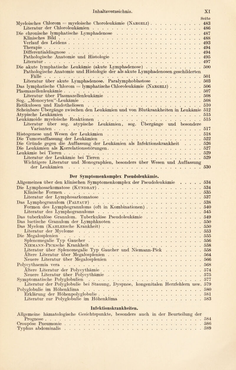 Seite Myeloisches Chlorom = myeloische Choroleukämie (Naegeli).483 Literatur der Chloroleukämien.486 Die chronische lymphatische Lymphadenose.487 Klinisches Bild . ..488 Verlauf des Leidens.493 Therapie.494 Differentialdiagnose.494 Pathologische Anatomie und Histologie.495 Literatur.497 Die akute lymphatische Leukämie (akute Lymphadenose).500 Pathologische Anatomie und Histologie der als akute Lymphadenosen geschilderten Fälle.501 Literatur über akute Lymphadenose. Paralymphoblastose.503 Das lymphatische Chlorom = lymphatische Chloroleukämie (Naegeli).506 Plasmazellen leukämie.507 Literatur über Plasmazellenleukämie.508 Sog. „Monocyten“-Leukämie.508 Retikulosen und Endotheliosen.510 Scheinbare Übergänge zwischen den Leukämien und von Blutkrankheiten in Leukämie 512 Atypische Leukämien.515 Leukämoide myeloische Reaktionen. 515 Literatur über sog. atypische Leukämien, sog. Übergänge und besondere Varianten.517 Histogenese und Wesen der Leukämien.518 Die Tumorauffassung der Leukämien. 522 Die Gründe gegen die Auffassung der Leukämien als Infektionskrankheit .... 526 Die Leukämien als Korrelationsstörungen.527 Leukämie bei Tieren.529 Literatur der Leukämie bei Tieren.529 Wichtigere Literatur und Monographien, besonders über Wesen und Auffassung der Leukämien.530 Der Symptomenkomplex Pseudoleukämie. Allgemeines über den klinischen Symptomenkomplex der Pseudoleukämie.534 Die Lymphosarkomatose (Kundrat).534 Klinische Formen.535 Literatur der Lymphosarkomatose.537 Das Lymphogranulom (Paltauf).538 Formen des Lymphogranuloms (oft in Kombinationen).540 Literatur des Lymphogranuloms.545 Das tuberkulöse Granulom. Tuberkulöse Pseudoleukämie.549 Das luetische Granulom der Lymphknoten.550 Das Myelom (KAHLERSche Krankheit).550 Literatur der Myelome.553 Die Megalosplenien .555 Splenomegalie Typ Gaucher. 556 NiEMANN-PiCKSche Krankheit ..558 Literatur über Splenomegalie Typ Gaucher und Niemann-Pick.558 Ältere Literatur über Megalosplenien.564 Neuere Literatur über Megalosplenien .566 Polycythaemia vera.568 Ältere Literatur der Polycythämie.574 Neuere Literatur über Polycythämie.575 Symptomatische Polyglobulien.577 Literatur der Polyglobulie bei Stauung, Dyspnoe, kongenitalen Herzfehlern usw. 579 Polyglobulie im Höhenklima.580 Erklärung der Höhenpolyglobulie.581 Literatur zur Polyglobulie im Höhenklima.583 Infektionskrankheiten. Allgemeine hämatologische Gesichtspunkte, besonders auch in der Beurteilung der Prognose. 584 Croupöse Pneumonie.586 Typhus abdominalis.589