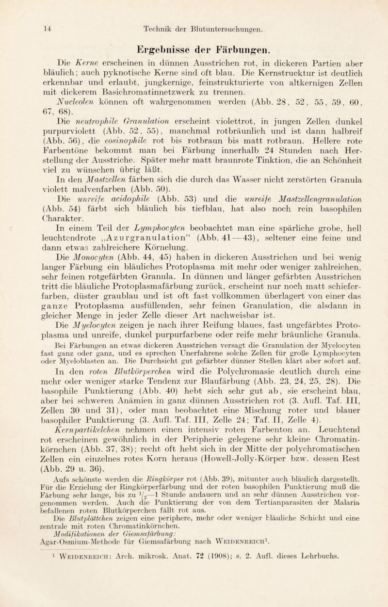 Ergebnisse der Färbungen. Die Kerne erscheinen in dünnen Ausstrichen rot, in dickeren Partien aber bläulich; auch pyknotische Kerne sind oft blau. Die Kernstruektur ist deutlich erkennbar und erlaubt, jungkernige, feinstrukturierte von altkernigen Zellen mit dickerem ßasichromatinnetzwerk zu trennen. Nucleolen können oft wahrgenommen werden (Abb. 28, 52, 55, 59, 60, 67, 68). Die neutrophile Granulation erscheint violettrot, in jungen Zellen dunkel purpurviolett (Abb. 52, 55), manchmal rotbräunlich und ist dann halbreif (Abb. 56), die eosinophile rot bis rotbraun bis matt rotbraun. Hellere rote Farbentöne bekommt man bei Färbung innerhalb 24 Stunden nach Her¬ stellung der Ausstriche. Später mehr matt braunrote Tinktion, die an Schönheit viel zu wünschen übrig läßt. In den Mastzellen färben sich die durch das Wasser nicht zerstörten Granula violett malvenfarben (Abb. 50). Die unreife acidophile (Abb. 53) und die unreife Mastzellengranulation (Abb. 54) färbt sich bläulich bis tiefblau, hat also noch rein basophilen Charakter. In einem Teil der Lymphocyten beobachtet man eine spärliche grobe, hell leuchtendrote ,,Azurgranulation“ (Abb. 41-—-43), seltener eine feine und dann etwas zahlreichere Körnelung. Die Monocyten (Abb. 44, 45) haben in dickeren Ausstrichen und bei wenig langer Färbung ein bläuliches Protoplasma mit mehr oder weniger zahlreichen, sehr feinen rotgefärbten Granula. In dünnen und länger gefärbten Ausstrichen tritt die bläuliche Protoplasmafärbung zurück, erscheint nur noch matt schiefer - farben, düster graublau und ist oft fast vollkommen überlagert von einer das ganze Protoplasma ausfüllenden, sehr feinen Granulation, die alsdann in gleicher Menge in jeder Zelle dieser Art nachweisbar ist. Die Myeloeyten zeigen je nach ihrer Reifung blaues, fast ungefärbtes Proto¬ plasma und unreife, dunkel purpurfarbene oder reife mehr bräunliche Granula. Bei Färbungen an etwas dickeren Ausstrichen versagt die Granulation der Myeloeyten fast ganz oder ganz, und es sprechen Unerfahrene solche Zellen für große Lymphocyten oder Myeloblasten an. Die Durchsicht gut gefärbter dünner Stellen klärt aber sofort auf. In den roten Blutkörperchen wird die Polychromasie deutlich durch eine mehr oder weniger starke Tendenz zur Blaufärbung (Abb. 23, 24, 25, 28). Die basophile Punktierung (Abb. 40) hebt sich, sehr gut ab, sie erscheint blau, aber bei schweren Anämien in ganz dünnen Ausstrichen rot (3. Aufl. Taf. III, Zellen 30 und 31), oder man beobachtet eine Mischung roter und blauer basophiler Punktierung (3. Aufl. Taf. III, Zelle 24; Taf. II, Zelle 4). Kernpartikelchen nehmen einen intensiv roten Farbenton an. Leuchtend rot erscheinen gewöhnlich in der Peripherie gelegene sehr kleine Chromatin¬ körnchen (Abb. 37, 38); recht oft hebt sich in der Mitte der polychromatischen Zellen ein einzelnes rotes Korn heraus (Howell- Jolly-Körper bzw. dessen Rest (Abb. 29 u. 36). Aufs schönste werden die Ringkörper rot (Abb. 39), mitunter auch bläulich dargestellt. Für die Erzielung der Ringkörperfärbung und der roten basophilen Punktierung muß die Färbung sehr lange, bis zu 1/2—1 Stunde andauern und an sehr dünnen Ausstrichen vor¬ genommen werden. Auch die Punktierung der von dem Tertianparasiten der Malaria befallenen roten Blutkörperchen fällt rot aus. Die Blutplättchen zeigen eine periphere, mehr oder weniger bläuliche Schicht und eine zentrale mit roten Chromatinkörnchen. Modifikationen der Giemsafärbung: Agar-Osmium-Methode für Giemsafärbung nach Weidenreich1. 1 Weidenreich: Arch. mikrosk. Anat. 72 (1908); s. 2. Aufl. dieses Lehrbuchs.