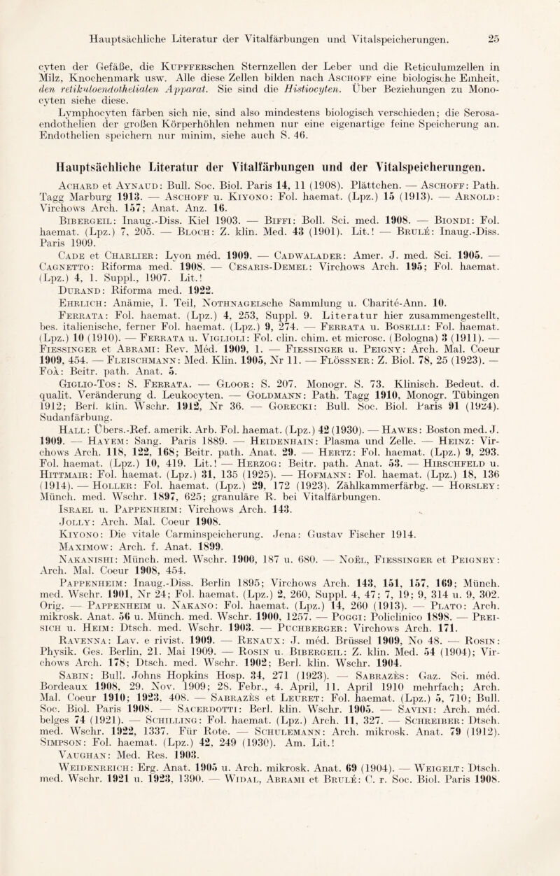 cyten der Gefäße, die KuPFFERschen Sternzellen der Leber und die Reticulumzellen in Milz, Knochenmark usw. Alle diese Zellen bilden nach Aschoff eine biologische Einheit, den retikuloendothelialen Apparat. Sie sind die Histiocyten. Über Beziehungen zu Mono- cyten siehe diese. Lymphocyten färben sich nie, sind also mindestens biologisch verschieden; die Serosa- endothelien der großen Körperhöhlen nehmen nur eine eigenartige feine Speicherung an. Endothelien speichern nur minim, siehe auch S. 46. Hauptsächliche Literatur der Vitalfärbungen und der Vitalspeicherungen. Achard et Aynaud: Bull. Soc. Biol. Paris 14, 11 (1908). Plättchen. — Aschoff: Patli. Tagg Marburg 1913. — Aschoff u. Kiyono: Fol. haemat. (Lpz.) 15 (1913). — Arnold: Virchows Arch. 157; Anat. Anz. 16. Bibergeil: Inaug.-Diss. Kiel 1903. — Biffi: Boll. Sei. med. 1908. — Biondi: Fol. haemat. (Lpz.) 7, 205. — Bloch: Z. klin. Med. 43 (1901). Lit.! — Brule: Inaug.-Diss. Paris 1909. Cade et Charlier: Lyon med. 1909. — Cadwalader: Amer. J. med. Sei. 1905. — Cagnetto: Riforma. med. 1908. — Cesaris-Demel: Virchows Arch. 195; Fol. haemat. (Lpz.) 4, 1. Suppl., 1907. Lit.! Durand: Riforma med. 1922. Ehrlich: Anämie, I. Teil, NothnagelscIic Sammlung u. Charite-Ann. 10. Ferrata: Fol. haemat. (Lpz.) 4, 253, Suppl. 9. Literatur hier zusammengestellt, bes. italienische, ferner Fol. haemat. (Lpz.) 9, 274. — Ferrata u. Boselli: Fol. haemat. (Lpz.) 10 (1910). — Ferrata u. Viglioli: Fol. clin. chim. et microsc. (Bologna) 3 (1911). — Fiessinger et Abrami: Rev. Med. 1909, 1. — Fiessinger u. Peigny: Arch. Mal. Coeur 1909, 454. — Fleischmann: Med. Klin. 1905, Nr 11. — Flössner: Z. Biol. 78, 25 (1923). — Foa: Beitr. path. Anat. 5. Giglio-Tos: S. Ferrata. — Gloor: S. 207. Monogr. S. 73. Klinisch. Bedeut, d. qualit. Veränderung d. Leukocyten. — Goldmann: Path. Tagg 1910, Monogr. Tübingen 1912; Beri. klin. Wschr. 1912, Nr 36. — Gorecki: Bull. Soc. Biol. Paris 91 (1924). Sudanfärbung. Hall: Übers.-Ref. amerik. Arb. Fol. haemat. (Lpz.) 42 (1930). — Hawes: Boston med. J. 1909. — Hayem: Sang. Paris 1889. -—- Heidenhain: Plasma und Zelle. — Heinz: Vir¬ chows Arch. 118, 122, 168; Beitr. path. Anat. 29. — Hertz: Fol. haemat. (Lpz.) 9, 293. Fol. haemat. (Lpz.) 10, 419. Lit.! — Herzog: Beitr. path. Anat. 53. — Hirschfeld u. Hittmair: Fol. haemat. (Lpz.) 31, 135 (1925). — Hofmann: Fol. haemat. (Lpz.) 18, 136 (1914). — Holler: Fol. haemat. (Lpz.) 29, 172 (1923). Zählkammerfärbg.— Horsley: Münch, med. Wschr. 1897, 625; granuläre R. bei Vitalfärbungen. Israel u. Pappenheim: Virchows Arch. 143. Jolly: Arch. Mal. Coeur 1908. Kiyono: Die vitale Carminspeicherung. Jena: Gustav Fischer 1914. Maximow: Arch. f. Anat. 1899. Nakanishi: Münch, med. Wschr. 1900, 187 u. 680. — Noel, Fiessinger et Peigney: Arch. Mal. Coeur 1908, 454. Pappenheim: Inaug.-Diss. Berlin 1895; Virchows Arch. 143, 151, 157, 169; Münch, med. Wschr. 1901, Nr 24; Fol, haemat. (Lpz.) 2, 260, Suppl. 4, 47; 7, 19; 9, 314 u. 9, 302. Orig. — Pappenheim u. Nakano: Fol. haemat. (Lpz.) 14, 260 (1913). — Plato: Arch. mikrosk. Anat. 56 u. Münch, med. Wschr. 1900, 1257. — Poggi: Policlinico 1898. — Prei- sich u. Heim: Dtsch. med. Wschr. 1903. — Puchberger: Virchows Arch. 171. Ravenna: Lav. e rivist. 1909. — Renaux: J. med. Brüssel 1909, No 48. — Rosin: Physik. Ges. Berlin, 21. Mai 1909. — Rosin u. Bibergeil: Z. klin. Med. 54 (1904); Vir¬ chows Arch. 178; Dtsch. med. Wschr. 1902; Berl. klin. Wschr. 1904. Sabin: Bull. Johns Hopkins Hosp. 34, 271 (1923). — Sabrazes: Gaz. Sei. med. Bordeaux 1908, 29. Nov. 1909; 28. Febr., 4. April, 11. April 1910 mehrfach; Arch. Mal. Coeur 1910; 1923, 408. — Sabrazes et Leuret: Fol. haemat. (Lpz.) 5, 710; Bull. Soc. Biol. Paris 1908. — Sacerdotti: Berl. klin. Wschr. 1905. — Savini: Arch. med. beiges 74 (1921). — Schilling: Fol. haemat. (Lpz.) Arch. 11, 327. — Schreiber: Dtsch. med. Wschr. 1922, 1337. Für Rote. — Schulemann: Arch. mikrosk. Anat. 79 (1912). Simpson: Fol. haemat. (Lpz.) 42, 249 (1930). Am. Lit.! Vaughan: Med. Res. 1903. Weidenreich: Erg. Anat. 1905 u. Arch. mikrosk. Anat. 69 (1904). — Weigelt: Dtsch. med. Wschr. 1921 u. 1923, 1390. — Widal, Abrami et Brule: C. r. Soc. Biol. Paris 1908.