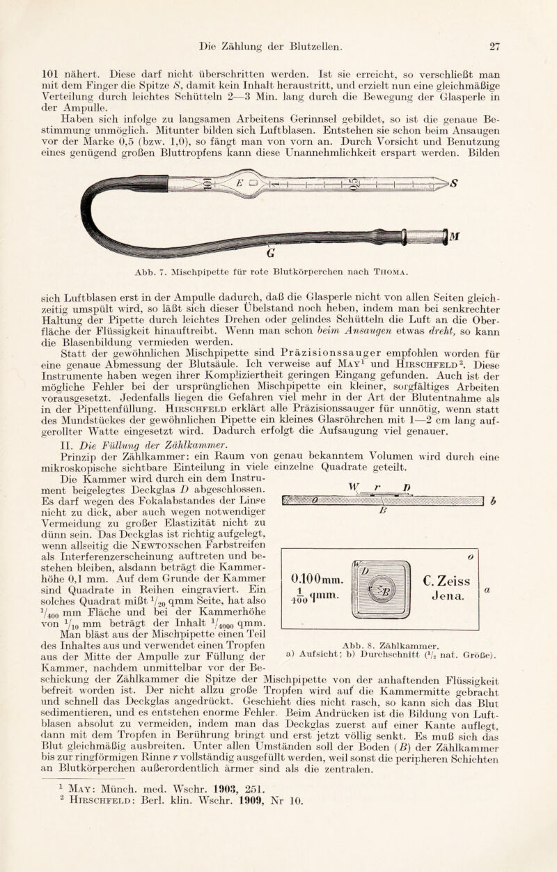 101 nähert. Diese darf nicht überschritten werden. Ist sie erreicht, so verschließt man mit dem Finger die Spitze S, damit kein Inhalt heraustritt, und erzielt nun eine gleichmäßige Verteilung durch leichtes Schütteln 2—3 Min. lang durch die Bewegung der Glasperle in der Ampulle. Haben sich infolge zu langsamen Arbeitens Gerinnsel gebildet, so ist die genaue Be¬ stimmung unmöglich. Mitunter bilden sich Luftblasen. Entstehen sie schon beim Ansaugen vor der Marke 0,5 (bzw. 1,0), so fängt man von vorn an. Durch Vorsicht und Benutzung eines genügend großen Bluttropfens kann diese Unannehmlichkeit erspart werden. Bilden Abb. 7. Mischpipette für rote Blutkörperchen nach Thoma. sich Luftblasen erst in der Ampulle dadurch, daß die Glasperle nicht von allen Seiten gleich¬ zeitig umspült wird, so läßt sich dieser Übelstand noch lieben, indem man bei senkrechter Haltung der Pipette durch leichtes Drehen oder gelindes Schütteln die Luft an die Ober¬ fläche der Flüssigkeit hinauftreibt. Wenn man schon beim Ansaugen etwas dreht, so kann die Blasenbildung vermieden werden. Statt der gewöhnlichen Mischpipette sind Präzisionssauger empfohlen worden für eine genaue Abmessung der Blutsäule. Ich verweise auf May1 und Hirschfeld2. Diese Instrumente haben wegen ihrer Kompliziertheit geringen Eingang gefunden. Auch ist der mögliche Fehler bei der ursprünglichen Mischpipette ein kleiner, sorgfältiges Arbeiten vorausgesetzt. Jedenfalls liegen die Gefahren viel mehr in der Art der Blutentnahme als in der Pipettenfüllung. Hirschfeld erklärt alle Präzisionssauger für unnötig, wenn statt des Mundstückes der gewöhnlichen Pipette ein kleines Glasröhrchen mit 1—2 cm lang auf¬ gerollter Watte eingesetzt wird. Dadurch erfolgt die Aufsaugung viel genauer. II. Die Füllung der Zählkammer. Prinzip der Zählkammer: ein Raum von genau bekanntem Volumen wird durch eine mikroskopische sichtbare Einteilung in viele einzelne Quadrate geteilt. Die Kammer ward durch ein dem Instru¬ ment beigelegtes Deckglas D abgeschlossen. Es darf wegen des Fokalabstandes der Linse nicht zu dick, aber auch wegen notwendiger Vermeidung zu großer Elastizität nicht zu dünn sein. Das Deckglas ist richtig aufgelegt, wrenn allseitig die NEWTONschen Farbstreifen als Interferenzerscheinung auf treten und be¬ stehen bleiben, alsdann beträgt die Kammer¬ höhe 0,1 mm. Auf dem Grunde der Kammer sind Quadrate in Reihen eingraviert. Ein solches Quadrat mißt V 20 qmm Seite, hat also V40o mm Fläche und bei der Kammerhöhe von 1/10 mm beträgt der Inhalt 1/4o00 qmm. Man bläst aus der Mischpipette einen Teil des Inhaltes aus und verwendet einen Tropfen aus der Mitte der Ampulle zur Füllung der Kammer, nachdem unmittelbar vor der Be¬ schickung der Zählkammer die Spitze der Mischpipette von der anhaftenden Flüssigkeit befreit worden ist. Der nicht allzu große Tropfen wird auf die Kammermitte gebracht und schnell das Deckglas angedrückt. Geschieht dies nicht rasch, so kann sich das Blut sedimentieren, und es entstehen enorme Fehler. Beim Andrücken ist die Bildung von Luft¬ blasen absolut zu vermeiden, indem man das Deckglas zuerst auf einer Kante auflegt, dann mit dem Tropfen in Berührung bringt und erst jetzt völlig senkt. Es muß sich das Blut gleichmäßig ausbreiten. Unter allen Umständen soll der Boden (B) der Zählkammer bis zur ringförmigen Rinne r vollständig ausgefüllt werden, weil sonst die peripheren Schichten an Blutkörperchen außerordentlich ärmer sind als die zentralen. 0.10 Omm. -Jo ‘lmm- o C. Zeiss Jena. a Abb. 8. Zählkammer. a) Aufsicht; b) Durchschnitt (x/2 nat. Größe). 1 May: Münch, med. Wschr. 1903, 251. 2 Hirschfeld: Berk klin. Wschr. 1909, Nr 10.