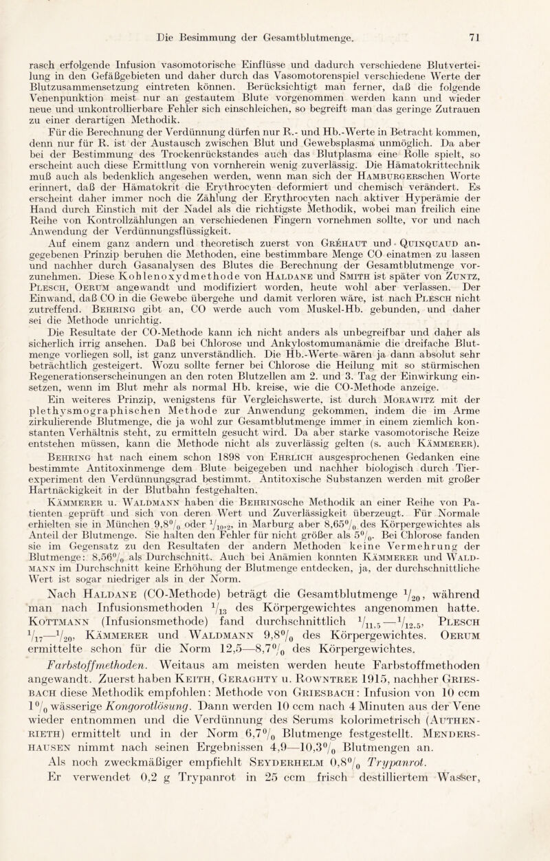 rasch erfolgende Infusion vasomotorische Einflüsse und dadurch verschiedene Blutvertei¬ lung in den Gefäßgebieten und daher durch das Vasomotorenspiel verschiedene Werte der Blutzusammensetzung eintreten können. Berücksichtigt man ferner, daß die folgende Venenpunktion meist nur an gestautem Blute vorgenommen werden kann und wieder neue und unkontrollierbare Fehler sich einschleichen, so begreift man das geringe Zutrauen zu einer derartigen Methodik. Für die Berechnung der Verdünnung dürfen nur R.- und Hb.-Werte in Betracht kommen, demi nur für R. ist der Austausch zwischen Blut und Gewebsplasma unmöglich. Da aber bei der Bestimmung des Trockenrückstandes auch das Blutplasma eine Rolle spielt, so erscheint auch diese Ermittlung von vornherein wenig zuverlässig. Die Hämatokrittecbnik muß auch als bedenklich angesehen werden, wenn man sich der HAMBURGERSchen Worte erinnert, daß der Hämatokrit die Erythrocyten deformiert und chemisch verändert. Es erscheint daher immer noch die Zählung der Erythrocyten nach aktiver Hyperämie der Hand durch Einstich mit der Nadel als die richtigste Methodik, wobei man freilich eine Reihe von Kontrollzählungen an verschiedenen Fingern vornehmen sollte, vor und nach Anwendung der Verdünnungsflüssigkeit. Auf einem ganz andern und theoretisch zuerst von Grehaut und Quinquaud an¬ gegebenen Prinzip beruhen die Methoden, eine bestimmbare Menge CO einatmen zu lassen und nachher durch Gasanalysen des Blutes die Berechnung der Gesamtblutmenge vor¬ zunehmen. Diese Kohlenoxydmethode von Haldane und Smith ist später von Zuntz, Plesch, Oerum angewandt und modifiziert worden, heute wohl aber verlassen. Der Einwand, daß CO in die Gewebe übergehe und damit verloren wäre, ist nach Plesch nicht zutreffend. Behring gibt an, CO werde auch vom Muskel-Hb. gebunden, und daher sei die Methode unrichtig. Die Resultate der CO-Methode kann ich nicht anders als unbegreifbar und daher als sicherlich irrig ansehen. Daß bei Chlorose und Ankylostomumanämie die dreifache Blut¬ menge vor liegen soll, ist ganz unverständlich. Die Hb.-Werte wären ja dann absolut sehr beträchtlich gesteigert. Wozu sollte ferner bei Chlorose die Heilung mit so stürmischen Regenerationserscheinungen an den roten Blutzellen am 2. und 3. Tag der Einwirkung ein- setzen, wenn im Blut mehr als normal Hb. kreise, wie die CO-Methode anzeige. Ein weiteres Prinzip, wenigstens für Vergleichswerte, ist durch Morawitz mit der plethysmographischen Methode zur Anwendung gekommen, indem die im Arme zirkulierende Blutmenge, die ja wohl zur Gesamtblutmenge immer in einem ziemlich kon¬ stanten Verhältnis steht, zu ermitteln gesucht wird. Da aber starke vasomotorische Reize entstehen müssen, kann die Methode nicht als zuverlässig gelten (s. auch Kämmerer). Behring hat nach einem schon 1898 von Ehrlich ausgesprochenen Gedanken eine bestimmte Antitoxinmenge dem Blute beigegeben und nachher biologisch durch Tier¬ experiment den Verdünnungsgrad bestimmt. Antitoxische Substanzen werden mit großer Hartnäckigkeit in der Blut bahn festgehalten. Kämmerer u. Waldmann haben die BEHRiNGsche Methodik an einer Reihe von Pa¬ tienten geprüft und sich von deren Wert und Zuverlässigkeit überzeugt. Für Normale erhielten sie in München 9,8°/0 oder 1J 10,2, in Marburg aber 8,65% des Körpergewichtes als Anteil der Blutmenge. Sie halten den Fehler für nicht größer als 5%. Bei Chlorose fanden sie im Gegensatz zu den Resultaten der andern Methoden keine Vermehrung der Blutmenge: 8,56% als Durchschnitt. Auch bei Anämien konnten Kämmerer und Wald¬ mann im Durchschnitt keine Erhöhung der Blutmenge entdecken, ja, der durchschnittliche Wert ist sogar niedriger als in der Norm. Nach Haldane (CO-Methode) beträgt die Gesamtblutmenge 1/20, während man nach Infusionsmethoden 1/13 des Körpergewichtes angenommen hatte. Kottmann (Infusionsmethode) fand durchschnittlich 1/115—Vi2,5> Plesch 1/i7—1/20, Kämmerer und Waldmann 9,8% des Körpergewichtes. Oerijm ermittelte schon für die Norm 12,5—8,7% des Körpergewichtes. Farbstoffmethoden. Weitaus am meisten werden heute Farbstoffmethoden angewandt. Zuerst haben Keith, Geraghty u. Rowntree 1915, nachher Gries¬ bach diese Methodik empfohlen: Methode von Griesbach: Infusion von 10 ccm 1% wässerige Kongorotlösung. Dann werden 10 ccm nach 4 Minuten aus der Vene wieder entnommen und die Verdünnung des Serums kolorimetrisch (Altthen- rieth) ermittelt und in der Norm 6,7% Blutmenge festgestellt. Menders- hausen nimmt nach seinen Ergebnissen 4,9—10,3% Blutmengen an. Als noch zweckmäßiger empfiehlt Seyderhelm 0,8% Trypanrot. Er verwendet 0,2 g Trypanrot in 25 ccm frisch destilliertem TVasfeer,