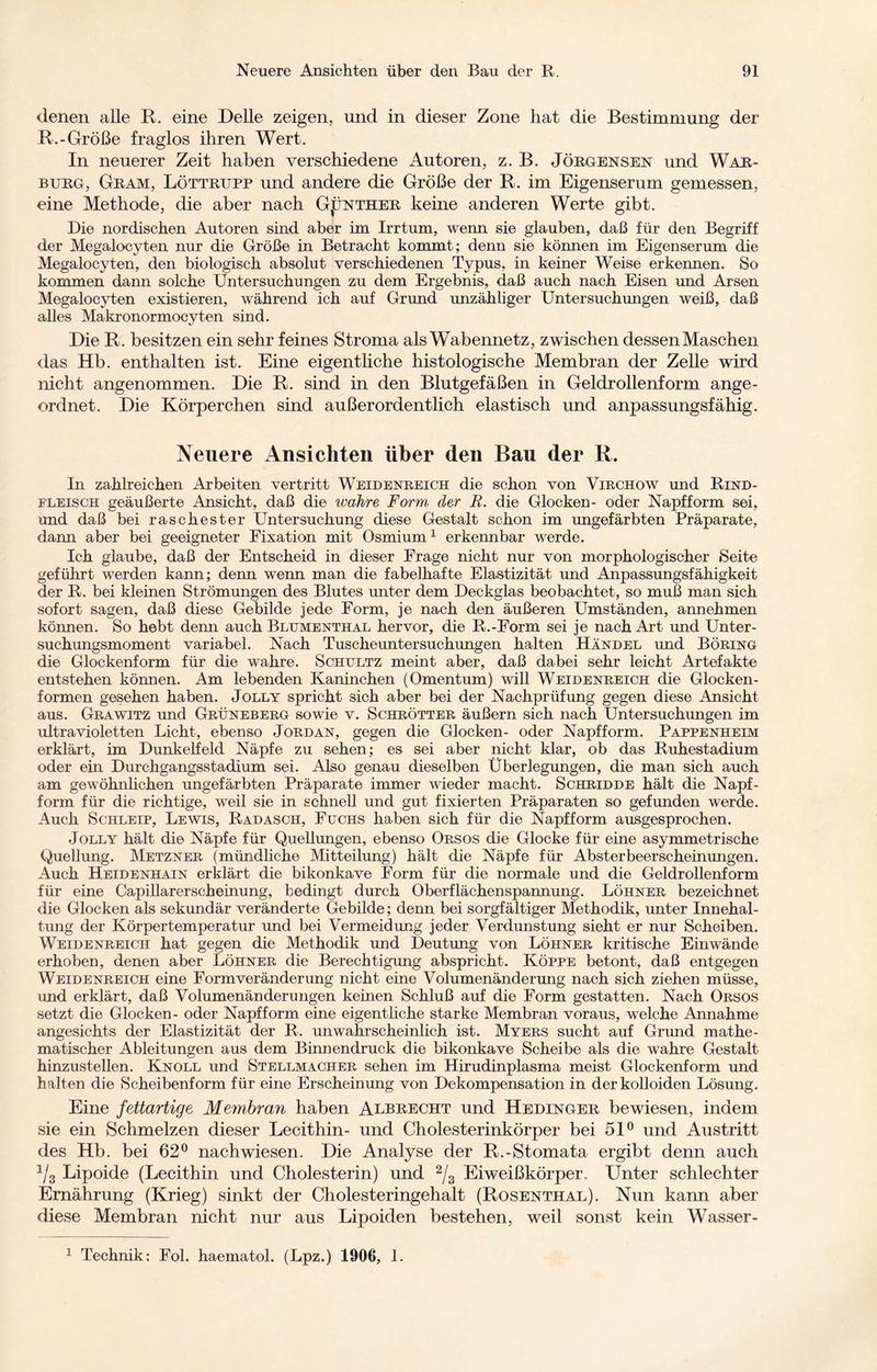 denen alle II. eine Delle zeigen, und in dieser Zone hat die Bestimmung der R.-Größe fraglos ihren Wert. In neuerer Zeit haben verschiedene Autoren, z. B. Jörgensen und War- burg, Gram, Löttrupp und andere die Größe der R. im Eigenserum gemessen, eine Methode, die aber nach Günther keine anderen Werte gibt. Die nordischen Autoren sind aber im Irrtum, wenn sie glauben, daß für den Begriff der Megalocyten nur die Größe in Betracht kommt; denn sie können im Eigenserum die Megalocyten, den biologisch absolut verschiedenen Typus, in keiner Weise erkennen. So kommen dann solche Untersuchungen zu dem Ergebnis, daß auch nach Eisen und Arsen Megalocyten existieren, während ich auf Grund unzähliger Untersuchungen weiß, daß alles Makronormocyten sind. Die R. besitzen ein sehr feines Stroma als Wabennetz, zwischen dessenMaschen das Hb. enthalten ist. Eine eigentliche histologische Membran der Zelle wird nicht angenommen. Die R. sind in den Blutgefäßen in Geldrollenform ange¬ ordnet. Die Körperchen sind außerordentlich elastisch und anpassungsfähig. Neuere Ansichten über den Bau der R. In zahlreichen Arbeiten vertritt Weidenreich die schon von Virchow und Rind¬ fleisch geäußerte Ansicht, daß die wahre Form der E. die Glocken- oder Napfform sei, und daß bei raschester Untersuchung diese Gestalt schon im ungefärbten Präparate, dann aber bei geeigneter Fixation mit Osmium1 erkennbar werde. Ich glaube, daß der Entscheid in dieser Frage nicht nur von morphologischer Seite geführt werden kann; denn wenn man die fabelhafte Elastizität und Anpassungsfähigkeit der R. bei kleinen Strömungen des Blutes unter dem Deckglas beobachtet, so muß man sich sofort sagen, daß diese Gebilde jede Form, je nach den äußeren Umständen, annehmen können. So hebt denn auch Blumenthal hervor, die R.-Form sei je nach Art und Unter¬ suchungsmoment variabel. Nach Tuscheuntersuchungen halten Händel und Böring die Glockenform für die wahre. Schultz meint aber, daß dabei sehr leicht Artefakte entstehen können. Am lebenden Kaninchen (Omentum) will Weidenreich die Glocken¬ formen gesehen haben. Jolly spricht sich aber bei der Nachprüfung gegen diese Ansicht aus. Grawitz und Grüneberg sowie v. Schrötter äußern sich nach Untersuchungen im ultravioletten Licht, ebenso Jordan, gegen die Glocken- oder Napfform. Pappenheim erklärt, im Dunkelfeld Näpfe zu sehen; es sei aber nicht klar, ob das Ruhestadium oder ein Durchgangsstadium sei. Also genau dieselben Überlegungen, die man sich auch am gewöhnlichen ungefärbten Präparate immer wieder macht. Schridde hält die Napf¬ form für die richtige, weil sie in schnell und gut fixierten Präparaten so gefunden werde. Auch Schleip, Lewis, Radasch, Fuchs haben sich für die Napfform ausgesprochen. Jolly hält die Näpfe für Quellungen, ebenso Orsos die Glocke für eine asymmetrische Quellung. Metzner (mündliche Mitteilung) hält die Näpfe für Absterbeerscheinungen. Auch Heidenhain erklärt die bikonkave Form für die normale und die Geldrollenform für eine Capillarerscheinung, bedingt durch Oberflächenspannung. Löhner bezeichnet die Glocken als sekundär veränderte Gebilde; denn bei sorgfältiger Methodik, unter Innehal¬ tung der Körpertemperatur und bei Vermeidung jeder Verdunstung sieht er nur Scheiben. Weidenreich hat gegen die Methodik und Deutung von Löhner kritische Einwände erhoben, denen aber Löhner die Berechtigung abspricht. Koppe betont, daß entgegen Weidenreich eine Formveränderung nicht eine Volumenänderung nach sich ziehen müsse, und erklärt, daß Volumenänderungen keinen Schluß auf die Form gestatten. Nach Orsos setzt die Glocken- oder Napfform eine eigentliche starke Membran voraus, welche Annahme angesichts der Elastizität der R. unwahrscheinlich ist. Myers sucht auf Grund mathe¬ matischer Ableitungen aus dem Binnendruck die bikonkave Scheibe als die wahre Gestalt hinzustellen. Knoll und Stellmacher sehen im Hirudinplasma meist Glockenform und halten die Scheibenform für eine Erscheinung von Dekompensation in der kolloiden Lösung. Eine fettartige Membran haben Albrecht und Hedinger bewiesen, indem sie ein Schmelzen dieser Lecithin- und Cholesterinkörper bei 51° und Austritt des Hb. bei 62° nachwiesen. Die Analyse der R.-Stomata ergibt denn auch 1/3 Lipoide (Lecithin und Cholesterin) und 2/3 Eiweißkörper. Unter schlechter Ernährung (Krieg) sinkt der Cholesteringehalt (Rosenthal). Nun kann aber diese Membran nicht nur aus Lipoiden bestehen, weil sonst kein Wasser - 1 Technik: Fol. haematol. (Lpz.) 1906, 1.