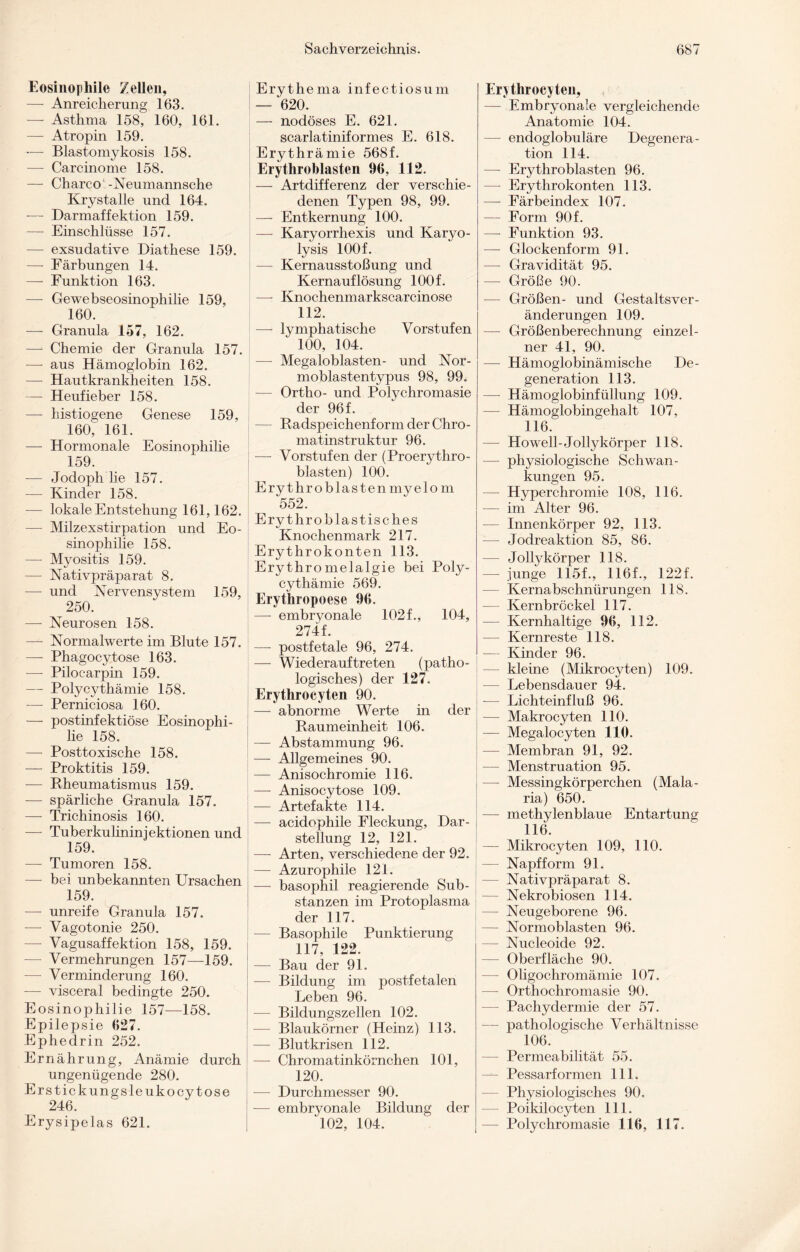 Eosinophile Zellen, — Anreicherung 163. — Asthma 158, 160, 161. — Atropin 159. — Blastomykosis 158. — Carcinome 158. — Charco -Neumannsche Krystalle und 164. — Darmaffektion 159. — Einschlüsse 157. — exsudative Diathese 159. — Färbungen 14. —- Funktion 163. — Ge webseosinophilie 159, 160. — Granula 157, 162. — Chemie der Granula 157. — aus Hämoglobin 162. — Hautkrankheiten 158. — Heufieber 158. — histiogene Genese 159, 160, 161. — Hormonale Eosinophilie 159. — Jodoph lie 157. — Kinder 158. — lokale Entstehung 161,162. —- Milzexstirpation und Eo¬ sinophilie 158. — Myositis 159. — Nativpräparat 8. — und Nervensystem 159, 250. —- Neurosen 158. —- Normalwerte im Blute 157. —- Phagocytose 163. —- Pilocarpin 159. —- Polycythämie 158. —- Perniciosa 160. — postinfektiöse Eosinophi¬ lie 158. — Posttoxische 158. — Proktitis 159. — Rheumatismus 159. — spärliche Granula 157. — Trichinosis 160. — Tuberkulininjektionen und 159. —- Tumoren 158. — bei unbekannten Ursachen 159. — unreife Granula 157. —- Vagotonie 250. —- Vagusaffektion 158, 159. — Vermehrungen 157—159. —- Verminderung 160. —- visceral bedingte 250. Eosinophilie 157—158. Epilepsie 627. Ephedrin 252. Ernährung, Anämie durch ungenügende 280. Erstickungsleukocytose 246. Erysipelas 621. Erythema infectiosum — 620. — nodöses E. 621. scarlatiniformes E. 618. Erythrämie 568f. Erythroblasten 96, 112. — Artdifferenz der verschie¬ denen Typen 98, 99. — Entkernung 100. — Karyorrhexis und Karyo- lysis lOOf. — Kernausstoßung und Kernauflösung lOOf. — Knochenmarkscarcinose 112. — lymphatische Vorstufen 100, 104. —- Megaloblasten- und Nor- moblastentypus 98, 99. — Ortho- und Polychromasie der 96 f. Radspeichenform der Chro- matinstruktur 96. —- Vorstufen der (Proerythro¬ blasten) 100. Erythroblasten myelo m 552. Erythroblastisches Knochenmark 217. Erythrokonten 113. Erythromelalgie bei Poly¬ cythämie 569. Erythropoese 96. —- embryonale 102 f., 104, 274f. — postfetale 96, 274. — Wiederauftreten (patho¬ logisches) der 127. Erythrocyten 90. — abnorme Werte in der Raumeinheit 106. — Abstammung 96. — Allgemeines 90. — Anisochromie 116. — Anisocytose 109. — Artefakte 114. — acidophile Fleckung, Dar¬ stellung 12, 121. —- Arten, verschiedene der 92. — Azurophile 121. — basophil reagierende Sub¬ stanzen im Protoplasma der 117. — Basophile Punktierung 117, 122. — Bau der 91. — Bildung im postfetalen Leben 96. —- Bildungszellen 102. — Blaukörner (Heinz) 113. — Blutkrisen 112. — Chromatinkörnchen 101, 120. —- Durchmesser 90. — embryonale Bildung der 102, 104. Erythrocyten, — Embryonale vergleichende Anatomie 104. — endoglobuläre Degenera¬ tion 114. — Erythroblasten 96. —- Erythrokonten 113. — Färbeindex 107. — Form 90 f. — Funktion 93. — Glockenform 91. —- Gravidität 95. —- Größe 90. — Größen- und Gestaltsver¬ änderungen 109. — Größenberechnung einzel¬ ner 41, 90. — Hämoglobinämische De¬ generation 113. — Hämoglobinfüllung 109. — Hämoglobingehalt 107, 116. — Howell-Jollykörper 118. — physiologische Schwan¬ kungen 95. — Hyperchromie 108, 116. — im Alter 96. — Innenkörper 92, 113. — Jodreaktion 85, 86. — Jollykörper 118. — junge 115f., 116f., 122f. Kernabschnürungen 118. — Kernbröckel 117. — Kernhaltige 96, 112. — Kernreste 118. —- Kinder 96. — kleine (Mikrocyten) 109. Lebensdauer 94. -— Lichteinfluß 96. — Makrocyten 110. — Megalocyten 110. — Membran 91, 92. — Menstruation 95. — Messingkörperchen (Mala¬ ria) 650. — methylenblaue Entartung 116. — Mikrocyten 109, 110. — Napf form 91. — Nativpräparat 8. — Nekrobiosen 114. — Neugeborene 96. — Normoblasten 96. — Nucleoide 92. — Oberfläche 90. — Oligochromämie 107. —- Orthochromasie 90. — Pachydermie der 57. — pathologische Verhältnisse 106. Permeabilität 55. Pessarformen 111. Physiologisches 90. — Poikilocyten 111. — Polychromasie 116, 117.