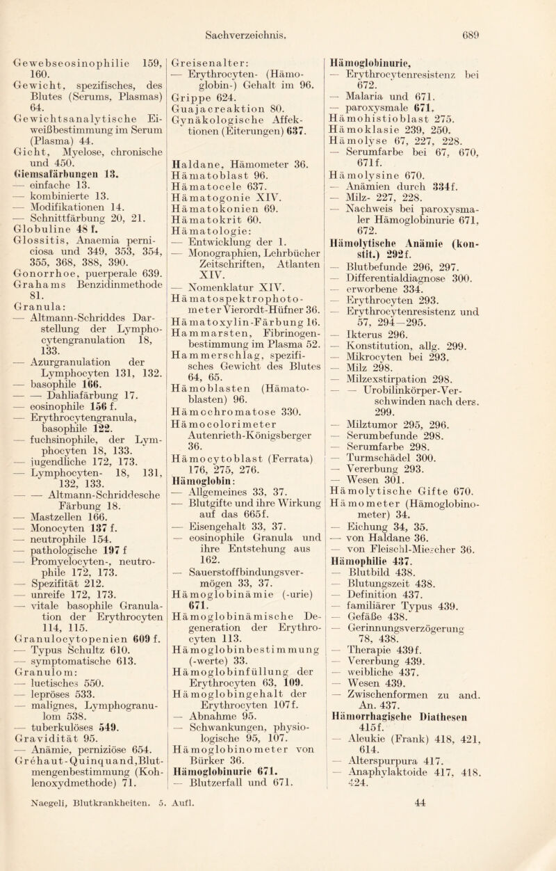 Gewebseosinopliilie 159, 160. Gewicht, spezifisches, des Blutes (Serums, Plasmas) 64. Gewichtsanalytische Ei¬ weißbestimmung im Serum (Plasma) 44. Gicht, Myelose, chronische und 450. Giemsafärbungen 13. — einfache 13. — kombinierte 13. -— Modifikationen 14. -— Schnittfärbung 20, 21. Globuline 48 f. Glossitis, Anaemia perni¬ ciosa und 349, 353, 354, 355, 368, 388, 390. Gonorrhoe, puerperale 639. Grahams Benzidinmethode 81. Granula: — Altmann-Schriddes Dar¬ stellung der Lympho- cytengranulation 18, 133. — Azurgranulation der Lymphocyten 131, 132. — basophile 166. — — Dahliafärbung 17. — eosinophile 156 f. — Erythrocytengranula, basophile 122. — fuchsinophile, der Lym¬ phocyten 18, 133. — jugendliche 172, 173. — Lymphocyten- 18, 131, 132, 133. -Altmann-Schriddesche Färbung 18. — Mastzellen 166. — Monocyten 137 f. — neutrophile 154. — pathologische 197 f — Promyelocyten-, neutro¬ phile 172, 173. — Spezifität 212. — unreife 172, 173. — vitale basophile Granula¬ tion der Erythrocyten 114, 115. Granulocytopenien 609 f. — Typus Schultz 610. — symptomatische 613. Granulom: — luetisches 550. -— lepröses 533. — malignes, Lymphogranu- lom 538. — tuberkulöses 549. Gravidität 95. -— Anämie, perniziöse 654. Gr ehaut-Quinquand,Blut¬ mengenbestimmung (Koh- lenoxydmethode) 71. Greisenalter: •— Erythrocyten- (Hämo¬ globin-) Gehalt im 96. Grippe 624. Guajacreaktion 80. Gynäkologische Affek¬ tionen (Eiterungen) 637. Haldane, Hämometer 36. Hämatoblast 96. Hämatocele 637. Hämatogonie XIV. Hämatokonien 69. Hämatokrit 60. Hämatologie: — Entwicklung der 1. -— Monographien, Lehrbücher Zeitschriften, Atlanten XIV. Nomenklatur XIV. Hämatospektrophoto- meter Vierordt-Hüfner 36. Hä matoxylin-Färbung 16. Hammarsten, Fibrinogen¬ bestimmung im Plasma 52. Hammerschlag, spezifi¬ sches Gewicht des Blutes 64, 65. Hämoblasten (Hämato- blasten) 96. Hämochromatose 330. Hämocolorimeter Autenrieth -Königsberger 36. Hämocytoblast (Ferrata) 176, 275, 276. Hämoglobin: — Allgemeines 33, 37. — Blutgifte und ihre Wirkung auf das 665 f. — Eisengehalt 33, 37. — eosinophile Granula und ihre Entstehung aus 162. — Sauerstoffbindungsver¬ mögen 33, 37. Hämoglobinämie (-urie) 671. Hämoglobinämische De¬ generation der Erythro¬ cyten 113. Hämoglobinbestimmung (-werte) 33. Hämoglobinfüllung der Erythrocyten 63, 109. Hämoglobingehalt der Erythrocyten 107f. — Abnahme 95. — Schwankungen, physio¬ logische 95, 107. Hämoglobinometer von Bürker 36. Hämoglobinurie 671. — Blutzerfall und 671. Hämoglobinurie, Erythrocytenresistenz bei 672. — Malaria und 671. — paroxysmale 671. Hämohistioblast 275. Hämoklasie 239, 250. Hämolyse 67, 227, 228. — Serumfarbe bei 67. 670, 671f. Hämolysine 670. — Anämien durch 334 f. — Milz- 227, 228. — Nachweis bei paroxysma¬ ler Hämoglobinurie 671, 672. Hämolytische Anämie (kon- stit.) 292 f. — Blutbefunde 296, 297. Differentialdiagnose 300. — erworbene 334. — Erythrocyten 293. Erythrocytenresistenz und 57, 294-295. — Ikterus 296. — Konstitution, allg. 299, — Mikrocyten bei 293. — Milz 298. — Milzexstirpation 298. — — Urobilinkörper-Ver- schwinden nach ders. 299. — Milztumor 295, 296. Serumbefunde 298. — Serumfarbe 298. — Turmschädel 300. — Vererbung 293. — Wesen 301. Hämolytische Gifte 670. Hämometer (Hämoglobino¬ meter) 34. — Eichung 34, 35. — von Haldane 36. — von Fleisc hl-Mieseher 36. Hämophilie 437. — Blutbild 438. — Blutungszeit 438. — Definition 437. — familiärer Typus 439. — Gefäße 438. Gerinnungsverzögerung 78, 438. — Therapie 439 f. — Vererbung 439. — weibliche 437. — Wesen 439. — Zwischenformen zu and. An. 437. Hämorrhagische Diathesen 415f. — Aleukie (Frank) 418, 421, 614. — Alterspurpura 417. Anaphvlaktoide 417, 418. 424. Naegeli, Blutkrankheiten. 5. Aufl. 44