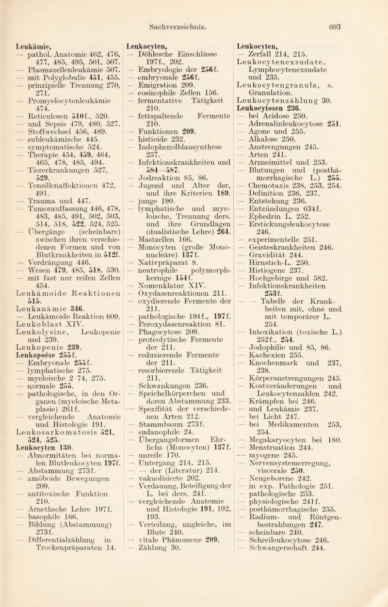 Leukämie, — pathol. Anatomie 462, 476, 477, 485, 495, 501, 507. — Plasmazellenleukämie 507. — mit Polyglobulie 451, 455. — prinzipielle Trennung 270, 271. — Promyelocytenleukämie 474. Leukocyten, — Döhlesche Einschlüsse 197f., 202. — Embryologie der 256f. — embryonale 256 f. — Emigration 209. — eosinophile Zellen 156. — fermentative Tätigkeit 210. — Reticulosen 510 f., 520. — und Sepsis 479, 480, 527. — Stoffwechsel 456, 489. — subleukämische 445. — symptomatische 524. — Therapie 454, 459, 464, 465, 478, 485, 494. — Tiererkrankungen 527, 529. — Tonsillenaffektionen 472, 491. — Trauma und 447. — Tumorauffassung 446, 478, 483, 485, 491, 502, 503. 514, 518, 522, 524, 525. — Übergänge (scheinbare) zwischen ihren verschie¬ denen Formen und von Blutkrankheiten in 512f. — Verdrängung 446. — Wesen 479, 485, 518, 530. — mit fast nur reifen Zellen 454. Leukämoide Reaktionen 515. Leukanämie 346. — Leukämoide Reaktion 609. Leukoblast XIV. Leukolysine, Leukopenie und 239. Leukopenie 239. Leukopoese 255f. — Embryonale 255 f. — lymphatische 275. — myeloische 2 74, 275. — normale 255. — pathologische, in den Or¬ ganen (myeloische Meta¬ plasie) 261 f. — vergleichende Anatomie und Histologie 191. Leukosarkomatosis 521, 524, 525. Leukocyten 130. — Abnormitäten bei norma¬ len Blutleukocyten 197f. — Abstammung 273f. — amöboide Bewegungen 209. — antitoxische Funktion 210. — Arnethsche Lehre 197f. — basophile 166. — Bildung (Abstammung) 273 f. Differentialzählung in Trockenpräparaten 14. fettspaltende Fermente 210. Funktionen 209. histioide 232. Indophenolblausynthese 257. Infektionskrankheiten und 584-587. Jodreaktion 85, 86. Jugend und Alter der, und ihre Kriterien 189. junge 190. lymphatische und mye¬ loische, Trennung ders. und ihre Grundlagen (dualistische Lehre) 264. Mastzellen 166. Monocyten (große Mono- nucleäre) 137 f. Nativpräparat 8. neutrophile polymorph¬ kernige 154 f. Nomenklatur XIV. Oxydasenreaktionen 211. oxydierende Fermente der 211. pathologische 194f., 197 f. Peroxydasenreaktion 81. Phagocytose 209. proteolytische Fermente der 211. reduzierende Fermente der 211. resorbierende Tätigkeit 211. Schwankungen 236. Speichelkörperchen und deren Abstammung 233. Spezifität der verschiede¬ nen Arten 212. Stammbaum 273 f. sudanophile 24. Übergangsformen Ehr- lichs (Monocyten) 137 f. unreife 170. Untergang 214, 215. — der (Literatur) 214. vakuolisierte 202. Verdauung, Beteiligung der L. bei ders. 241. vergleichende Anatomie und Histologie 191, 192, 193. Verteilung, ungleiche, im Blute 240. vitale Phänomene 209. Zählung 30. Leukocyten, — Zerfall 214, 215. Leukocytenexsudate, Lymphocytenexsudate und 235. Leukocytengranula, s. Granulation. Leukocytenzählung 30. Leukocytosen 236. — bei Acidose 250. — Adrenalinleukocytose 251. — Agone und 255. — Alkalose 250. — Anstrengungen 245. — Arten 241. — Arzneimittel und 253. — Blutungen und (posthä¬ morrhagische L.) 255. — Chemotaxis 238, 253, 254. — Definition 236, 237. — Entstehung 236. — Entzündungen 634f. — Ephedrin L. 252. — Erstickungsleukocytose 246. — experimentelle 251. — Geisteskrankheiten 246. — Gravidität 244. — Hirnstich-L. 250. — Histiogene 237. — Hochgebirge und 582. — Infektionskrankheiten 253f. — — Tabelle der Krank¬ heiten mit, ohne und mit temporärer L. 254. — Intoxikation (toxische L.) 252f., 254. — Jodophilie und 85, 86. — Kachexien 255. — Knochenmark und 237, 238. — Körperanstrengungen 245. — Kostveränderungen und Leukocytenzahlen 242. — Krämpfen bei 246. — und Leukämie 237. — bei Licht 247. — bei Medikamenten 253, 254. — Megakaryocyten bei 180. — Menstruation 244. — myogene 245. — Nervensystemerregung, viscerale 250. — Neugeborene 242. — in exp. Pathologie 251. — pathologische 253. — physiologische 241 f. — posthämorrhagische 255. — Radium- und Röntgen¬ bestrahlungen 247. — scheinbare 240. — Schreileukocytose 246. — Schwangerschaft 244.