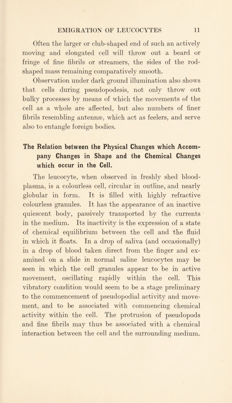 Often the larger or club-shaped end of such an actively moving and elongated cell will throw out a beard or fringe of fine fibrils or streamers, the sides of the rod¬ shaped mass remaining comparatively smooth. Observation under dark ground illumination also shows that cells during pseudopodesis, not only throw out bulky processes by means of which the movements of the cell as a whole are affected, but also numbers of finer fibrils resembling antennae, which act as feelers, and serve also to entangle foreign bodies. The Relation between the Physical Changes which Accom¬ pany Changes in Shape and the Chemical Changes which occur in the Cell. The leucocyte, when observed in freshly shed blood- plasma, is a colourless cell, circular in outline, and nearly globular in form. It is filled with highly refractive colourless granules. It has the appearance of an inactive quiescent body, passively transported by the currents in the medium. Its inactivity is the expression of a state of chemical equilibrium between the cell and the fluid in which it floats. In a drop of saliva (and occasionally) in a drop of blood taken direct from the finger and ex¬ amined on a slide in normal saline leucocytes may be seen in which the cell granules appear to be in active movement, oscillating rapidly within the cell. This vibratory condition would seem to be a stage preliminary to the commencement of pseudopodial activity and move¬ ment, and to be associated with commencing chemical activity within the cell. The protrusion of pseudopods and fine fibrils mav thus be associated with a chemical interaction between the cell and the surrounding medium.