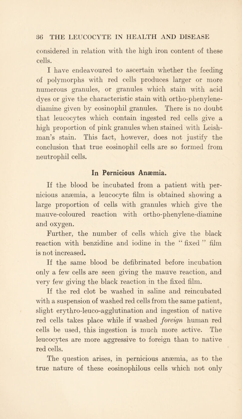 considered in relation with the high iron content of these cells. I have endeavoured to ascertain whether the feeding of polymorphs with red cells produces larger or more numerous granules, or granules which stain with acid dyes or give the characteristic stain with ortho-phenylene- diamine given by eosinophil granules. There is no doubt that leucocytes which contain ingested red cells give a high proportion of pink granules when stained with Leish- man’s stain. This fact, however, does not justify the conclusion that true eosinophil cells are so formed from neutrophil cells. In Pernicious Anaemia. If the blood be incubated from a patient with per¬ nicious anaemia, a leucocyte film is obtained showing a large proportion of cells with granules which give the mauve-coloured reaction with ortho-phenylene-diamine and oxygen. Further, the number of cells which give the black reaction with benzidine and iodine in the “ fixed 55 film is not increased. If the same blood be defibrinated before incubation only a few cells are seen giving the mauve reaction, and very few giving the black reaction in the fixed film. If the red clot be washed in saline and reincubated with a suspension of washed red cells from the same patient, slight erythro-leuco-agglutination and ingestion of native red cells takes place while if washed foreign human red cells be used, this ingestion is much more active. The leucocytes are more aggressive to foreign than to native red cells. The question arises, in pernicious anaemia, as to the true nature of these eosinophilous cells which not only