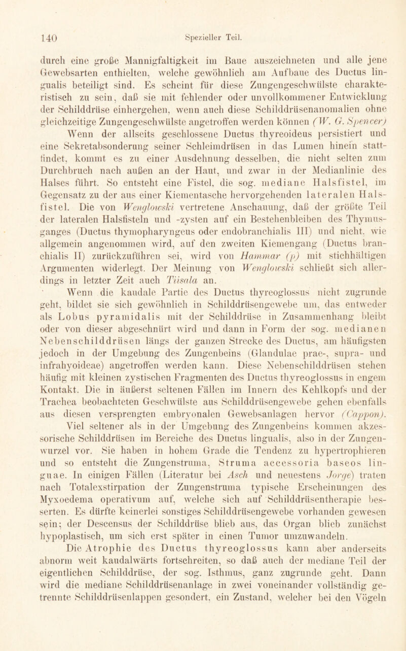 durch eine große Mannigfaltigkeit im Baue auszeichneten und alle jene Gewebsarten enthielten, welche gewöhnlich am Auf baue des Ductus lin- gualis beteiligt sind. Es scheint für diese Zungengeschwülste charakte¬ ristisch zu sein, daß sie mit fehlender oder unvollkommener Entwicklung der Schilddrüse einhergehen, wenn auch diese Schilddrüsenanomalien ohne gleichzeitige Zungengeschwülste angetroffen werden können (W. G. Spencer) Wenn der allseits geschlossene Ductus thyreoideus persistiert und eine Sekretabsonderung seiner Schleimdrüsen in das Lumen hinein statt- tindet, kommt es zu einer Ausdehnung desselben, die nicht selten zum Durchbruch nach außen an der Haut, und zwar in der Medianlinie des Halses führt. So entsteht eine Fistel, die sog. mediane Halsfistel, im Gegensatz zu der aus einer Kiementasche hervorgehenden lateralen Hals¬ fistel. Die von WenglowsJci vertretene Anschauung, daß der größte Teil der lateralen Halsfisteln und -zysten auf ein Bestehenbleiben des Thymus¬ ganges (Ductus thymopharyngeus oder endobranchialis III) und nicht, wie allgemein angenommen wird, auf den zweiten Kiemengang (Ductus bran- chialis II) zurückzuführen sei, wird von Hammar (p) mit stichhältigen Argumenten widerlegt. Der Meinung von WenglowsJci schließt sich aller¬ dings in letzter Zeit auch Tiisala an. Wenn die kaudale Partie des Ductus thyreoglossus nicht zugrunde geht, bildet sie sich gewöhnlich in Schilddrüsengewebe um, das entweder als Lobus pyramidalis mit der Schilddrüse in Zusammenhang bleibt oder von dieser abgeschnürt wird und dann in Form der sog. medianen Nebenschilddrüsen längs der ganzen Strecke des Ductus, am häufigsten jedoch in der Umgebung des Zungenbeins (Glandulae prae-, supra- und infrahyoideae) angetroffen werden kann. Diese Nebenschilddrüsen stehen häufig mit kleinen zystischen Fragmenten des Ductus thyreoglossus in engem Kontakt. Die in äußerst seltenen Fällen im Innern des Kehlkopfs und der Trachea beobachteten Geschwülste aus Schilddrüsengewebe gehen ebenfalls aus diesen versprengten embryonalen Gewebsanlagen hervor (Cappon). Viel seltener als in der Umgebung des Zungenbeins kommen akzes¬ sorische Schilddrüsen im Bereiche des Ductus lingualis, also in der Zungen¬ wurzel vor. Sie haben in hohem Grade die Tendenz zu hypertrophieren und so entsteht die Zungenstruma, Struma accessoria baseos lin- guae. In einigen Fällen (Literatur bei Asch und neuestens Jorge) traten nach Totalexstirpation der Zungenstruma typische Erscheinungen des Myxoedema operativum auf, welche sich auf Schilddrüsentherapie bes¬ serten. Es dürfte keinerlei sonstiges Schilddrüsengewebe vorhanden gewesen sein; der Descensus der Schilddrüse blieb aus, das Organ blieb zunächst hypoplastisch, um sich erst später in einen Tumor umzuwandeln. Die Atrophie des Ductus thyreoglossus kann aber anderseits abnorm weit kaudalwärts fortschreiten, so daß auch der mediane Teil der eigentlichen Schilddrüse, der sog. Isthmus, ganz zugrunde geht. Dann wird die mediane Schilddrüsenanlage in zwei voneinander vollständig ge¬ trennte Schilddrüsenlappen gesondert, ein Zustand, welcher bei den Vögeln