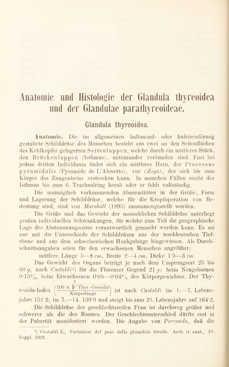 Anatomie und Histologie der Glandula thyreoidea und der Glandulae paratliyreoideae. Glandula thyreoidea. Anatomie. Die im allgemeinen halbmond- oder hufeisenförmig gestaltete Schilddrüse des Menschen besteht aus zwei an den Seitenflächen des Kehlkopfes gelagerten Seiten lappen, welche durch ein mittleres Stück, den Brücken lappen (Isthmus), miteinander verbunden sind. Fast bei jedem dritten Individuum findet sich ein mittleres Ilorn, der Processus pyramidalis (Pyramide de L’Alouette), vor (Zoyaj, der sich bis zum Körper des Zungenbeins erstrecken kann. In manchen Fällen reicht der Isthmus bis zum 6. Trachealring herab oder er fehlt vollständig. Die mannigfach vorkommenden Abnormitäten in der Größe, Form und Lagerung der Schilddrüse, welche für die Kropfoperation von Be¬ deutung sind, sind von Marshall (1895) zusammengestellt worden. Die Größe und das Gewicht der menschlichen Schilddrüse unterliegt großen individuellen Schwankungen, für welche zum Teil die geographische Lage des Abstammungsortes verantwortlich gemacht werden kann. Es sei nur auf die Unterschiede der Schilddrüsen aus der norddeutschen Tief¬ ebene und aus dem schweizerischen Hochgebirge hingewiesen. Als Durch¬ schnittsangaben seien für den erwachsenen Menschen angeführt: mittlere Länge 5—8 cm, Breite 2—4 cm, Dicke 15—3 cm. Das Gewicht des Organs beträgt je nach dem Ursprungsort 25 bis 60 y, nach Castaldi1) für die Florenzer Gegend 21 y; beim Neugebornen 0T5%, beim Erwachsenen 0‘05—0 04% des Körpergewichtes. Der Thy- reoida-Index 100 X l/Thyr.-Gewicht Körperl an ge ist nach Castaldi im 1. 7. Lebens¬ jahre 15F2, im 7.—14. 139‘9 und steigt bis zum 21. Lebensjahre auf 164’2. Die Schilddrüse der geschlechtsreifen Frau ist durchweg größer und schwerer als die des Mannes. Der Geschlechtsunterschied dürfte erst in der Pubertät manifestiert werden. Die Angabe von Perrando, daß die 1) Castaldi L., Variazioni del peso della ghiandola tiroide. Arch. it. anat., IS. Suppl. 1921.