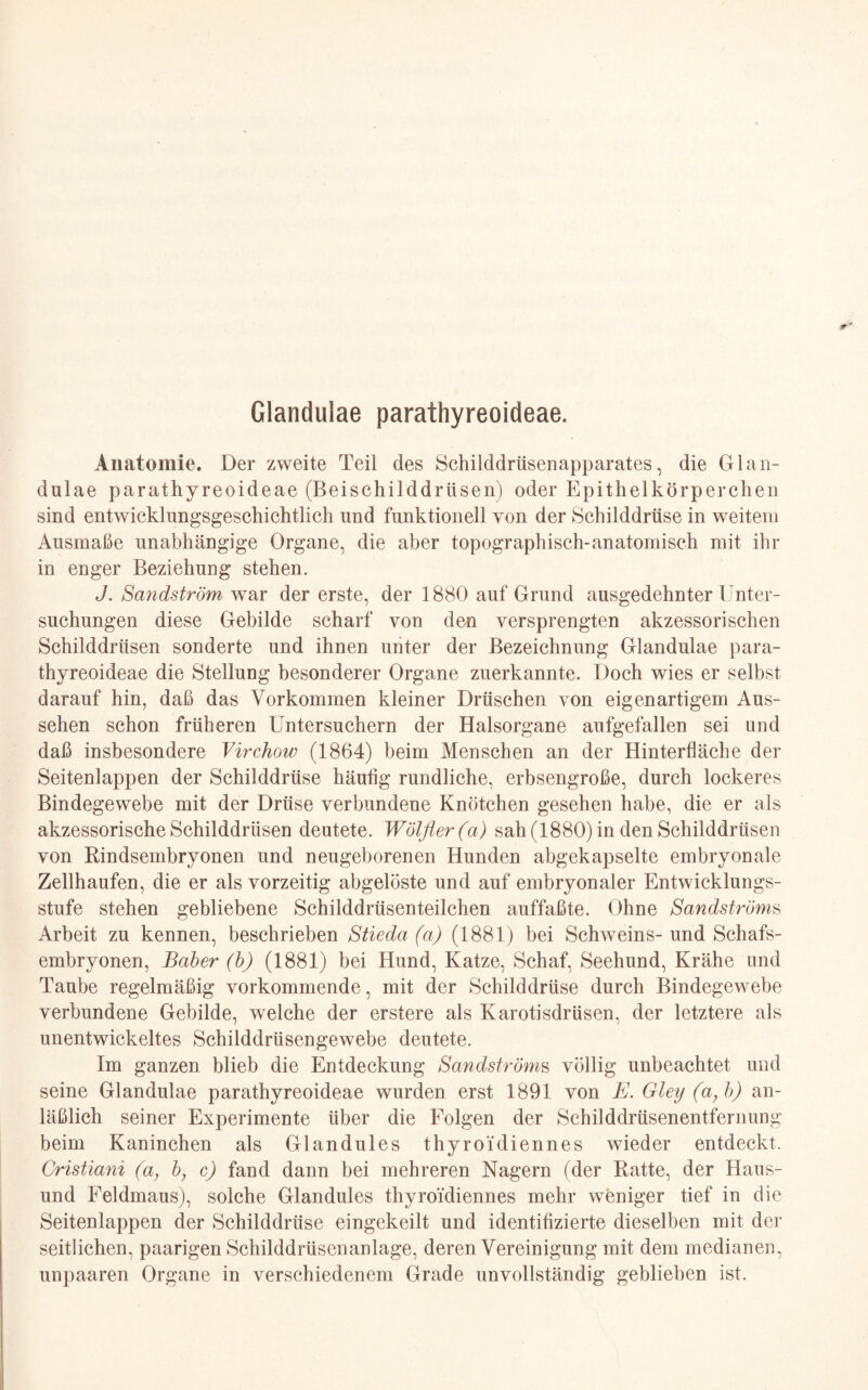 Glandulae parathyreoideae. Anatomie. Der zweite Teil des Schilddrüsenapparates, die Glan¬ dulae parathyreoideae (Beischilddrüsen) oder Epithelkörperchen sind entwicklungsgeschichtlich und funktionell von der Schilddrüse in weitem Ausmaße unabhängige Organe, die aber topographisch-anatomisch mit ihr in enger Beziehung stehen. J. Sandström war der erste, der 1880 auf Grund ausgedehnter Unter¬ suchungen diese Gebilde scharf von den versprengten akzessorischen Schilddrüsen sonderte und ihnen unter der Bezeichnung Glandulae para¬ thyreoideae die Stellung besonderer Organe zuerkannte. Doch wies er selbst darauf hin, daß das Vorkommen kleiner Drüschen von eigenartigem Aus¬ sehen schon früheren Untersuchern der Halsorgane aufgefallen sei und daß insbesondere Virchow (1864) beim Menschen an der Hinterfläche der Seitenlappen der Schilddrüse häufig rundliche, erbsengroße, durch lockeres Bindegewebe mit der Drüse verbundene Knötchen gesehen habe, die er als akzessorische Schilddrüsen deutete. Wölfler(a) sah (1880) in den Schilddrüsen von Rindsembryonen und neugeborenen Hunden abgekapselte embryonale Zellhaufen, die er als vorzeitig abgelöste und auf embryonaler Entwicklungs¬ stufe stehen gebliebene Schilddrüsenteilchen auffaßte. Ohne Sandströms Arbeit zu kennen, beschrieben Stieda (a) (1881) bei Schweins- und Schafs¬ embryonen, Baber (b) (1881) bei Hund, Katze, Schaf, Seehund, Krähe und Taube regelmäßig vorkommende, mit der Schilddrüse durch Bindegewebe verbundene Gebilde, welche der erstere als Karotisdrüsen, der letztere als unentwickeltes Schilddrüsengewebe deutete. Im ganzen blieb die Entdeckung Sandströms völlig unbeachtet und seine Glandulae parathyreoideae wurden erst 1891 von E. Gleiy (a,b) an¬ läßlich seiner Experimente über die Folgen der Sehilddrüsenentfernung beim Kaninchen als Glandules thyroidiennes wieder entdeckt. Cristiani (a} b, c) fand dann bei mehreren Nagern (der Ratte, der Haus¬ und Feldmaus), solche Glandules thyroidiennes mehr weniger tief in die Seitenlappen der Schilddrüse eingekeilt und identifizierte dieselben mit der seitlichen, paarigen Schilddrüsenanlage, deren Vereinigung mit dem medianen, unpaaren Organe in verschiedenem Grade unvollständig geblieben ist.