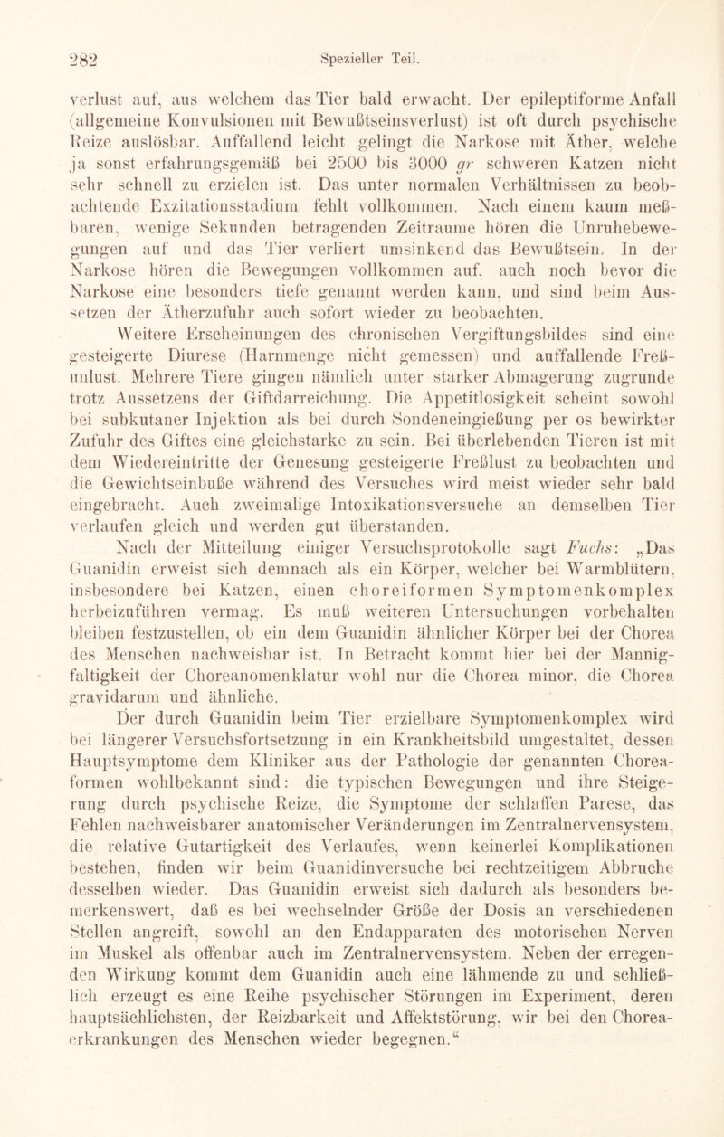 verlust auf, aus welchem das Tier bald erwacht. Der epileptiforme Anfall (allgemeine Konvulsionen mit Bewußtseinsverlust) ist oft durch psychische Reize auslösbar. Auffallend leicht gelingt die Narkose mit Äther, welche ja sonst erfahrungsgemäß bei 2500 bis 3000 gr schweren Katzen nicht sehr schnell zu erzielen ist. Das unter normalen Verhältnissen zu beob¬ achtende Exzitationsstadium fehlt vollkommen. Nach einem kaum meß¬ baren, wenige Sekunden betragenden Zeiträume hören die Unruhebewe- gungen auf und das Tier verliert umsinkend das Bewußtsein. In der Narkose hören die Bewegungen vollkommen auf, auch noch bevor die Narkose eine besonders tiefe genannt werden kann, und sind beim Aus¬ setzen der Ätherzufuhr auch sofort wieder zu beobachten. Weitere Erscheinungen des chronischen Vergiftungsbildes sind eine gesteigerte Diurese (Harnmenge nicht gemessen) und auffallende Freß- unlust. Mehrere Tiere gingen nämlich unter starker Abmagerung zugrunde trotz Aussetzens der Giftdarreichung. Die Appetitlosigkeit scheint sowohl bei subkutaner Injektion als bei durch Sondeneingießung per os bewirkter Zufuhr des Giftes eine gleichstarke zu sein. Bei überlebenden Tieren ist mit dem Wiedereintritte der Genesung gesteigerte Freßlust zu beobachten und die Gewichtseinbuße während des Versuches wird meist wieder sehr bald eingebracht. Auch zweimalige Intoxikationsversuche an demselben Tier verlaufen gleich und werden gut überstanden. Nach der Mitteilung einiger Versuchsprotokolle sagt Fuchs: „Das Guanidin erweist sich demnach als ein Körper, welcher bei Warmblütern, insbesondere bei Katzen, einen choreiformen Symptomenkomplex herbeizuführen vermag. Es muß weiteren Untersuchungen Vorbehalten bleiben festzustellen, ob ein dem Guanidin ähnlicher Körper bei der Chorea des Menschen nachweisbar ist. In Betracht kommt hier bei der Mannig¬ faltigkeit der Choreanomenklatur wohl nur die Chorea minor, die Chorea gravidarum und ähnliche. Der durch Guanidin beim Tier erzielbare Symptomenkomplex wird bei längerer Versuchsfortsetzung in ein Krankheitsbild umgestaltet, dessen Hauptsymptome dem Kliniker aus der Pathologie der genannten Chorea- formen wohlbekannt sind: die typischen Bewegungen und ihre Steige¬ rung durch psychische Reize, die Symptome der schlaffen Parese, das Fehlen nachweisbarer anatomischer Veränderungen im Zentralnervensystem, die relative Gutartigkeit des Verlaufes, wenn keinerlei Komplikationen bestehen, linden wir beim Guanidinversuche bei rechtzeitigem Abbruche desselben wieder. Das Guanidin erweist sich dadurch als besonders be¬ merkenswert, daß es bei wechselnder Größe der Dosis an verschiedenen Stellen angreift, sowohl an den Endapparaten des motorischen Nerven im Muskel als offenbar auch im Zentralnervensystem. Neben der erregen¬ den Wirkung kommt dem Guanidin auch eine lähmende zu und schließ¬ lich erzeugt es eine Reihe psychischer Störungen im Experiment, deren hauptsächlichsten, der Reizbarkeit und Affektstörung, wir bei den Chorea¬ erkrankungen des Menschen wieder begegnen.“
