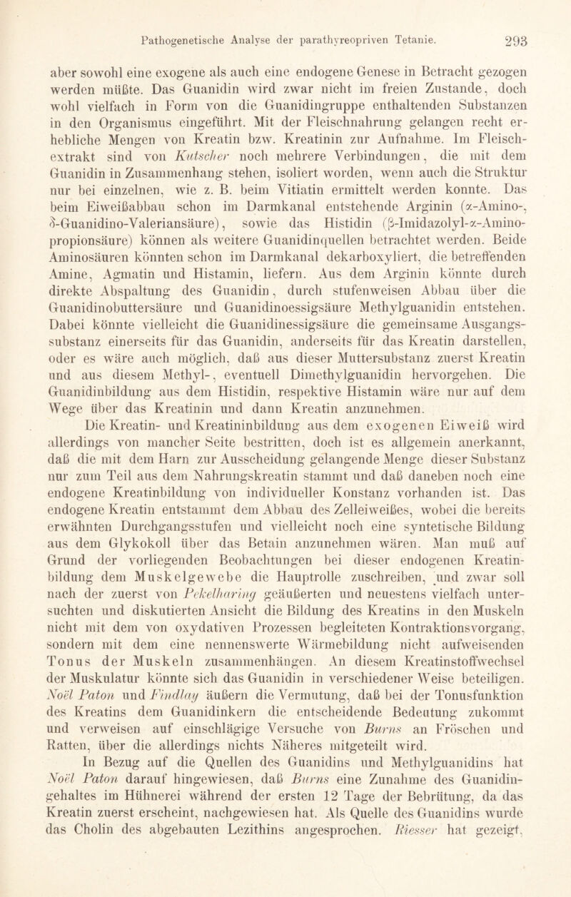 aber sowohl eine exogene als auch eine endogene Genese in Betracht gezogen werden müßte. Das Guanidin wird zwar nicht im freien Zustande, doch wohl vielfach in Form von die Guanidingruppe enthaltenden Substanzen in den Organismus eingeführt. Mit der Fleischnahrung gelangen recht er¬ hebliche Mengen von Kreatin bzw. Kreatinin zur Aufnahme. Im Fleisch¬ extrakt sind von Kutscher noch mehrere Verbindungen, die mit dem Guanidin in Zusammenhang stehen, isoliert worden, wenn auch die Struktur nur bei einzelnen, wie z. B. beim Vitiatin ermittelt werden konnte. Das beim Eiweißabbau schon im Darmkanal entstehende Arginin (a-Amino-, ^-Guanidino-Valeriansäure), sowie das Histidin (ß-Imidazolyl-a-Amino- propionsäure) können als weitere Guanidin quellen betrachtet werden. Beide Aminosäuren könnten schon im Darmkanal dekarboxyliert, die betreffenden Amine, Agmatin und Histamin, liefern. Aus dem Arginin könnte durch direkte Abspaltung des Guanidin, durch stufen weisen Abbau über die Guanidinobuttersäure und Guanidinoessigsäure Methylguanidin entstehen. Dabei könnte vielleicht die Guanidinessigsäure die gemeinsame Ausgangs¬ substanz einerseits für das Guanidin, anderseits für das Kreatin darstellen, oder es wäre auch möglich, daß aus dieser Muttersubstanz zuerst Kreatin und aus diesem Methyl-, eventuell Dimethylguanidin hervorgehen. Die Guanidinbildung aus dem Histidin, respektive Histamin wäre nur auf dem Wege über das Kreatinin und dann Kreatin anzunehmen. Die Kreatin- und Kreatininbildung aus dem exogenen Eiweiß wird allerdings von mancher Seite bestritten, doch ist es allgemein anerkannt, daß die mit dem Harn zur Ausscheidung gelangende Menge dieser Substanz nur zum Teil aus dem Nahrungskreatin stammt und daß daneben noch eine endogene Kreatinbildung von individueller Konstanz vorhanden ist. Das endogene Kreatin entstammt dem Abbau des Zelleiweißes, wobei die bereits erwähnten Durchgangsstufen und vielleicht noch eine syntetische Bildung aus dem Glykokoll über das Betain anzunehmen wären. Man muß auf Grund der vorliegenden Beobachtungen bei dieser endogenen Kreatin¬ bildung dem Muskelgewebe die Hauptrolle zuschreiben, .und zwar soll nach der zuerst von Pekelharing geäußerten und neuestens vielfach unter¬ suchten und diskutierten Ansicht die Bildung des Kreatins in den Muskeln nicht mit dem von oxydativen Prozessen begleiteten Kontraktionsvorgang, sondern mit dem eine nennenswerte Wärmebildung nicht aufweisenden Tonus der Muskeln Zusammenhängen. An diesem Kreatinstoffwechsel der Muskulatur könnte sich das Guanidin in verschiedener Weise beteiligen. Noel Paton und Findlcty äußern die Vermutung, daß bei der Tonusfunktion des Kreatins dem Guanidinkern die entscheidende Bedeutung zukommt und verweisen auf einschlägige Versuche von Bums an Fröschen und Ratten, über die allerdings nichts Näheres mitgeteilt wird. In Bezug auf die Quellen des Guanidins und Methylguanidins hat Noel Paton darauf hingewiesen, daß Bums eine Zunahme des Guanidin¬ gehaltes im Hühnerei während der ersten 12 Tage der Bebrütung, da das Kreatin zuerst erscheint, nachgewiesen hat. Als Quelle des Guanidins wurde das Cholin des abgebauten Lezithins angesprochen. Messer hat gezeigt,