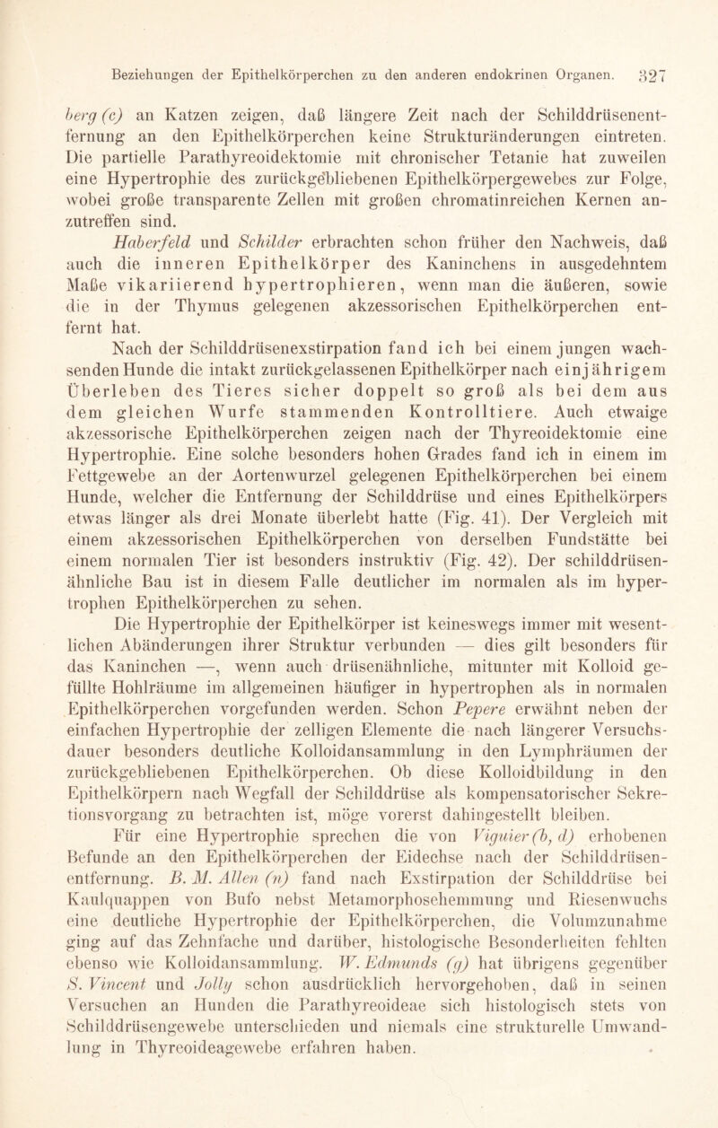 berg (c) an Katzen zeigen, daß längere Zeit nach der Schilddrüsenent- fernung an den Epithelkörperchen keine Strukturänderungen eintreten. Die partielle Parathyreoidektomie mit chronischer Tetanie hat zuweilen eine Hypertrophie des zurückgebliebenen Epithelkörpergewebes zur Folge, wobei große transparente Zellen mit großen chromatinreichen Kernen an¬ zutreffen sind. Haberfeld und Schilder erbrachten schon früher den Nachweis, daß auch die inneren Epithelkörper des Kaninchens in ausgedehntem Maße vikariierend hypertrophieren, wenn man die äußeren, sowie die in der Thymus gelegenen akzessorischen Epithelkörperchen ent¬ fernt hat. Nach der Schilddrüsenexstirpation fand ich bei einem jungen wach¬ senden Hunde die intakt zurückgelassenen Epithelkörper nach einjährigem Überleben des Tieres sicher doppelt so groß als bei dem aus dem gleichen Wurfe stammenden Kontrolliere. Auch etwaige akzessorische Epithelkörperchen zeigen nach der Thyreoidektomie eine Hypertrophie. Eine solche besonders hohen Grades fand ich in einem im Fettgewebe an der Aortenwurzel gelegenen Epithelkörperchen bei einem Hunde, welcher die Entfernung der Schilddrüse und eines Epithelkörpers etwas länger als drei Monate überlebt hatte (Fig. 41). Der Vergleich mit einem akzessorischen Epithelkörperchen von derselben Fundstätte bei einem normalen Tier ist besonders instruktiv (Fig. 42). Der schilddrüsen¬ ähnliche Bau ist in diesem Falle deutlicher im normalen als im hyper¬ trophen Epithelkörperchen zu sehen. Die Hypertrophie der Epithelkörper ist keineswegs immer mit wesent¬ lichen Abänderungen ihrer Struktur verbunden — dies gilt besonders für das Kaninchen —, wenn auch drüsenähnliche, mitunter mit Kolloid ge¬ füllte Hohlräume im allgemeinen häutiger in hypertrophen als in normalen Epithelkörperchen vorgefunden werden. Schon Pepere erwähnt neben der einfachen Hypertrophie der zelligen Elemente die nach längerer Versuchs¬ dauer besonders deutliche Kolloidansammlung in den Lymphräumen der zurückgebliebenen Epithelkörperchen. Ob diese Kolloidbildung in den Epithelkörpern nach Wegfall der Schilddrüse als kompensatorischer Sekre¬ tionsvorgang zu betrachten ist, möge vorerst dahingestellt bleiben. Für eine Hypertrophie sprechen die von Viguier (b, d) erhobenen Befunde an den Epithelkörperchen der Eidechse nach der Schilddrüsen¬ entfernung. B. M. Allen (n) fand nach Exstirpation der Schilddrüse bei Kaulquappen von Bufo nebst Metamorphosehemmung und Riesenwuchs eine deutliche Hypertrophie der Epithelkörperchen, die Volumzunahme ging auf das Zehnfache und darüber, histologische Besonderheiten fehlten ebenso wie Kolloidansammlung. W. Edmunds (g) hat übrigens gegenüber S. Vincent und Jolly schon ausdrücklich hervorgehoben, daß in seinen Versuchen an Hunden die Parathyreoideae sich histologisch stets von Schilddrüsengewebe unterschieden und niemals eine strukturelle Umwand¬ lung in Thyreoideagewebe erfahren haben.