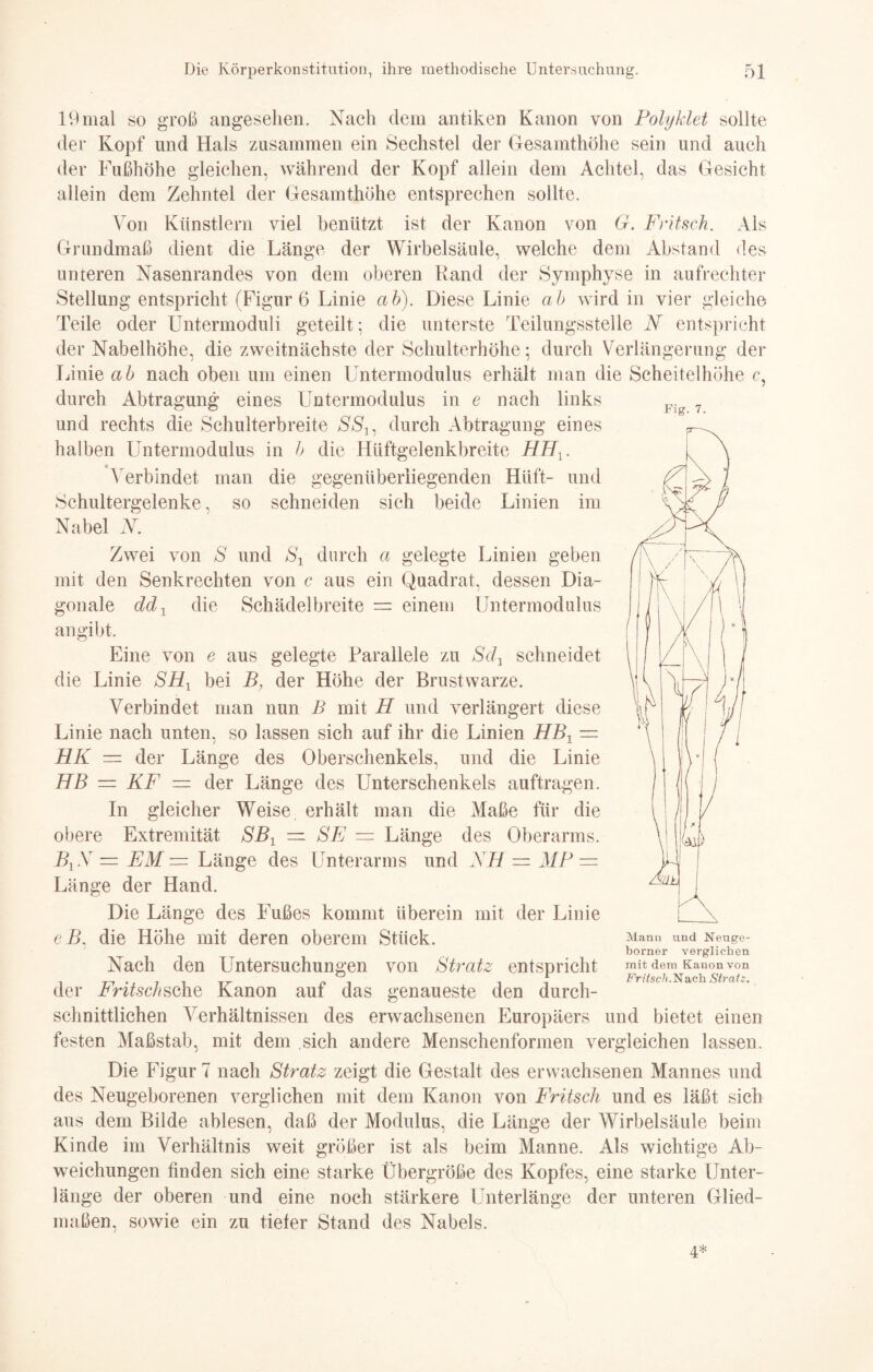 Fig. 7. 19 mal so groß angesehen. Nach dem antiken Kanon von Polyklet sollte der Kopf und Hals zusammen ein Sechstel der Gesamthöhe sein und auch der Fußhöhe gleichen, während der Kopf allein dem Achtel, das Gesicht allein dem Zehntel der Gesamthöhe entsprechen sollte. Von Künstlern viel benützt ist der Kanon von G. Fritsch. Als Grundmaß dient die Länge der Wirbelsäule, welche dem Abstand des unteren Nasenrandes von dem oberen Rand der Symphyse in aufrechter Stellung entspricht (Figur 6 Linie ah). Diese Linie ah wird in vier gleiche Teile oder Untermoduli geteilt; die unterste Teilungsstelle N entspricht der Nabelhöhe, die zweitnächste der Schulterhöhe; durch Verlängerung der Linie ah nach oben um einen Untermodulus erhält man die Scheitelhöhe c, durch Abtragung eines Untermodulus in e nach links und rechts die Schulterbreite SSU durch Abtragung eines halben Untermodulus in h die Hüftgelenkbreite HHX. Verbindet man die gegenüberliegenden Hüft- und Schultergelenke, so schneiden sich beide Linien im Nabel N. Zwei von S und S1 durch a gelegte Linien geben mit den Senkrechten von c aus ein Quadrat, dessen Dia¬ gonale cld1 die Schädel breite = einem Untermodulus angibt. Eine von e aus gelegte Parallele zu Sdx schneidet die Linie SRx bei B, der Höhe der Brustwarze. Verbindet man nun B mit H und verlängert diese Linie nach unten, so lassen sich auf ihr die Linien HB1 — HK — der Länge des Oberschenkels, und die Linie HB — KF — der Länge des Unterschenkels auftragen. In gleicher Weise erhält man die Maße für die obere Extremität SBX — SF — Länge des Oberarms. Bx V = EM = Länge des Unterarms und NH = MP — Länge der Hand. Die Länge des Fußes kommt überein mit der Linie eB. die Höhe mit deren oberem Stück. Nach den Untersuchungen von Stratz entspricht der Fritschsdhe Kanon auf das genaueste den durch¬ schnittlichen Verhältnissen des erwachsenen Europäers und bietet einen festen Maßstab, mit dem sich andere Menschenformen vergleichen lassen. Die Figur 7 nach Stratz zeigt die Gestalt des erwachsenen Mannes und des Neugeborenen verglichen mit dem Kanon von Fritsch und es läßt sich aus dem Bilde ablesen, daß der Modulus, die Länge der Wirbelsäule beim Kinde im Verhältnis weit größer ist als beim Manne. Als wichtige Ab¬ weichungen finden sich eine starke Übergröße des Kopfes, eine starke Unter¬ länge der oberen und eine noch stärkere Unterlänge der unteren Glied¬ maßen, sowie ein zu tiefer Stand des Nabels. 4* Mann und Neuge- borner verglichen mit dem Kanon von Frfisc/f.Nach Stratz.