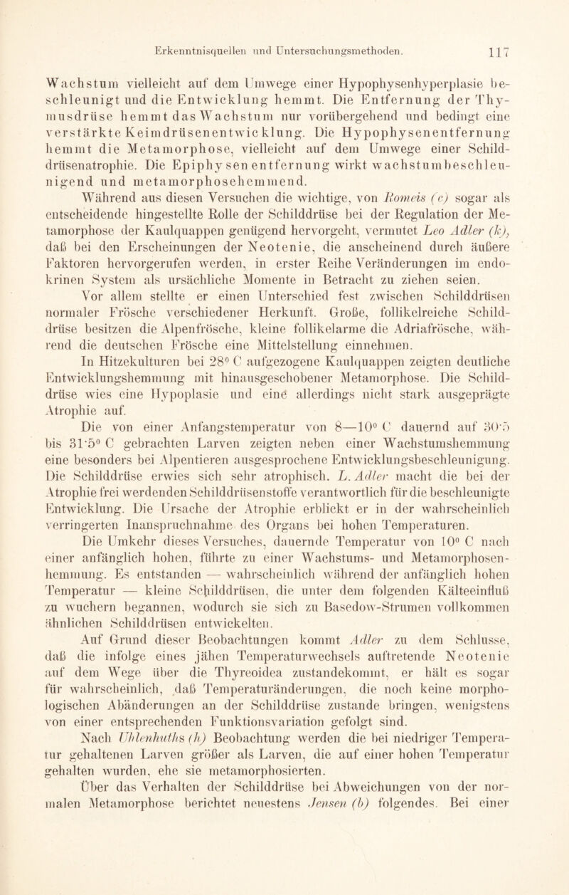 Wachstum vielleicht auf dem Umwege einer Hypophysenhyperplasie be¬ schleunigt und die Entwicklung hemmt. Die Entfernung der Thy¬ musdrüse hemmt das Wachstum nur vorübergehend und bedingt eine verstärkte Keimdrüsen ent wie klung. Die Hypophysenentfernung hemmt die Metamorphose, vielleicht auf dem Umwege einer Schild¬ drüsenatrophie. Die Epiphy sen entfernung wirkt wachstumbeschleu¬ nigend und metamorphosehemmend. Während aus diesen Versuchen die wichtige, von Romeis (c) sogar als entscheidende hingestellte Rolle der Schilddrüse bei der Regulation der Me¬ tamorphose der Kaulquappen genügend hervorgeht, vermutet Leo Adler (Tc), daß bei den Erscheinungen der Neotenie, die anscheinend durch äußere Faktoren hervorgerufen werden, in erster Reihe Veränderungen im endo¬ krinen System als ursächliche Momente in Betracht zu ziehen seien. Vor allem stellte er einen Unterschied fest zwischen Schilddrüsen normaler Frösche verschiedener Herkunft. Große, follikelreiche Schild¬ drüse besitzen die Alpenfrösche, kleine follikelarme die Adriafrösche, wäh¬ rend die deutschen Frösche eine Mittelstellung einnehmen. In Hitzekulturen bei 28° C aufgezogene Kaulquappen zeigten deutliche Entwicklungshemmung mit hinausgeschobener Metamorphose. Die Schild¬ drüse wies eine Hypoplasie und eine allerdings nicht stark ausgeprägte Atrophie auf. Die von einer Anfangstemperatur von 8—10° C dauernd auf 30*5 bis 31*5° C gebrachten Larven zeigten neben einer Wachstumshemmung eine besonders bei Alpentieren ausgesprochene Entwicklungsbeschleunigung. Die Schilddrüse erwies sich sehr atrophisch. L. Adler macht die bei der Atrophie frei werdenden Schilddrüsen Stoffe verantwortlich für die beschleunigte Entwicklung. Die Ursache der Atrophie erblickt er in der wahrscheinlich verringerten Inanspruchnahme des Organs bei hohen Temperaturen. Die Umkehr dieses Versuches, dauernde Temperatur von 10° C nach einer anfänglich hohen, führte zu einer Wachstums- und Metamorphosen- hemmung. Es entstanden — wahrscheinlich während der anfänglich hohen Temperatur — kleine Schilddrüsen, die unter dem folgenden Kälteeinfluß zu wuchern begannen, wodurch sie sich zu Basedow-Strumen vollkommen ähnlichen Schilddrüsen entwickelten. Auf Grund dieser Beobachtungen kommt Adler zu dem Schlüsse, daß die infolge eines jähen Temperaturwechsels auftretende Neotenie auf dem Wege über die Thyreoidea zustandekommt, er hält es sogar für wahrscheinlich, daß Temperaturänderungen, die noch keine morpho¬ logischen Abänderungen an der Schilddrüse zustande bringen, wenigstens von einer entsprechenden Funktionsvariation gefolgt sind. Nach Uhlenhuths (h) Beobachtung werden die bei niedriger Tempera¬ tur gehaltenen Larven größer als Larven, die auf einer hohen Temperatur gehalten wurden, ehe sie metamorphosierten. Über das Verhalten der Schilddrüse bei Abweichungen von der nor¬ malen Metamorphose berichtet neuestens Lensen (b) folgendes. Bei einer
