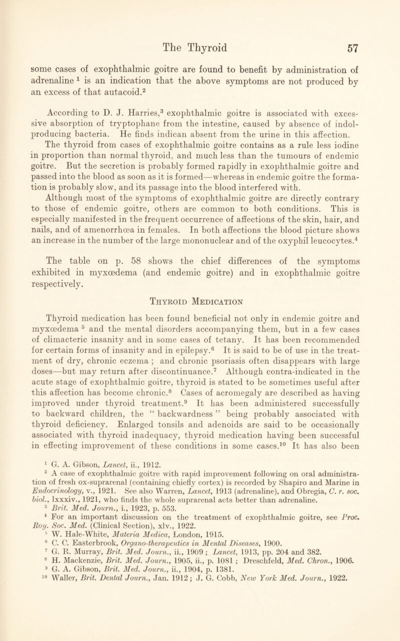 some cases of exophthalmic goitre are found to benefit by administration of adrenaline 1 is an indication that the above symptoms are not produced by an excess of that autacoid.2 According to D. J. Harries,3 exophthalmic goitre is associated with exces¬ sive absorption of tryptophane from the intestine, caused by absence of indol- producing bacteria. He finds indican absent from the urine in this affection. The thyroid from cases of exophthalmic goitre contains as a rule less iodine in proportion than normal thyroid, and much less than the tumours of endemic goitre. But the secretion is probably formed rapidly in exophthalmic goitre and passed into the blood as soon as it is formed—whereas in endemic goitre the forma¬ tion is probably slow, and its passage into the blood interfered with. Although most of the symptoms of exophthalmic goitre are directly contrary to those of endemic goitre, others are common to both conditions. This is especially manifested in the frequent occurrence of affections of the skin, hair, and nails, and of amenorrhoea in females. In both affections the blood picture shows an increase in the number of the large mononuclear and of the oxyphil leucocytes.4 The table on p. 58 shows the chief differences of the symptoms exhibited in myxoedema (and endemic goitre) and in exophthalmic goitre respectively. Thyroid Medication Thyroid medication has been found beneficial not only in endemic goitre and myxoedema 5 and the mental disorders accompanying them, but in a few cases of climacteric insanity and in some cases of tetany. It has been recommended for certain forms of insanity and in epilepsy.6 It is said to be of use in the treat¬ ment of dry, chronic eczema ; and chronic psoriasis often disappears with large doses—but may return after discontinuance.7 Although contra-indicated in the acute stage of exophthalmic goitre, thyroid is stated to be sometimes useful after this affection has become chronic.8 Cases of acromegaly are described as having improved under thyroid treatment.9 It has been administered successfully to backward children, the “ backwardness ” being probably associated with thyroid deficiency. Enlarged tonsils and adenoids are said to be occasionally associated with thyroid inadequacy, thyroid medication having been successful in effecting improvement of these conditions in some cases.10 It has also been 1 G. A. Gibson, Lancet, ii., 1912. 2 A case of exophthalmic goitre with rapid improvement following on oral administra¬ tion of fresh ox-suprarenal (containing chiefly cortex) is recorded by Shapiro and Marine in Endocrinology, v., 1921. See also Warren, Lancet, 1913 (adrenaline), and Obregia, C. r. soc. biol., Ixxxiv., 1921, who finds the whole suprarenal acts better than adrenaline. 3 Brit. Med. Journ., i., 1923, p. 553. 4 For an important discussion on the treatment of exophthalmic goitre, see Proc. Roy. Soc. Med. (Clinical Section), xlv., 1922. 5 W. Hale-White, Materia Medica, London, 1915. 6 C. C. Easterbrook, Organo-therapeutics in Mental Diseases, 1900. 7 G. R. Murray, Brit. Med. Journ., ii., 1909 ; Lancet, 1913, pp. 204 and 382. 8 H. Mackenzie, Brit. Med. Journ., 1905, ii., p. 1081 ; Dreschfeld, Med. Chron., 1906. 3 G. A. Gibson, Brit. Med. Journ., ii., 1904, p. 1381. 10 Waller, Brit. Dental Journ., Jan. 1912; J. G. Cobb, New York Med. Journ., 1922.