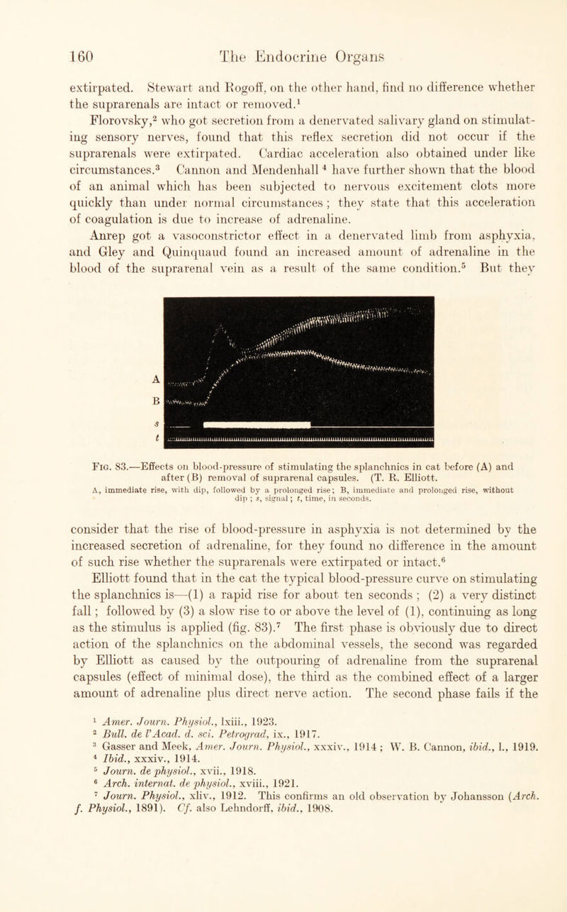extirpated. Stewart and Rogoff, on the other hand, find no difference whether the suprarenals are intact or removed.1 Florovsky,2 who got secretion from a denervated salivary gland on stimulat¬ ing sensory nerves, found that this reflex secretion did not occur if the suprarenals were extirpated. Cardiac acceleration also obtained under like circumstances.3 Cannon and Mendenhall 4 have further shown that the blood of an animal which has been subjected to nervous excitement clots more quickly than under normal circumstances ; they state that, this acceleration of coagulation is due to increase of adrenaline. Anrep got a vasoconstrictor effect in a denervated limb from asphyxia, and Gley and Quinquaud found an increased amount of adrenaline in the blood of the suprarenal vein as a result of the same condition.5 But they Fig. 83.—Effects on blood-pressure of stimulating the splanchnics in cat before (A) and after (B) removal of suprarenal capsules. (T. R. Elliott. A, immediate rise, with dip, followed by a prolonged rise; B, immediate and pi'olonged rise, without dip ; s, signal; t, time, in seconds. consider that the rise of blood-pressure in asphyxia is not determined by the increased secretion of adrenaline, for they found no difference in the amount of such rise whether the suprarenals were extirpated or intact.6 Elliott found that in the cat the typical blood-pressure curve on stimulating the splanchnics is—(1) a rapid rise for about ten seconds ; (2) a very distinct fall; followed by (3) a slow rise to or above the level of (1), continuing as long as the stimulus is applied (fig. 83).7 The first phase is obviously due to direct action of the splanchnics on the abdominal vessels, the second was regarded by Elliott as caused by the outpouring of adrenaline from the suprarenal capsules (effect of minimal dose), the third as the combined effect of a larger amount of adrenaline plus direct nerve action. The second phase fails if the 1 Amer. Journ. Physiol., lxiii., 1923. 2 Bull, de VAcad. d. sci. Petrograd, ix., 1917. 3 Gasser and Meek, Amer. Journ. Physiol., xxxiv., 1914 ; W. B. Cannon, ibid., 1., 1919. 4 Ibid., xxxiv., 1914. 5 Journ. de physiol., xvii., 1918. G Arch, internat. de physiol., xviii., 1921. 7 Journ. Physiol., xliv., 1912. This confirms an old observation by Johansson (Arch, f. Physiol., 1891). Cf. also Lehndorff, ibid., 1908.