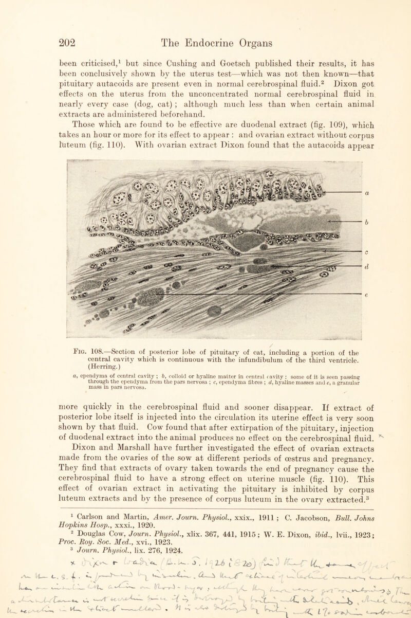 been criticised/ but since Cushing and Goetsch published their results, it has been conclusively shown by the uterus test—which was not then known—that pituitary autacoids are present even in normal cerebrospinal fluid.^ Dixon got effects on the uterus from the unconcentrated normal cerebrospinal fluid in nearly every case (dog, cat) ; although much less than when certain animal extracts are administered beforehand. Those which are found to be effective are duodenal extract (fig. 109), which takes an hour or more for its effect to appear : and ovarian extract without corpus luteum (fig. 110). With ovarian extract Dixon found that the autacoids appear / Fig. 108.—Section of posterior lobe of pituitary of oat, inoluding a portion of the oentral cavity which is continuous with the infundibulum of the third ventricle. (Herring.) a, ependyma of central cavity ; &, colloid or hyaline matter in central cavity : some of it is seen passing through the ependyma from the pars nervosa ; c, ependyma fibres ; d, hyaline masses and e, a granular mass in pars nervosa. more quickly in the cerebrospinal fluid and sooner disappear. If extract of posterior lobe itself is injected into the circulation its uterine effect is very soon shown by that fluid. Cow found that after extirpation of the pituitary, injection of duodenal extract into the animal produces no effect on the cerebrospinal fluid. Dixon and Marshall have further investigated the effect of ovarian extracts made from the ovaries of the sow at different periods of oestrus and pregnancy. They And that extracts of ovary taken towards the end of pregnancy cause the cerebrospinal fluid to have a strong effect on uterine muscle (fig. 110). This effect of ovarian extract in activating the pituitary is inhibited by corpus luteum extracts and by the presence of corpus luteum in the ovary extracted.^ ^ Carlson and Martin, Amer. Journ. Physiol., xxix., 1911 ; C. Jacobson, Bull. Johns Hopkins Hosp., xxxi., 1920. 2 Douglas Cow, Journ. Physiol., xlix. 367, 441, 1915; W. E. Dixon, ibid., Ivii., 1923; Proc. Roy. Soc. Med., xvi., 1923. ^ Journ. Physiol., lix. 276, 1924. \ '' , I LS t & t) C. L.^ .1— «—’—'U. Cu— li: , —< Lt^