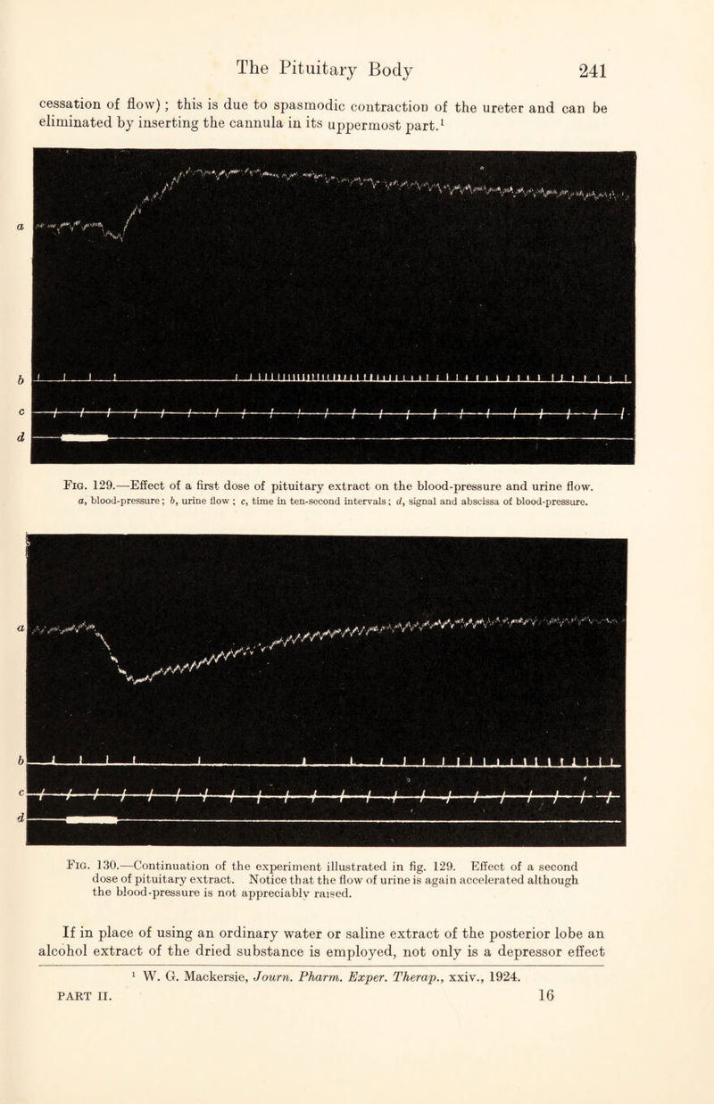 cessation of flow); this is due to spasmodic contractiou of the ureter and can be eliminated by inserting the cannula in its uppermost partd Fig. 129.—Effect of a first dose of pituitary extract on the blood-pressure and urine flow. a, blood-pressure; h, urine flow ; c, time in ten-second intervals; d, signal and abscissa of blood-pressure. Fig. 130.—Continuation of the experiment illustrated in fig. 129. Effect of a second dose of pituitary extract. Notice th at the flow of urine is again accelerated although the blood-pressure is not appreciably raised. If in place of using an ordinary water or saline extract of the posterior lobe an alcohol extract of the dried substance is employed, not only is a depressor effect PAKT II. ^ W. G. Mackersie, Journ. Pharm. Exper. Therap,, xxiv., 1924. 16