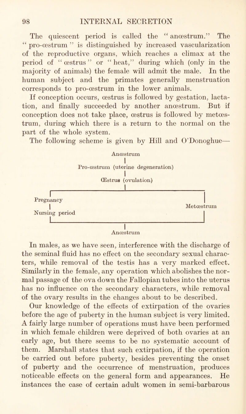 The quiescent period is called the anoestrum.” The “ pro-oestrum ” is distinguished by increased vascularization of the reproductive organs, which reaches a climax at the period of “oestrus” or “heat,” during which (only in the majority of animals) the female will admit the male. In the human subject and the primates generally menstruation corresponds to pro-oestrum in the lower animals. If conception occurs, oestrus is followed by gestation, lacta¬ tion, and finally succeeded by another anoestrum. But if conception does not take place, oestrus is followed by metoes- trum, during which there is a return to the normal on the part of the whole system. The following scheme is given by Hill and O’Donoghue— Ancestrum I Pro-oestrum (uterine degeneration) 1 (Estrus (ovulation) I I Pregnancy 1 Nursing period 1 I Anoestrum Met oestrum In males, as we have seen, interference with the discharge of the seminal fluid has no effect on the secondary sexual charac¬ ters, while removal of the testis has a very marked effect. Similarly in the female, any operation which abolishes the nor¬ mal passage of the ova down the Fallopian tubes into the uterus has no influence on the secondary characters, while removal of the ovary results in the changes about to be described. Our knowledge of the effects of extirpation of the ovaries before the age of puberty in the human subject is very limited. A fairly large number of operations must have been performed in which female children were deprived of both ovaries at an early age, but there seems to be no systematic account of them. Marshall states that such extirpation, if the operation be carried out before puberty, besides preventing the onset of puberty and the occurrence of menstruation, produces noticeable effects on the general form and appearances. He instances the case of certain adult women in semi-barbarous