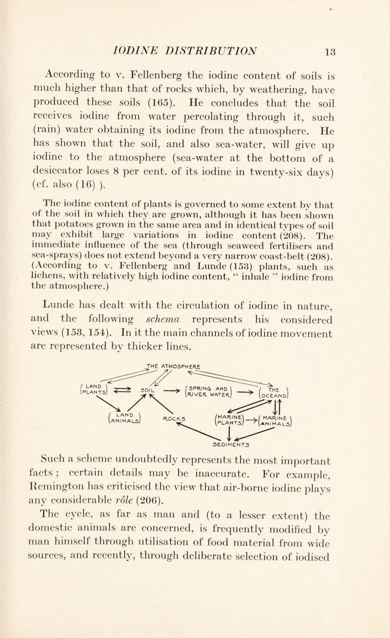 According to v. Fellenberg the iodine content of soils is much higher than that of rocks which, by weathering, have produced these soils (165). He concludes that the soil receives iodine from water percolating through it, such (rain) water obtaining its iodine from the atmosphere. He has shown that the soil, and also sea-water, will give up iodine to the atmosphere (sea-water at the bottom of a desiccator loses 8 per cent, of its iodine in twenty-six days) (cf. also (16) ). The iodine content of plants is governed to some extent by that of the soil in which they are grown, although it has been shown that potatoes grown in the same area and in identical types of soil may exhibit large variations in iodine content (208). The immediate influence of the sea (through seaweed fertilisers and sea-sprays) does not extend beyond a very narrow coast-belt (208). (According to v. Fellenberg and Lunde (153) plants, such as lichens, with relatively high iodine content, “ inhale ” iodine from the atmosphere.) Lunde has dealt with the circulation of iodine in nature, and the following schema represents his considered views (153, 154). In it the main channels of iodine movement are represented by thicker lines. SEDIMENTS Such a scheme undoubtedly represents the most important facts ; certain details may be inaccurate. For example, Remington has criticised the view that air-borne iodine plays any considerable role (206). The cycle, as far as man and (to a lesser extent) the domestic animals are concerned, is frequently modified by man himself through utilisation of food material from wide sources, and recently, through deliberate selection of iodised