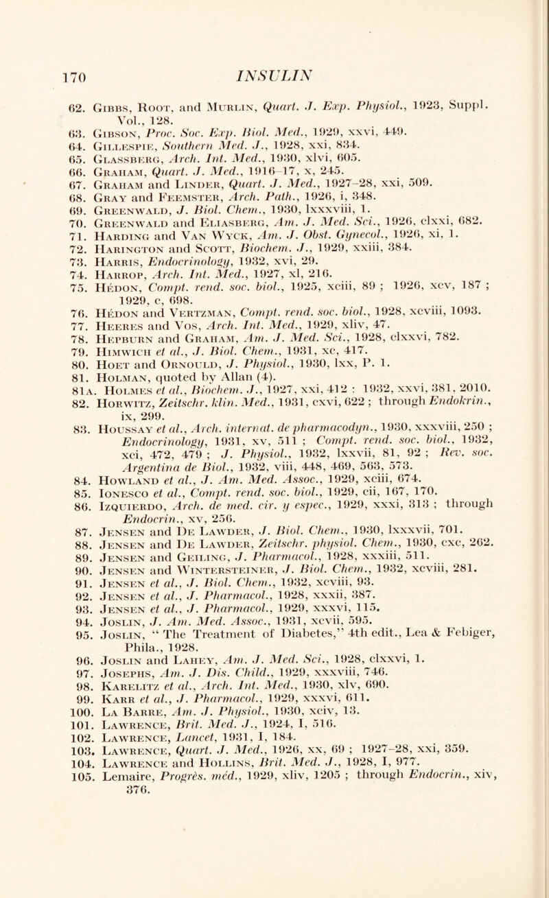 62. Gibbs, Root, and Murlin, Quart. J. Exp. Physiol., 1923, Suppl. Vol., 128. 63. Gibson, Proc. Soc. Exp. Biol. Med., 1929, xxvi, 449. 64. Gillespie, Southern Med. 1928, xxi, 834. 65. Glassberg, Arch. Int. Med., 1930, xlvi, 605. 66. Graham, Quart. J. Med., 1916-17, x, 245. 67. Graham and Linder, Quart. J. Med., 1927-28, xxi, 509. 68. Gray and Feemsteii, Arch. Path., 1926, i, 348. 69. Greenwald, J. Biol. Chem., 1930, lxxxviii, 1. 70. Greenwald and Eliasberg, Am. J. Med. Sci., 1926, clxxi, 682. 71. Harding and Van Wyck, Am. J. Obst. Gynecol., 1926, xi, 1. 72. Harington and Scott, Biochem. J., 1929, xxiii, 384. 73. Harris, Endocrinology, 1932, xvi, 29. 74. Harrop, Arch. Int. Med., 1927, xl, 216. 75. Hedon, Compt. rend. soc. biol., 1925, xciii, 89 ; 1926, xcv, 187 ; 1929, c, 698. 76. Hedon and Vertzman, Compt. rend. soc. biol., 1928, xcviii, 1093. 77. Heeres and Vos, Arch. Int. Med., 1929, xliv, 47. 78. Hepburn and Graham, Am. J. Med. Sci., 1928, clxxvi, 782. 79. Himwich et al., J. Biol. Chem., 1931, xc, 417. 80. Hoet and Oiinould, J. Physiol., 1930, lxx, P. 1. 81. Holman, quoted by Allan (4). 81a. Holmes et al., Biochem. J., 1927, xxi, 412 : 1932, xxvi, 381, 2010. 82. Horwitz, Zeitschr. klin. Med., 1931, cxvi, 622 ; through Endokrin., ix, 299. 83. Houssay et al., Arch, internal, de pharmacodyn., 1930, xxxviii, 250 ; Endocrinology, 1931, xv, 511 ; Compt. rend. soc. biol., 1932, xci, 472, 479 ; J. Physiol., 1932, lxxvii, 81, 92 ; Rev. soc. Argentina de Biol., 1932, viii, 448, 469, 563, 573. 84. Howland et al., J. Am. Med. Assoc., 1929, xciii, 674. 85. Ionesco et al., Compt. rend. soc. biol., 1929, cii, 167, 170. 86. Izquierdo, Arch, de med. cir. y espec., 1929, xxxi, 313 ; through Endocrin., xv, 256. 87. Jensen and De Lawder, J. Biol. Chem., 1930, lxxxvii, 701. 88. Jensen and De Lawder, Zeitschr. physiol. Chem., 1930, cxc, 262. 89. Jensen and Geiling, J. Pharmacol., 1928, xxxiii, 511. 90. Jensen and Wintersteiner, J. Biol. Chem., 1932, xcviii, 281. 91. Jensen et al., J. Biol. Chem., 1932, xcviii, 93. 92. Jensen et al., J. Pharmacol., 1928, xxxii, 387. 93. Jensen et al., J. Pharmacol., 1929, xxxvi, 115. 94. Joslin, J. Am. Med. Assoc., 1931, xcvii, 595. 95. Joslin, “ The Treatment of Diabetes,” 4th edit., Lea & Febiger, Phila., 1928. 96. Joslin and Lahey, Am. J. Med. Sci., 1928, clxxvi, 1. 97. Josephs, Am. J. Dis. Child., 1929, xxxviii, 746. 98. Karelitz et al., Arch. Int. Med., 1930, xlv, 690. 99. Karr et al., J. Pharmacol., 1929, xxxvi, 611. 100. La Barre, Am. J. Physiol., 1930, xciv, 13. 101. Lawrence, Brit. Med. J., 1924, I, 516. 102. Lawrence, Lancet, 1931, I, 184. 103. Lawrence, Quart. J. Med., 1926, xx, 69 ; 1927-28, xxi, 359. 104. Lawrence and Hollins, Brit. Med. J., 1928, I, 977. 105. Lemaire, Progres. med., 1929, xliv, 1205 ; through Endocrin., xiv, 376.