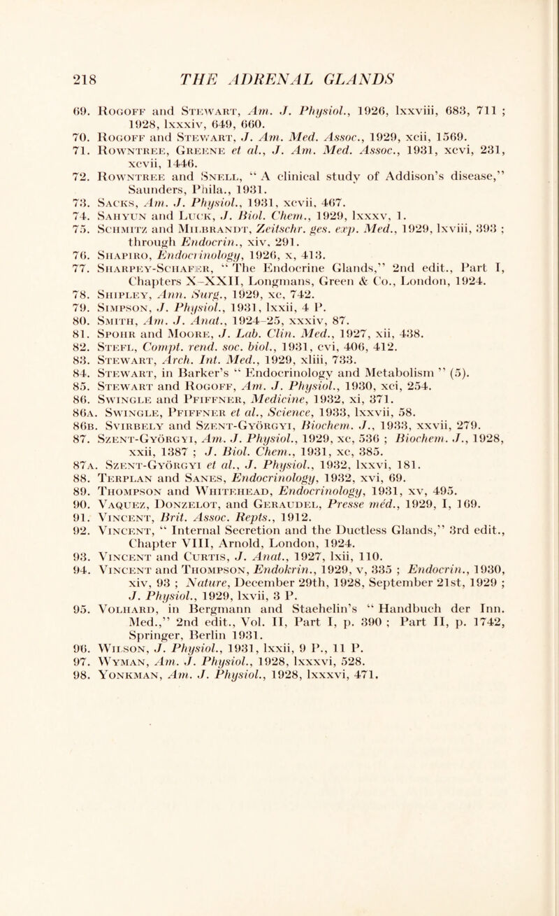 69. Rogoff and Stewart, Am. J. Physiol., 1926, lxxviii, 683, 711 ; 1928, lxxxiv, 649, 660. 70. Rogoff and Stewart, J. Am. Med. Assoc., 1929, xcii, 1569. 71. Rowntree, Greene et cd., J. Am. Med. Assoc., 1931, xcvi, 231, xcvii, 1446. 72. Rowntree and Snell, “ A clinical study of Addison’s disease,” Saunders, Phila., 1931. 73. Sacks, Am. J. Physiol., 1931, xevii, 467. 74. Sahyun and Luck, ,J. Biol. Chem., 1929, lxxxv, 1. 75. Schmitz and Milbrandt, Zeitschr. ges. exp. Med., 1929, lxviii, 393 ; through Endocrin., xiv. 291. 76. Shapiro, Endocrinology, 1926, x, 413. 77. Sharpey-Schafer, “ The Endocrine Glands,” 2nd edit., Part I, Chapters X.-XXII, Longmans, Green & Co., London, 1924. 78. Shipley, Ann. Burg., 1929, xc, 742. 79. Simpson, J. Physiol., 1931, lxxii, 4 P. 80. Smith, Am. J. Anat., 1924-25, xxxiv, 87. 81. Spohr and Moore, J. Lab. Clin. Med., 1927, xii, 438. 82. Stefl, Compt. rend. soc. biol., 1931, cvi, 406, 412. 83. Stewart, Arch. Int. Med., 1929, xliii, 733. 84. Stewart, in Barker’s “ Endocrinology and Metabolism ” (5). 85. Stewart and Rogoff, Am. J. Physiol., 1930, xci, 254. 86. Swingle and Pfiffner, Medicine, 1932, xi, 371. 86a. Swingle, Pfiffner et cd., Science, 1933, lxxvii, 58. 86b. Svirbely and Szent-Gyorgyi, Biochem. J., 1933, xxvii, 279. 87. Szent-Gyorgyi, Am. J. Physiol., 1929, xc, 536 ; Biochem. J., 1928, xxii, 1387 ; J. Biol. Chem., 1931, xc, 385. 87a. Szent-Gyorgyi et cd., J. Physiol., 1932, lxxvi, 181. 88. Terplan and Sanes, Endocrinology, 1932, xvi, 69. 89. Thompson and Whitehead, Endocrinology, 1931, xv, 495. 90. Vaquez, Donzelot, and Geraudel, Presse med., 1929, I, 169. 91. Vincent, Brit. Assoc. Repts., 1912. 92. Vincent, “ Internal Secretion and the Ductless Glands,” 3rd edit., Chapter VIII, Arnold, London, 1924. 93. Vincent and Curtis, J. Anat., 1927, lxii, 110. 94. Vincent and Thompson, Endokrin., 1929, v, 335 ; Endocrin., 1930, xiv, 93 ; Nature, December 29th, 1928, September 21st, 1929 ; J. Physiol., 1929, lxvii, 3 P. 95. Voliiard, in Bergmann and Staehelin’s “ Handbuch der Inn. Med.,” 2nd edit., Vol. II, Part I, p. 390 ; Part II, p. 1742, Springer, Berlin 1931. 96. Wilson, J. Physiol., 1931, lxxii, 9 P., IIP. 97. Wyman, Am. J. Physiol., 1928, lxxxvi, 528. 98. Yonkman, Am. J. Physiol., 1928, lxxxvi, 471,