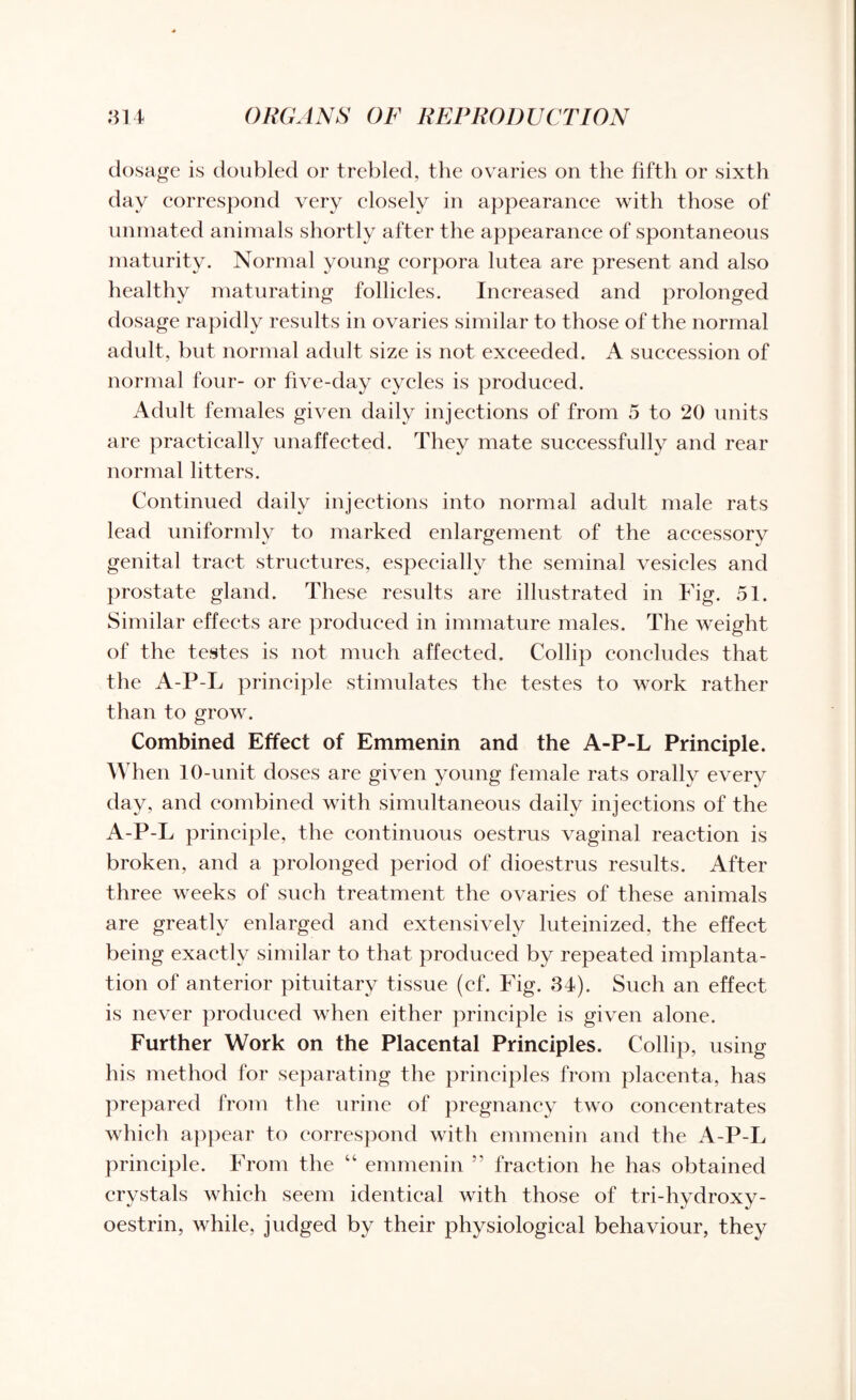 dosage is doubled or trebled, the ovaries on the fifth or sixth day correspond very closely in appearance with those of unmated animals shortly after the appearance of spontaneous maturity. Normal young corpora lutea are present and also healthy maturating follicles. Increased and prolonged dosage rapidly results in ovaries similar to those of the normal adult, but normal adult size is not exceeded. A succession of normal four- or five-day cycles is produced. Adidt females given daily injections of from 5 to 20 units are practically unaffected. They mate successfully and rear normal litters. Continued daily injections into normal adult male rats lead uniformly to marked enlargement of the accessory genital tract structures, especially the seminal vesicles and prostate gland. These results are illustrated in Fig. 51. Similar effects are produced in immature males. The weight of the testes is not much affected. Collip concludes that the A-P-L principle stimulates the testes to work rather than to grow. Combined Effect of Emmenin and the A-P-L Principle. When 10-unit doses are given young female rats orally every day, and combined with simultaneous daily injections of the A-P-L principle, the continuous oestrus vaginal reaction is broken, and a prolonged period of dioestrus results. After three weeks of such treatment the ovaries of these animals are greatly enlarged and extensively luteinized, the effect being exactly similar to that produced by repeated implanta¬ tion of anterior pituitary tissue (cf. Fig. 34). Such an effect is never produced when either principle is given alone. Further Work on the Placental Principles. Collip, using his method for separating the principles from placenta, has prepared from the urine of pregnancy two concentrates which appear to correspond with emmenin and the A-P-L principle. From the “ emmenin ” fraction he has obtained crystals which seem identical with those of tri-hydroxy- oestrin, while, judged by their physiological behaviour, they