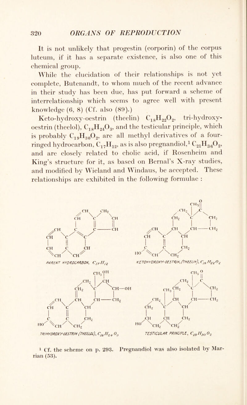 It is not unlikely that progestin (corporin) of the corpus luteum, if it has a separate existence, is also one of this chemical group. While the elucidation of their relationships is not yet complete, Butenandt, to whom much of the recent advance in their study has been due, has put forward a scheme of interrelationship which seems to agree well with present knowledge (6, 8) (Cf. also (89).) Keto-hydroxy-oestrin (theelin) C18H2202, tri-hydroxy- oestrin (theelol), C18H2403, and the testicular principle, which is probably C19H30O2, are all methyl derivatives of a lour- ringed hydrocarbon, C17H12, as is also pregnandiol,1 C21H3602, and are closely related to cholic acid, if Rosenheim and King’s structure for it, as based on Bernal s X-ray studies, and modified by Wieland and Windaus, be accepted. These relationships are exhibited in the following formulae : CH, o CH .CH CHo \ / \ ✓ CH, / \ CH C CH II II CH2 < : ch2 C II II C-CH .CH CH ( :h-ch2 S \ / \ X ^C' CH C CH CH V C CH •CH CH P/1 RE NT HYDROCARBON, C17Hi2 OH H° ^CH'^^CH^ CH; KETOHYDROXY-OESTRJNjTHEEUh'), CJS H22QZ CH, CH o .CH., CH, V CH .CH, .CH .CH CH- ^ \ / \ / CH C CH CH—OH -CH, CH, y\ HO C C CH, /\ / CH XCH2 TRIHYDROXY-OESTRIN (THEELOL), CJ6H2_± 03 CH .CH HO C CH CH CH- ' vv ch2 CH, CH, 'ch2 ch2 TESTICULAR PRINCIPLE, Cjg II30 02 1 Cf. the scheme on p. 293. Pregnandiol was also isolated by Mar- rian (53).
