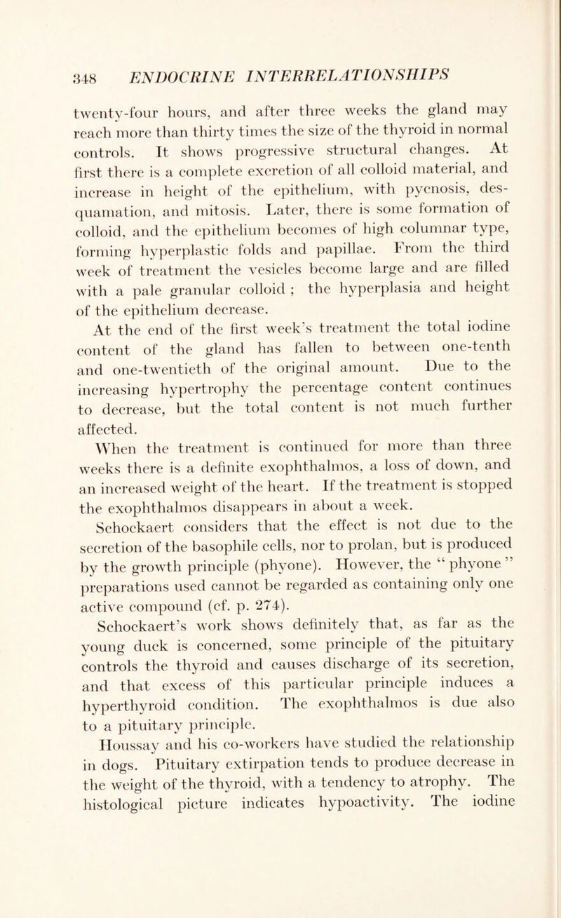 twenty-four hours, and after three weeks the gland may reach more than thirty times the size of the thyroid in normal controls. It shows progressive structural changes. At first there is a complete excretion of all colloid material, and increase in height of the epithelium, with pycnosis, des¬ quamation, and mitosis. Later, there is some formation of colloid, and the epithelium becomes of high columnar type, forming hyperplastic folds and papillae. From the third week of treatment the vesicles become large and are filled with a pale granular colloid ; the hyperplasia and height of the epithelium decrease. At the end of the first week’s treatment the total iodine content of the gland has fallen to between one-tenth and one-twentieth of the original amount. Due to the increasing hypertrophy the percentage content continues to decrease, but the total content is not much further affected. When the treatment is continued for more than three weeks there is a definite exophthalmos, a loss of down, and an increased weight of the heart. If the treatment is stopped the exophthalmos disappears in about a week. Schoekaert considers that the effect is not due to the secretion of the basophile cells, nor to prolan, but is produced by the growth principle (phvone). However, the “ phyone ” preparations used cannot be regarded as containing only one active compound (cf. p. 274). Schoekaert,’s work shows definitely that, as far as the young duck is concerned, some principle of the pituitary controls the thyroid and causes discharge of its secretion, and that excess of this particular principle induces a hyperthyroid condition. The exophthalmos is due also to a pituitary principle. Houssav and his co-workers have studied the relationship in dogs. Pituitary extirpation tends to produce decrease in the weight of the thyroid, with a tendency to atrophy. The histological picture indicates hypoactivity. The iodine