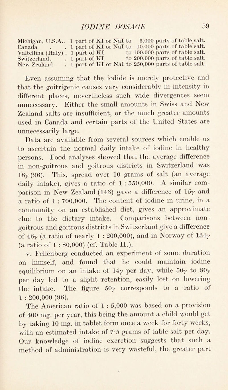 Michigan, U.S.A.. 1 part of KI or Nal to 5,000 parts of tablysalt. Canada . . 1 part of KI or Nal to 10,000 parts of table salt. Valtellina (Italy) . 1 part of KI to 100,000 parts of table salt. Switzerland. . 1 part of KI to 200,000 parts of table salt. New Zealand . 1 part of KI or Nal to 250,000 parts of table salt. Even assuming that the iodide is merely protective and that the goitrigenic causes vary considerably in intensity in different places, nevertheless such wide divergences seem unnecessary. Either the small amounts in Swiss and New Zealand salts are insufficient, or the much greater amounts used in Canada and certain parts of the United States are unnecessarily large. Data are available from several sources which enable us to ascertain the normal daily intake of iodine in healthy persons. Food analyses showed that the average difference in non-goitrous and goitrous districts in Switzerland was 18y (96). This, spread over 10 grams of salt (an average daily intake), gives a ratio of 1 : 550,000. A similar com¬ parison in New Zealand (143) gave a difference of 15y and a ratio of 1 : 700,000. The content of iodine in urine, in a community on an established diet, gives an approximate clue to the dietary intake. Comparisons between non- goitrous and goitrous districts in Switzerland give a difference of 46y (a ratio of nearly 1 : 200,000), and in Norway of 134y (a ratio of 1 : 80,000) (cf. Table II.). v. Fellenberg conducted an experiment of some duration on himself, and found that he could maintain iodine equilibrium on an intake of 14y per day, while 50y to 80y per day led to a slight retention, easily lost on lowering the intake. The figure 50y corresponds to a ratio of 1 : 200,000 (96). The American ratio of 1 : 5,000 was based on a provision of 400 mg. per year, this being the amount a child would get by taking 10 mg. in tablet form once a week for forty weeks, with an estimated intake of 7-5 grams of table salt per day. Our knowledge of iodine excretion suggests that such a method of administration is very wasteful, the greater part