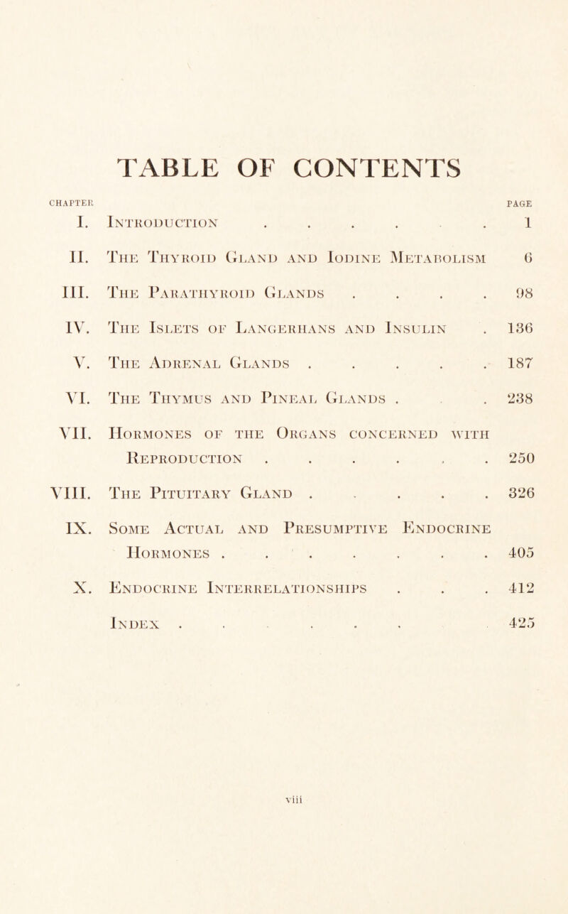 TABLE OF CONTENTS CHAPTER PAGE I. Introduction ...... 1 II. T he Thyroid Gland and Iodine Metabolism 6 III. The Parathyroid Glands .... 98 IV. T he Islets of Langerhans and Insulin . 136 V. The Adrenal Glands . . . . .187 VI. The Thymus and Pineal Glands . . 238 VII. Hormones of the Organs concerned with Reproduction ...... 250 VIII. The Pituitary Gland ..... 326 IX. Some Actual and Presumptive Endocrine Hormones ....... 405 X. Endocrine Interrelationships . . .412 Index 425